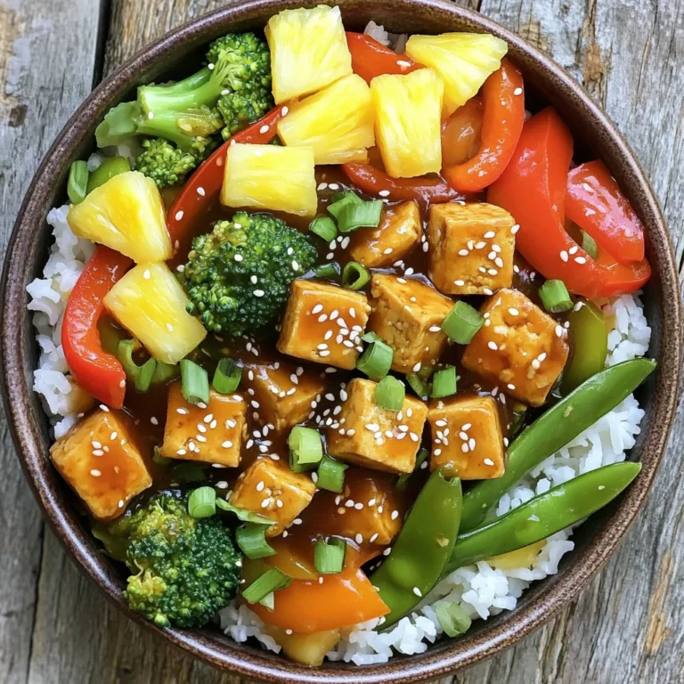To make sweet and sour tofu bowls, you'll need these key ingredients: - 1 block (14 oz) firm tofu, drained and pressed - 2 tablespoons cornstarch - 2 tablespoons vegetable oil - 1 bell pepper, diced (any color) - 1 cup broccoli florets - 1 cup snap peas - 1 cup pineapple chunks (fresh or canned) - 3 tablespoons soy sauce - 2 tablespoons rice vinegar - 3 tablespoons honey or maple syrup - 1 teaspoon garlic, minced - 1 tablespoon ginger, grated - Sesame seeds and chopped green onions for garnish These ingredients create a tasty balance of sweet and sour flavors. The tofu adds protein while the vegetables provide crunch and color. Feel free to customize your sweet and sour tofu bowls with these optional ingredients: - Carrots, sliced thinly - Red onion, diced - Cashews or peanuts for added crunch - Cooked rice or quinoa as a base - Lime wedges for extra zest Using these optional ingredients can make your dish even better. Mix and match to suit your taste. Each serving of sweet and sour tofu bowls offers a good balance of nutrients. Here’s a quick look: - Calories: About 300 - Protein: 15 grams - Carbohydrates: 40 grams - Fat: 10 grams - Fiber: 5 grams This dish is not only delicious but also healthy. It's a great way to enjoy a meal packed with flavor and nutrition. First, you need to prepare the tofu. Start with one block of firm tofu. Drain it and press it to remove extra water. This helps the tofu absorb flavors. Cut the tofu into small cubes. Next, toss the cubes in cornstarch until they are fully coated. This will help them get crispy when cooked. Now it’s time to pan-fry the tofu. Heat two tablespoons of vegetable oil in a large skillet over medium heat. Once the oil is hot, carefully add the tofu cubes. Cook them for about three to four minutes on each side. You want them to be golden and crispy. After cooking, remove the tofu from the skillet and set it aside on a plate. In the same skillet, add your diced bell pepper, broccoli florets, and snap peas. Sauté these veggies for about three to four minutes. You want them to be tender but still crisp. While the veggies cook, mix the sauce in a small bowl. Whisk together soy sauce, rice vinegar, honey or maple syrup, minced garlic, and grated ginger. Once the veggies are ready, return the tofu to the skillet. Pour the sauce over everything and gently stir to combine. Cook for an additional two to three minutes. This allows the sauce to thicken and coat the tofu and veggies. Finally, fold in the pineapple chunks and cook for one more minute to warm them up. Now you're ready to serve! To make crispy tofu, start with firm tofu. It holds its shape well. Press it to remove extra water. This step helps the tofu get crispy. Coat the cubes in cornstarch. This gives a nice crunch when cooked. Use hot vegetable oil in your skillet. Fry the tofu cubes for 3-4 minutes on each side. Watch them closely; you want a golden color. For a tasty sauce, mix soy sauce, rice vinegar, honey, garlic, and ginger. This combo makes a sweet and tangy flavor. Adjust the honey or maple syrup based on your taste. You can add some chili flakes for heat. If you prefer a thicker sauce, cook it longer. This will enhance the dish's richness. Serve your sweet and sour tofu over rice or quinoa. This adds a nice base to your dish. Garnish with sesame seeds and chopped green onions. This not only looks great but adds extra flavor. A lime wedge on the side gives a fresh touch. You might also consider adding sliced avocado for creaminess. Enjoy your beautiful and tasty creation! {{image_2}} If you want to change the protein in your sweet and sour tofu bowls, consider using tempeh. Tempeh has a nutty taste and a firm texture. You can also use seitan, which is chewy and absorbs flavors well. For a heartier option, try chickpeas. They add great texture and protein. Just remember to adjust cooking times based on the protein you choose. You can mix up the veggies in your bowls too. Instead of bell peppers, use zucchini or carrots for a new twist. Cauliflower works great as an alternative to broccoli. Swap snap peas with green beans for a crunchy bite. Adding mushrooms can give a rich flavor to your dish. Feel free to use whatever veggies you have on hand! Experiment with flavors by trying different sauces. For a spicy kick, add sriracha or chili paste to the sauce. You can also use hoisin sauce for a sweeter, thicker sauce. Swap rice vinegar for apple cider vinegar for a fruity note. If you love citrus, add some fresh lime juice to brighten up the dish. Each sauce change can give your meal a new life! To store leftover sweet and sour tofu bowls, let them cool down. Use an airtight container. Place the tofu and vegetables in it. You can keep them in the fridge for up to three days. If you want to store them longer, consider freezing. When reheating, use a skillet for best results. Heat the skillet over medium heat. Add a splash of water or oil to prevent sticking. Stir often until heated through. You can also use a microwave, but the tofu might not stay crispy. Cover the bowl with a microwave-safe lid. Heat for about one to two minutes. You can freeze sweet and sour tofu bowls. Place them in a freezer-safe container. They can last up to three months in the freezer. When ready to eat, thaw in the fridge overnight. Reheat in a skillet for the best texture. This way, you’ll enjoy a delicious meal anytime! To press tofu, first wrap it in a clean kitchen towel. Place a cutting board on top. Add a heavy object, like a pot or a few cans, to drain excess water. Let it sit for about 15 to 30 minutes. This helps tofu absorb flavors better. Yes, you can use low-sodium soy sauce. It will cut down on salt. The flavor will still be great. Just adjust the amount if you want a stronger taste. Serve your sweet and sour tofu bowls over cooked rice or quinoa. You can also try it with noodles. Top with sesame seeds and chopped green onions for a nice touch. A wedge of lime on the side adds a fresh zing. Enjoy your colorful and tasty meal! You learned about key ingredients for sweet and sour tofu bowls and how to prepare them. I shared tips for getting crispy tofu and making the best sauce. Don't forget that you can customize these bowls with different proteins and veggies. Storing leftovers is easy, and reheating keeps the flavors fresh. I hope you feel ready to try this tasty dish. Enjoy your cooking, and make it your own!