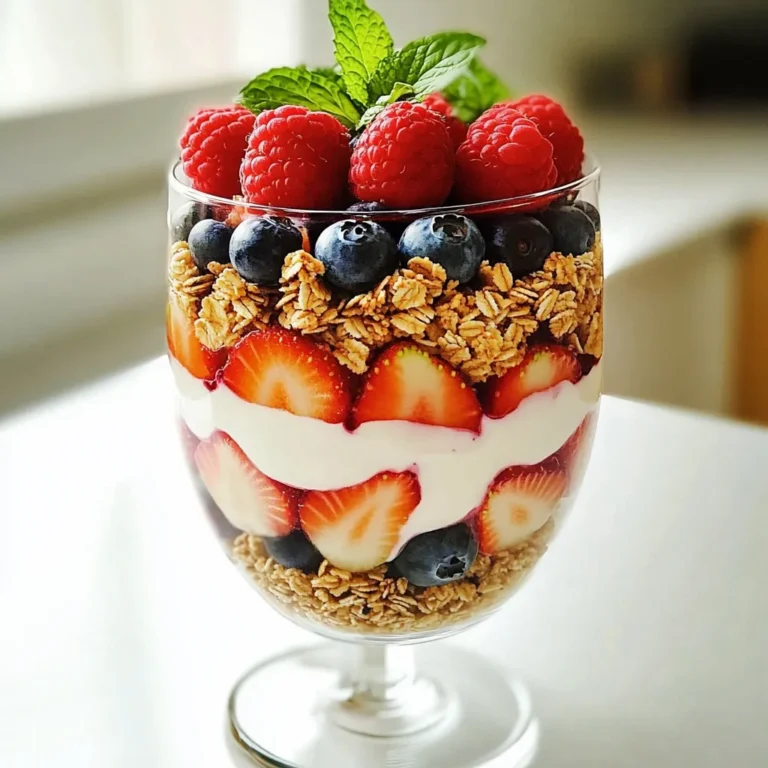 To make a Greek yogurt berry parfait, gather these ingredients: - 2 cups Greek yogurt (plain or flavored) - 1 cup mixed berries (strawberries, blueberries, raspberries) - 1 cup granola (preferably honey-flavored) - 2 tablespoons honey or maple syrup - 1 teaspoon vanilla extract - Fresh mint leaves for garnish (optional) Each ingredient plays a key role in creating this delightful treat. Greek yogurt serves as a creamy base. It is rich in protein and makes the parfait satisfying. The mixed berries add a burst of flavor and a pop of color. I love using a mix of strawberries, blueberries, and raspberries for the best taste. Granola gives the parfait a nice crunch. I prefer honey-flavored granola for added sweetness. Honey or maple syrup sweetens the yogurt. You can adjust the amount based on your taste. Vanilla extract adds a lovely aroma and depth to the flavor. The fresh mint leaves are optional but add a nice touch. They make the parfait look pretty and add a fresh taste. Enjoy assembling these ingredients for a fun and tasty experience! First, grab a medium bowl. Add 2 cups of Greek yogurt into the bowl. Next, pour in 2 tablespoons of honey or maple syrup. Then, add 1 teaspoon of vanilla extract. Stir the mixture well. You want it to be smooth and creamy. This step is key for taste and texture. A good yogurt mixture makes the parfait shine. Now, let’s wash the mixed berries. Rinse 1 cup of berries under cold water. This includes strawberries, blueberries, and raspberries. Make sure they are clean and dry. If you use strawberries, slice them into smaller pieces. Cut them into quarters for easy eating. This helps mix the flavors in every bite. Grab a glass or parfait dish to layer your treat. Start with a big spoonful of the yogurt mixture at the bottom. Next, add a layer of mixed berries on top. Then, sprinkle a layer of granola, about 1/3 cup. Repeat this process. Keep adding layers until the glass is full. Finish with berries and a sprinkle of granola on top. For a pop of color, add fresh mint leaves as a garnish. This makes your parfait look even tastier! - Best glassware for parfaits: Use clear glasses or mason jars. These let you see the layers. They make your parfait look tasty and fun. - Creative layer designs: Try different colors and textures. Start with yogurt, then berries, and finish with granola. Mix it up to keep it interesting! - Incorporating nuts or seeds: Add nuts like almonds or walnuts. They give a nice crunch and healthy fats. Seeds like pumpkin or sunflower also add texture and nutrients. - Adding chia seeds for nutrition: Chia seeds are small but mighty. They pack fiber and omega-3s. Mix in a tablespoon to boost health benefits. - Best times to enjoy a parfait: Parfaits are great for breakfast or a snack. They can also work as a light dessert. - Pairing with other meals or snacks: Serve with toast, oatmeal, or a smoothie. Parfaits also pair well with coffee or tea for a refreshing treat. {{image_2}} You can switch up the berries based on the season. In summer, try adding peaches and cherries. They add a sweet twist. Slice peaches and pit cherries to make them easy to layer. In fall, apples and pears work great. Chop them into small pieces to mix with yogurt. These fruits bring a cozy feel to your parfait. If you want a vegan option, use dairy-free yogurt. It still tastes creamy and delicious. You can also try cottage cheese instead of yogurt. Just blend it until smooth. This option is high in protein and adds a nice texture to the layers. For a sugar-free option, use agave nectar or stevia. Both add sweetness without the extra sugar. You can also try flavored syrups. They can give your parfait a fun twist. Just remember to adjust the amount based on your taste. Each sweetener changes the parfait’s flavor, so feel free to experiment! Store any leftover parfait in an airtight container. This keeps it fresh and tasty. You can keep it in the fridge for about 1 to 2 days. The yogurt and berries will stay good, but the granola may get soft. You can make parfait layers ahead of time. Prepare the yogurt mixture and wash the berries. Store the yogurt and berries in separate containers. Keep granola in a dry place. This way, you can assemble your parfait just before serving. You can freeze the Greek yogurt if you have extra. Place it in a freezer-safe container. It can last for up to 2 months. When you want to use it, defrost it in the fridge overnight. Stir well to bring back its creamy texture. Yes, you can use frozen berries. They are easy to find and great in parfaits. To prepare them, first thaw the berries in a bowl. You can microwave them for a minute or let them sit at room temp. Once they are soft, drain any extra juice. This way, your parfait stays nice and not too watery. Greek yogurt is healthy and tasty. It offers protein, calcium, and probiotics. These help with digestion and keep you feeling full. However, some people have lactose intolerance or dairy allergies. If you have these issues, try dairy-free yogurt instead. Always check labels to be sure it fits your needs. You can make your parfait more filling by adding nuts or seeds. Almonds, walnuts, or chia seeds boost nutrition and healthy fats. You can also mix in protein powder or nut butter. This adds flavor and keeps you satisfied longer. In this article, I covered how to make a delicious yogurt parfait with simple steps. We looked at essential ingredients, from Greek yogurt to mixed berries and granola. I shared tips for layering and serving and even explored variations for different seasons. Remember, you can customize your parfait to fit your taste and nutritional needs. Whether you enjoy it for breakfast or a snack, this dish is easy and fun to make. Enjoy your healthy treat and get creative with new flavors!