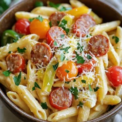 - 12 oz penne pasta - 1 lb smoked sausage (chicken or turkey preferred), sliced - 1 tablespoon olive oil - 1 medium onion, diced - 3 cloves garlic, minced - 1 bell pepper (red or green), chopped - 1 cup cherry tomatoes, halved - 2 cups chicken broth - 1 cup heavy cream - 2 teaspoons Cajun seasoning - Salt and pepper to taste - 1 cup shredded Parmesan cheese First, heat one tablespoon of olive oil in a large pot over medium heat. Add the sliced smoked sausage. Cook it for about five minutes until it is nicely browned. This step adds great flavor to the dish. Once browned, take the sausage out and set it aside. Leave the tasty fat in the pot for later. Now it’s time for the vegetables. In the same pot, add one medium diced onion and one chopped bell pepper. Cook these for about three to four minutes. You want them softened but still bright. Next, add three minced garlic cloves and one cup of halved cherry tomatoes. Sauté this mix for another minute. The aroma will fill your kitchen! Pour in two cups of chicken broth next. Then, add the 12 ounces of penne pasta and two teaspoons of Cajun seasoning. Stir everything together. Bring this to a boil, then reduce the heat to medium-low. Cover the pot and let it simmer for about ten minutes. Stir occasionally until the pasta is al dente and most of the liquid is absorbed. Once the pasta is cooked, stir in one cup of heavy cream and the browned sausage. Mix well and let it cook for another two to three minutes. This will help the sauce thicken slightly. Finally, remove the pot from the heat and fold in one cup of shredded Parmesan cheese. This will make your dish rich and creamy. Taste it and add salt and pepper as needed. Let it sit for a couple of minutes before serving. This allows the sauce to thicken even more. Enjoy your creamy Cajun delight! - Cooking pasta al dente: To get the best pasta, cook it just until firm. Follow the package instructions but start checking a minute early. The pasta should have a slight bite, not mushy. This keeps it from overcooking when mixed with the sauce. - Seasoning adjustments: Taste your pasta dish as it cooks. You can add more salt or Cajun seasoning as needed. Adjusting the flavor helps each bite taste great. - Adding more cream or cheese: To make it creamier, stir in more heavy cream or cheese. Adding an extra half cup of cream or cheese can make a big difference. This gives your dish a richer taste. - Balancing flavors with spices: If the dish tastes too rich, add a pinch of Cajun seasoning or a squeeze of lemon juice. This will help balance the flavors and keep it fresh. - Ideal garnishes: Top your pasta with chopped parsley for color and flavor. A sprinkle of extra Parmesan cheese adds a nice touch too. These simple garnishes make your dish look and taste better. - Recommended sides: Serve the pasta with a simple green salad or garlic bread. These sides complement the creamy pasta well. They also add texture and freshness to your meal. {{image_2}} You can switch up your sausage for different flavors. Try spicy Italian or andouille sausage for a bold taste. Chicken or turkey sausage works well too if you want lighter options. For pasta, consider whole wheat or gluten-free penne. Whole wheat adds fiber and a nutty flavor. Gluten-free pasta makes the dish accessible for those with dietary needs. Adjust the heat by adding more or less Cajun seasoning. If you want it spicier, increase the seasoning a little at a time. Add chopped jalapeños or red pepper flakes for extra heat. On the other hand, decrease the Cajun seasoning for a milder dish. You can also mix in smoked paprika for a unique twist. You can make this dish in an Instant Pot or slow cooker. For the Instant Pot, use the sauté function first, then cook the pasta with broth and cream under high pressure. In a slow cooker, brown the sausage and veggies first, then combine them with other ingredients and cook on low. For stovetop efficiency, use a large pot. This helps cook everything evenly and saves time. To store your One Pot Creamy Cajun Sausage Pasta, let it cool first. Place it in an airtight container. This keeps moisture in and prevents odors from mixing. You can store it in the fridge for up to 3 days. Make sure to label the container with the date. This way, you know how fresh it is! If you want to save some for later, freezing is a great option. Use a freezer-safe container or a resealable bag. Remove as much air as you can to prevent freezer burn. This dish can stay fresh in the freezer for up to 2 months. When you're ready to eat, thaw it overnight in the fridge. Reheat on the stove over low heat. Add a splash of chicken broth or cream to bring back its creamy texture. Stir often to prevent sticking. Enjoy your meal with minimal effort! Yes, you can use other pasta shapes. Some great options are: - Fusilli - Farfalle - Rotini These shapes hold sauces well. Choose what you have on hand. Just keep the cooking time in mind. Thicker pasta may need more time to cook. To add more heat, try these tips: - Increase Cajun seasoning by one teaspoon. - Add red pepper flakes to taste. - Mix in chopped jalapeños or hot sauce. These steps will boost the spice level. Adjust to fit your taste. Yes, you can easily make this dish vegetarian. Here are some ideas: - Replace sausage with plant-based sausage or mushrooms. - Use coconut cream or cashew cream instead of heavy cream. These swaps keep the dish creamy and flavorful. You can still enjoy a hearty meal without meat. This dish combines rich flavors and textures from simple ingredients. You learned how to prepare a creamy pasta with sausage, colorful veggies, and spices. Remember to cook the pasta just right and adjust the spice level to fit your taste. You can also swap ingredients for a personal touch or try new cooking methods. Store leftovers properly to enjoy later. With these tips, you can create a meal everyone will love. Enjoy your cooking adventure!