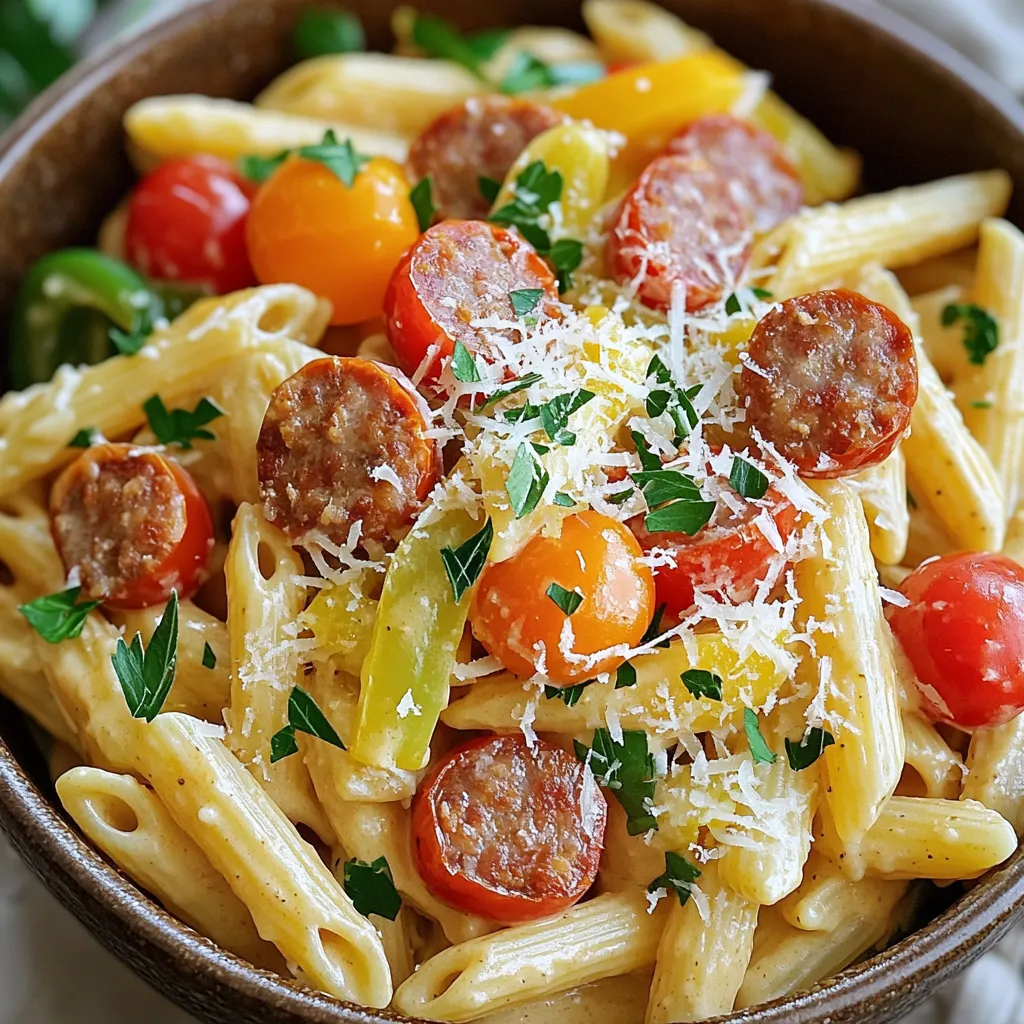 - 12 oz penne pasta - 1 lb smoked sausage (chicken or turkey preferred), sliced - 1 tablespoon olive oil - 1 medium onion, diced - 3 cloves garlic, minced - 1 bell pepper (red or green), chopped - 1 cup cherry tomatoes, halved - 2 cups chicken broth - 1 cup heavy cream - 2 teaspoons Cajun seasoning - Salt and pepper to taste - 1 cup shredded Parmesan cheese First, heat one tablespoon of olive oil in a large pot over medium heat. Add the sliced smoked sausage. Cook it for about five minutes until it is nicely browned. This step adds great flavor to the dish. Once browned, take the sausage out and set it aside. Leave the tasty fat in the pot for later. Now it’s time for the vegetables. In the same pot, add one medium diced onion and one chopped bell pepper. Cook these for about three to four minutes. You want them softened but still bright. Next, add three minced garlic cloves and one cup of halved cherry tomatoes. Sauté this mix for another minute. The aroma will fill your kitchen! Pour in two cups of chicken broth next. Then, add the 12 ounces of penne pasta and two teaspoons of Cajun seasoning. Stir everything together. Bring this to a boil, then reduce the heat to medium-low. Cover the pot and let it simmer for about ten minutes. Stir occasionally until the pasta is al dente and most of the liquid is absorbed. Once the pasta is cooked, stir in one cup of heavy cream and the browned sausage. Mix well and let it cook for another two to three minutes. This will help the sauce thicken slightly. Finally, remove the pot from the heat and fold in one cup of shredded Parmesan cheese. This will make your dish rich and creamy. Taste it and add salt and pepper as needed. Let it sit for a couple of minutes before serving. This allows the sauce to thicken even more. Enjoy your creamy Cajun delight! - Cooking pasta al dente: To get the best pasta, cook it just until firm. Follow the package instructions but start checking a minute early. The pasta should have a slight bite, not mushy. This keeps it from overcooking when mixed with the sauce. - Seasoning adjustments: Taste your pasta dish as it cooks. You can add more salt or Cajun seasoning as needed. Adjusting the flavor helps each bite taste great. - Adding more cream or cheese: To make it creamier, stir in more heavy cream or cheese. Adding an extra half cup of cream or cheese can make a big difference. This gives your dish a richer taste. - Balancing flavors with spices: If the dish tastes too rich, add a pinch of Cajun seasoning or a squeeze of lemon juice. This will help balance the flavors and keep it fresh. - Ideal garnishes: Top your pasta with chopped parsley for color and flavor. A sprinkle of extra Parmesan cheese adds a nice touch too. These simple garnishes make your dish look and taste better. - Recommended sides: Serve the pasta with a simple green salad or garlic bread. These sides complement the creamy pasta well. They also add texture and freshness to your meal. {{image_2}} You can switch up your sausage for different flavors. Try spicy Italian or andouille sausage for a bold taste. Chicken or turkey sausage works well too if you want lighter options. For pasta, consider whole wheat or gluten-free penne. Whole wheat adds fiber and a nutty flavor. Gluten-free pasta makes the dish accessible for those with dietary needs. Adjust the heat by adding more or less Cajun seasoning. If you want it spicier, increase the seasoning a little at a time. Add chopped jalapeños or red pepper flakes for extra heat. On the other hand, decrease the Cajun seasoning for a milder dish. You can also mix in smoked paprika for a unique twist. You can make this dish in an Instant Pot or slow cooker. For the Instant Pot, use the sauté function first, then cook the pasta with broth and cream under high pressure. In a slow cooker, brown the sausage and veggies first, then combine them with other ingredients and cook on low. For stovetop efficiency, use a large pot. This helps cook everything evenly and saves time. To store your One Pot Creamy Cajun Sausage Pasta, let it cool first. Place it in an airtight container. This keeps moisture in and prevents odors from mixing. You can store it in the fridge for up to 3 days. Make sure to label the container with the date. This way, you know how fresh it is! If you want to save some for later, freezing is a great option. Use a freezer-safe container or a resealable bag. Remove as much air as you can to prevent freezer burn. This dish can stay fresh in the freezer for up to 2 months. When you're ready to eat, thaw it overnight in the fridge. Reheat on the stove over low heat. Add a splash of chicken broth or cream to bring back its creamy texture. Stir often to prevent sticking. Enjoy your meal with minimal effort! Yes, you can use other pasta shapes. Some great options are: - Fusilli - Farfalle - Rotini These shapes hold sauces well. Choose what you have on hand. Just keep the cooking time in mind. Thicker pasta may need more time to cook. To add more heat, try these tips: - Increase Cajun seasoning by one teaspoon. - Add red pepper flakes to taste. - Mix in chopped jalapeños or hot sauce. These steps will boost the spice level. Adjust to fit your taste. Yes, you can easily make this dish vegetarian. Here are some ideas: - Replace sausage with plant-based sausage or mushrooms. - Use coconut cream or cashew cream instead of heavy cream. These swaps keep the dish creamy and flavorful. You can still enjoy a hearty meal without meat. This dish combines rich flavors and textures from simple ingredients. You learned how to prepare a creamy pasta with sausage, colorful veggies, and spices. Remember to cook the pasta just right and adjust the spice level to fit your taste. You can also swap ingredients for a personal touch or try new cooking methods. Store leftovers properly to enjoy later. With these tips, you can create a meal everyone will love. Enjoy your cooking adventure!