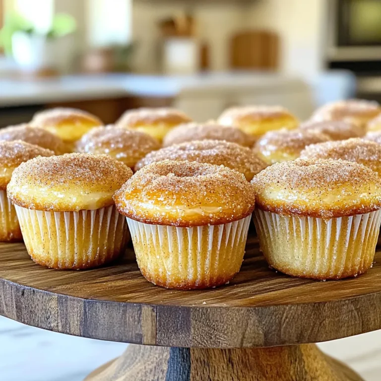 To make these delightful cinnamon sugar donut muffins, you need the following ingredients: - 1 ½ cups all-purpose flour - 1 cup granulated sugar - 2 teaspoons baking powder - ½ teaspoon baking soda - ½ teaspoon salt - 1 teaspoon ground cinnamon - ½ cup whole milk - ⅓ cup vegetable oil - 1 large egg - 1 teaspoon vanilla extract - ¼ cup unsalted butter (for coating) - Additional cinnamon-sugar mixture (½ cup sugar + 2 tablespoons cinnamon) These ingredients create a perfect balance of sweetness and spice. The all-purpose flour gives structure, while the sugar ensures each bite is sweet. Baking powder and baking soda help the muffins rise, making them light and fluffy. Ground cinnamon brings warmth and flavor, making these muffins truly irresistible. The milk and egg add moisture and richness, and the vanilla extract enhances the overall taste. The melted butter and cinnamon-sugar topping create a delicious finish that you will love. Set your oven to 350°F (175°C). This is the ideal temperature for baking these muffins. While it heats, line your muffin tin with paper liners. If you don't have liners, spray the tin with non-stick cooking spray to avoid sticking. In a large bowl, combine 1 ½ cups all-purpose flour, 1 cup granulated sugar, 2 teaspoons baking powder, ½ teaspoon baking soda, ½ teaspoon salt, and 1 teaspoon ground cinnamon. Whisk these ingredients together until they blend well. This step is key for a light and fluffy muffin. In another bowl, mix ½ cup whole milk, ⅓ cup vegetable oil, 1 large egg, and 1 teaspoon vanilla extract. Stir until everything is well combined. This mixture needs to be smooth because it will bring moisture to the muffins. Pour the wet mixture into the dry ingredients. Gently stir the two together until just combined. Don't overmix; a few lumps are just fine. Overmixing can make the muffins tough, and we want them soft. Now it’s time to fill the muffin cups. Pour the batter in, filling each cup about ¾ full. This recipe makes about 12 muffins. Bake them in the preheated oven for 18-20 minutes. To check doneness, insert a toothpick into the center of a muffin. If it comes out clean, they are ready! While the muffins bake, prepare the topping. In a small bowl, mix together ½ cup sugar and 2 tablespoons cinnamon. Once the muffins cool for about 5 minutes, dip the tops in ¼ cup melted unsalted butter. Then roll them in the cinnamon-sugar mix to coat them well. This adds a sweet crunch that is simply irresistible! - Store your muffins in an airtight container. - Place a paper towel inside to absorb moisture. - Keep them at room temperature for up to three days. - For longer storage, freeze them for up to three months. - Avoid overmixing the batter; it can make your muffins tough. - Check doneness with a toothpick; it should come out clean. - If you bake too long, your muffins will be dry. - Try adding a pinch of nutmeg for warmth. - You can use almond extract instead of vanilla for a twist. - Top muffins with a drizzle of glaze for extra sweetness. - Consider adding mini chocolate chips for a rich flavor. - Nuts or fruit can add great texture and taste. {{image_2}} If you need a gluten-free option, try using almond flour or coconut flour. These flours work well in baking. Just keep in mind that coconut flour absorbs more liquid. You may need to add extra milk or oil to keep the batter moist. Almond flour gives a nice nutty flavor and keeps the muffins soft. You can get creative with flavors! Adding chocolate chips can make these muffins extra special. Just fold in about a cup of mini chocolate chips into the batter. If you like fruit, try adding blueberries or diced apples. These fruits add moisture and flavor. Chopped nuts like walnuts or pecans also work well. They add crunch and richness to each bite. If you want mini donut muffins, adjust the baking time. Fill each mini muffin cup about halfway. Bake for 10-12 minutes instead of 18-20 minutes. Check for doneness by inserting a toothpick. If it comes out clean, they are ready. These smaller treats are perfect for kids or as bite-sized snacks! To make your cinnamon sugar donut muffins shine, use a rustic wooden platter. Stack the muffins high for a fun display. Sprinkle some extra cinnamon-sugar on top for a tasty touch. This small detail makes a big difference. You can even add colorful napkins for a pop of color. What should you drink with these muffins? A warm cup of coffee or hot chocolate works great. The rich flavors blend nicely with the sweet muffins. For kids, a glass of cold milk is perfect. Want a full breakfast? Serve your muffins with some fresh fruit. Berries or sliced bananas add brightness. You can also add yogurt for a creamy side. This mix of flavors makes your breakfast feel special. To check if your muffins are done, use a toothpick. Insert it into the center of a muffin. If it comes out clean, the muffins are ready. If it has wet batter on it, bake for a few more minutes. This simple test helps ensure a perfect bake every time. Yes, you can freeze these muffins. Allow them to cool completely after baking. Then, wrap each muffin in plastic wrap. Place them in a freezer-safe bag or container. When you're ready to enjoy them, thaw overnight in the fridge. Reheat them in the oven or microwave for a warm treat. If you need an egg substitute, try applesauce. Use 1/4 cup of unsweetened applesauce per egg. You can also use mashed bananas or a flaxseed egg. To make a flaxseed egg, mix 1 tablespoon of ground flaxseed with 2.5 tablespoons of water. Let it sit for a few minutes to thicken. Cinnamon sugar donut muffins last about 3 days at room temperature. Store them in an airtight container to keep them fresh. If you want them to last longer, freeze them. Frozen muffins can last up to 3 months in the freezer. Just remember to thaw and reheat them before enjoying. You now have a clear guide to make delicious cinnamon sugar donut muffins. With simple ingredients and easy steps, you can impress your friends and family. Remember to avoid common mistakes and get creative with flavors. Store your muffins properly to keep them fresh, and enjoy them with your favorite drinks. Baking is fun and rewarding, so dive in and enjoy every bite of your tasty treats!