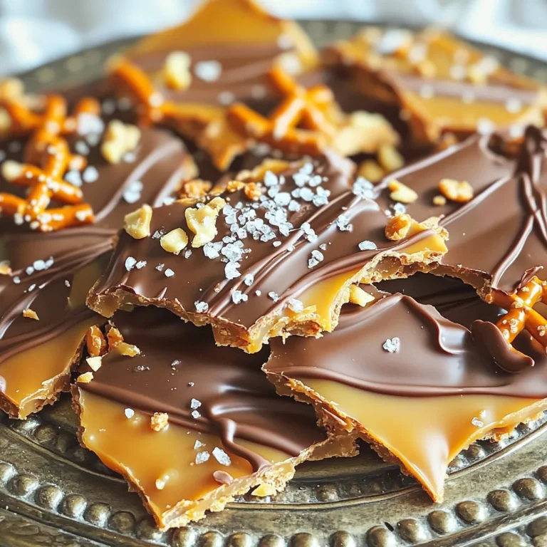 To make salted caramel pretzel bark, you will need these simple ingredients: - 2 cups pretzel rods, broken into pieces - 1 cup semi-sweet chocolate chips - 1 cup caramel bits - 2 tablespoons heavy cream - Sea salt for sprinkling - 1 cup crushed nuts (walnuts or pecans), optional These ingredients come together to create a sweet and salty treat that is hard to resist. You can add some fun extras to your bark to make it even better. Here are a few ideas: - Crushed toffee bits for extra crunch - Mini marshmallows for a chewy texture - A drizzle of white chocolate for a fancy touch - Sprinkles for a colorful finish Feel free to mix and match these add-ins based on what you love! To make your salted caramel pretzel bark, gather these tools: - Baking sheet - Parchment paper - Small saucepan - Spatula - Mixing bowl Having these items ready will help you work quickly and easily. Enjoy making this tasty treat! First, preheat your oven to 350°F (175°C). This step ensures even baking. While it heats, grab a baking sheet and line it with parchment paper. This will make cleanup easy and helps the bark release later. Next, let’s make the caramel. In a small saucepan, add 1 cup of caramel bits and 2 tablespoons of heavy cream. Use low heat and stir until smooth. This should take just a few minutes. Make sure it blends well; we want a nice, creamy texture. Now, let’s layer our ingredients. Spread the broken pretzel pieces evenly on the baking sheet. Pour the warm caramel mixture over the pretzels. Use a spatula to help spread it out. Then, sprinkle 1 cup of semi-sweet chocolate chips on top. Place the baking sheet in the oven for 5 to 7 minutes. Watch closely; we just want the chocolate to soften. Once it’s ready, take it out and quickly spread the melted chocolate evenly. If you like, add crushed nuts on top for some crunch. Finally, sprinkle a pinch of sea salt over everything. Let the bark cool for about 30 minutes at room temperature. After that, pop it in the fridge for 1 hour to set. Once it’s firm, break it into pieces. Enjoy your sweet treat! To make sure your salted caramel pretzel bark has even coverage, spread the pretzel pieces well. Broken pieces should cover the baking sheet without gaps. When you pour the warm caramel over the pretzels, use a spatula to help spread it around. This tool is key to get every pretzel coated. After adding chocolate chips, make sure they melt slightly in the oven before spreading. This helps create a smooth top layer. Chocolate bloom happens when chocolate is not stored right. To avoid this, melt chocolate over low heat. Use a double boiler if you can. This method helps keep the chocolate smooth. Once melted, spread it quickly on the caramel layer. Afterward, store your bark in a cool, dry place. This will help keep it shiny and tasty. Serve your salted caramel pretzel bark on a colorful platter. A sprinkle of sea salt on top adds a nice touch. You can also add whole pretzels around the edges for a fun look. If you want, place it in clear bags tied with ribbons for gifts. This treat looks great and tastes even better! {{image_2}} If you want to skip nuts, no problem! You can make this bark nut-free and still tasty. Just leave out the optional crushed nuts. The pretzels add the perfect crunch without them. You will still enjoy the sweet and salty mix. You can swap out the semi-sweet chocolate chips for other types of chocolate. Dark chocolate gives a rich taste. Milk chocolate adds more sweetness. For a fun twist, try white chocolate. Just remember to adjust the baking time if needed. Want to add more flavor? Try these ideas: - Sea Salt Caramel: Use sea salt caramel bits instead of regular caramel bits. This makes it even more rich and tasty. - Peanut Butter: Mix in some peanut butter with the caramel for a nutty flavor. Just warm it slightly to blend well. These easy changes let you enjoy your salted caramel pretzel bark in new ways! To keep your salted caramel pretzel bark fresh, store it in a cool, dry place. Avoid direct sunlight and heat. The best temperature is around room temperature, around 70°F (21°C). This helps preserve the flavors and texture. Use an airtight container to store the bark. Glass or plastic containers work well. If you want to keep it extra fresh, layer the bark between sheets of parchment paper. This prevents sticking and keeps it easy to grab. When stored properly, the salted caramel pretzel bark lasts up to two weeks. If you want to keep it longer, you can freeze it. Wrap the bark tightly in plastic wrap and place it in a freezer-safe bag. It can last for about three months in the freezer. To enjoy, simply thaw it in the fridge overnight before serving. Yes, you can use any pretzel shape you like. Stick pretzels, twist pretzels, or even pretzel chips work great. Each type adds its own texture and flavor. Choose what you enjoy most! The best way to melt chocolate is using a double boiler. Fill a pot with water and bring it to a simmer. Place a heat-safe bowl on top of the pot. Add your chocolate chips to the bowl. Stir gently until melted and smooth. You can also use the microwave. Just heat the chocolate in short bursts of 15 seconds, stirring in between. This way, you avoid burning it. To make this recipe gluten-free, choose gluten-free pretzels. Many brands offer tasty options. Always check the label to ensure they are certified gluten-free. The rest of the ingredients, like chocolate and caramel, are usually gluten-free too. This way, everyone can enjoy this sweet treat! This blog post covered essential ingredients and useful tools for baking. I shared step-by-step instructions to help you mix and bake perfectly. You also learned tips for even coverage and serving ideas. We explored variations like nut-free options and flavor additions too. Remember to store your treats correctly for the best taste. With this knowledge, you can confidently create delicious snacks. Enjoy the process and share your yummy results!