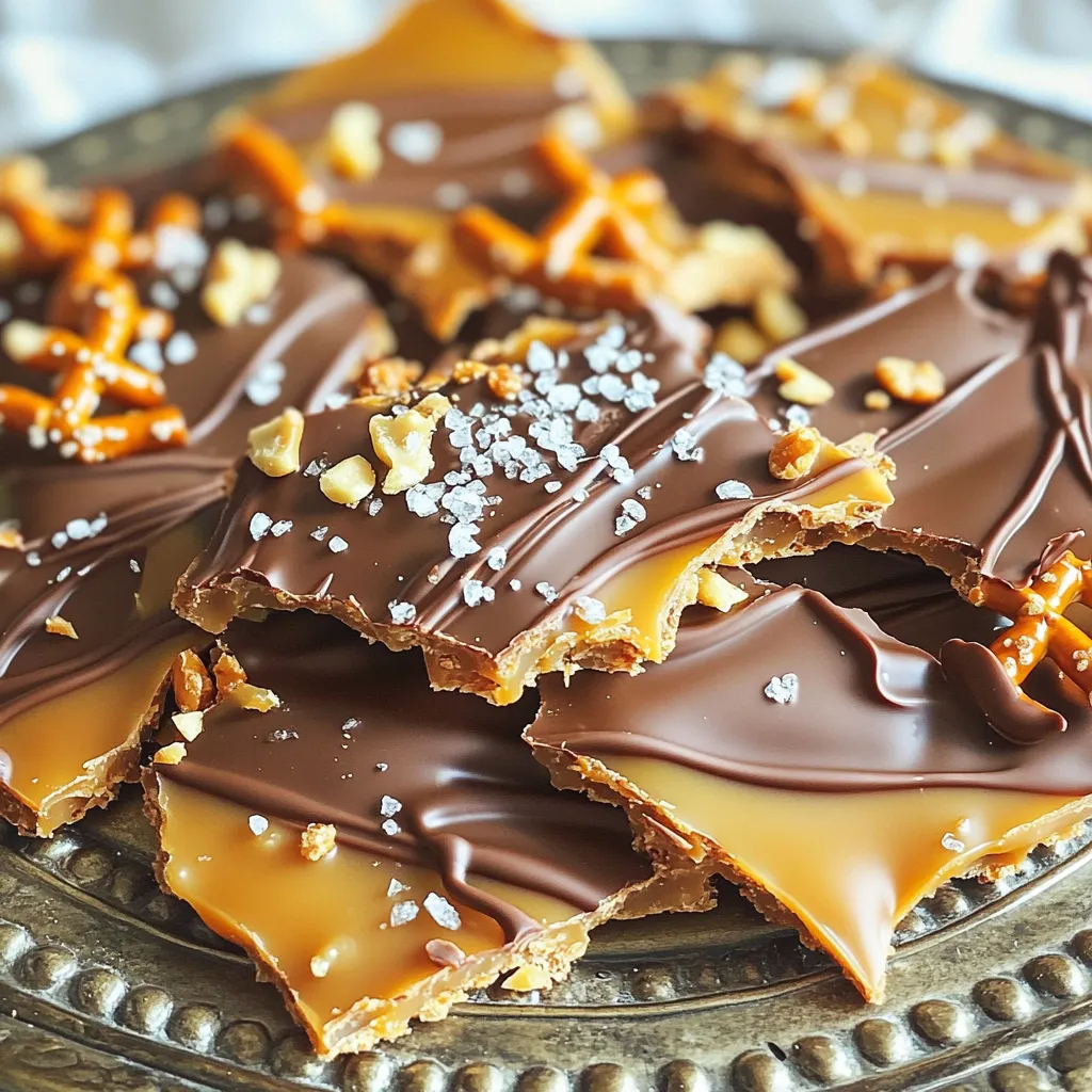 To make salted caramel pretzel bark, you will need these simple ingredients: - 2 cups pretzel rods, broken into pieces - 1 cup semi-sweet chocolate chips - 1 cup caramel bits - 2 tablespoons heavy cream - Sea salt for sprinkling - 1 cup crushed nuts (walnuts or pecans), optional These ingredients come together to create a sweet and salty treat that is hard to resist. You can add some fun extras to your bark to make it even better. Here are a few ideas: - Crushed toffee bits for extra crunch - Mini marshmallows for a chewy texture - A drizzle of white chocolate for a fancy touch - Sprinkles for a colorful finish Feel free to mix and match these add-ins based on what you love! To make your salted caramel pretzel bark, gather these tools: - Baking sheet - Parchment paper - Small saucepan - Spatula - Mixing bowl Having these items ready will help you work quickly and easily. Enjoy making this tasty treat! First, preheat your oven to 350°F (175°C). This step ensures even baking. While it heats, grab a baking sheet and line it with parchment paper. This will make cleanup easy and helps the bark release later. Next, let’s make the caramel. In a small saucepan, add 1 cup of caramel bits and 2 tablespoons of heavy cream. Use low heat and stir until smooth. This should take just a few minutes. Make sure it blends well; we want a nice, creamy texture. Now, let’s layer our ingredients. Spread the broken pretzel pieces evenly on the baking sheet. Pour the warm caramel mixture over the pretzels. Use a spatula to help spread it out. Then, sprinkle 1 cup of semi-sweet chocolate chips on top. Place the baking sheet in the oven for 5 to 7 minutes. Watch closely; we just want the chocolate to soften. Once it’s ready, take it out and quickly spread the melted chocolate evenly. If you like, add crushed nuts on top for some crunch. Finally, sprinkle a pinch of sea salt over everything. Let the bark cool for about 30 minutes at room temperature. After that, pop it in the fridge for 1 hour to set. Once it’s firm, break it into pieces. Enjoy your sweet treat! To make sure your salted caramel pretzel bark has even coverage, spread the pretzel pieces well. Broken pieces should cover the baking sheet without gaps. When you pour the warm caramel over the pretzels, use a spatula to help spread it around. This tool is key to get every pretzel coated. After adding chocolate chips, make sure they melt slightly in the oven before spreading. This helps create a smooth top layer. Chocolate bloom happens when chocolate is not stored right. To avoid this, melt chocolate over low heat. Use a double boiler if you can. This method helps keep the chocolate smooth. Once melted, spread it quickly on the caramel layer. Afterward, store your bark in a cool, dry place. This will help keep it shiny and tasty. Serve your salted caramel pretzel bark on a colorful platter. A sprinkle of sea salt on top adds a nice touch. You can also add whole pretzels around the edges for a fun look. If you want, place it in clear bags tied with ribbons for gifts. This treat looks great and tastes even better! {{image_2}} If you want to skip nuts, no problem! You can make this bark nut-free and still tasty. Just leave out the optional crushed nuts. The pretzels add the perfect crunch without them. You will still enjoy the sweet and salty mix. You can swap out the semi-sweet chocolate chips for other types of chocolate. Dark chocolate gives a rich taste. Milk chocolate adds more sweetness. For a fun twist, try white chocolate. Just remember to adjust the baking time if needed. Want to add more flavor? Try these ideas: - Sea Salt Caramel: Use sea salt caramel bits instead of regular caramel bits. This makes it even more rich and tasty. - Peanut Butter: Mix in some peanut butter with the caramel for a nutty flavor. Just warm it slightly to blend well. These easy changes let you enjoy your salted caramel pretzel bark in new ways! To keep your salted caramel pretzel bark fresh, store it in a cool, dry place. Avoid direct sunlight and heat. The best temperature is around room temperature, around 70°F (21°C). This helps preserve the flavors and texture. Use an airtight container to store the bark. Glass or plastic containers work well. If you want to keep it extra fresh, layer the bark between sheets of parchment paper. This prevents sticking and keeps it easy to grab. When stored properly, the salted caramel pretzel bark lasts up to two weeks. If you want to keep it longer, you can freeze it. Wrap the bark tightly in plastic wrap and place it in a freezer-safe bag. It can last for about three months in the freezer. To enjoy, simply thaw it in the fridge overnight before serving. Yes, you can use any pretzel shape you like. Stick pretzels, twist pretzels, or even pretzel chips work great. Each type adds its own texture and flavor. Choose what you enjoy most! The best way to melt chocolate is using a double boiler. Fill a pot with water and bring it to a simmer. Place a heat-safe bowl on top of the pot. Add your chocolate chips to the bowl. Stir gently until melted and smooth. You can also use the microwave. Just heat the chocolate in short bursts of 15 seconds, stirring in between. This way, you avoid burning it. To make this recipe gluten-free, choose gluten-free pretzels. Many brands offer tasty options. Always check the label to ensure they are certified gluten-free. The rest of the ingredients, like chocolate and caramel, are usually gluten-free too. This way, everyone can enjoy this sweet treat! This blog post covered essential ingredients and useful tools for baking. I shared step-by-step instructions to help you mix and bake perfectly. You also learned tips for even coverage and serving ideas. We explored variations like nut-free options and flavor additions too. Remember to store your treats correctly for the best taste. With this knowledge, you can confidently create delicious snacks. Enjoy the process and share your yummy results!