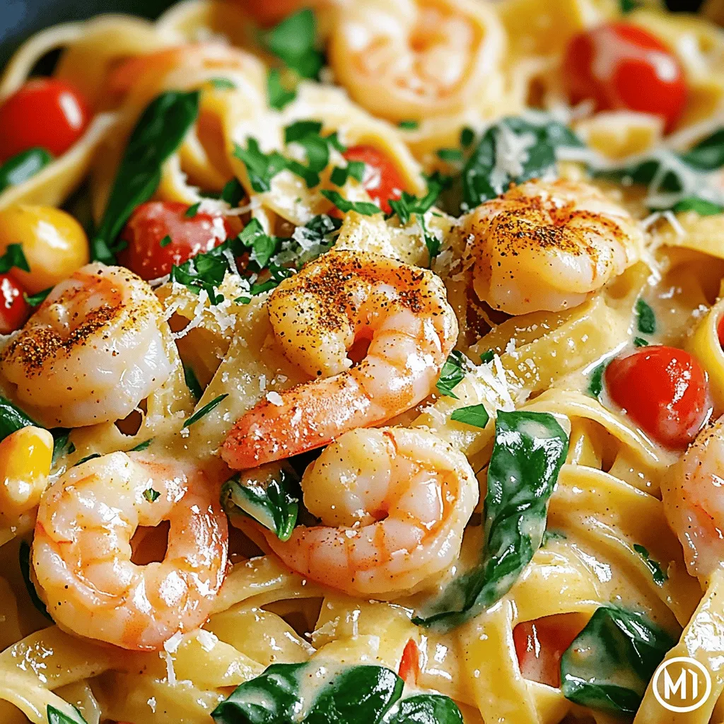 - 8 oz fettuccine or linguine pasta - 1 lb shrimp, peeled and deveined - 1 small onion, finely chopped - 3 cloves garlic, minced - 1 red bell pepper, diced - 1 cup cherry tomatoes, halved - 1 cup heavy cream - 1 cup low-sodium chicken broth - 1 cup spinach leaves - 2 tablespoons olive oil - Salt and pepper to taste In this dish, shrimp and pasta take center stage. I love using fettuccine or linguine for a nice, hearty bite. The shrimp should be fresh and tender, adding a delicious ocean flavor. For the veggies, I choose onions, garlic, red bell peppers, cherry tomatoes, and spinach. These ingredients bring color, taste, and nutrition. - 1 tablespoon Cajun seasoning - Salt and pepper Cajun seasoning gives this dish its signature kick. It’s a mix of spices that adds warmth and depth. You can adjust the salt and pepper to your liking. This balance enhances all the flavors in the dish. - Fresh parsley, chopped (for garnish) - Grated Parmesan cheese (optional) Garnishes bring everything together. Fresh parsley adds a bright touch and a pop of color. If you love cheese, sprinkle some grated Parmesan on top. It melts beautifully and adds richness to the dish. Sautéing the onion and garlic Start by heating olive oil in a large pot over medium heat. Add the finely chopped onion. Sauté for 2-3 minutes until it turns translucent. This step builds a great flavor base. Next, stir in minced garlic and diced red bell pepper. Cook for 2 more minutes until the mix smells great. Cooking the shrimp Now, sprinkle Cajun seasoning over 1 pound of shrimp. Toss to coat each shrimp well. Add the shrimp to the pot and cook for 2-3 minutes. They should turn pink and opaque. Once done, remove the shrimp from the pot and set them aside. Adding tomatoes and liquid In the same pot, toss in 1 cup of halved cherry tomatoes. Cook for about 1-2 minutes until they soften. This adds a nice pop of flavor. Now, pour in 1 cup of heavy cream and 1 cup of low-sodium chicken broth. Bring this mix to a gentle simmer. Stir well to combine all the flavors. Cooking the pasta Add 8 ounces of uncooked fettuccine or linguine pasta to the pot. Make sure all pasta is submerged in the sauce. Cover the pot and cook according to the package instructions, about 10-12 minutes. Stir occasionally until the pasta is al dente and the sauce is creamy. Combining shrimp and spinach Once the pasta is cooked, gently fold in the cooked shrimp and 1 cup of fresh spinach leaves. Stir until the spinach wilts and everything is mixed well. This adds color and freshness to your dish. Seasoning and serving suggestions Season your pasta with salt and pepper to taste. Serve hot, garnished with chopped fresh parsley. If you like, add grated Parmesan cheese on top for extra flavor. Enjoy your creamy Cajun shrimp pasta! How to achieve creamy sauce To make a creamy sauce, use heavy cream. It adds richness and smoothness. You can also mix in chicken broth for extra flavor. Stir the sauce often as it cooks to keep it smooth. Perfectly cooked shrimp Cook the shrimp until they turn pink and opaque. This usually takes about 2-3 minutes. If you overcook them, they become rubbery. Remove them from the heat as soon as they are done. Alternatives for pasta If you want a different pasta, use penne or spaghetti. You can also try whole wheat or gluten-free options. These choices give the dish a new twist while keeping it tasty. Dairy-free options To make this dish dairy-free, use coconut cream or almond milk. These options still give you a creamy texture. Just ensure you adjust the seasonings to balance the flavors. Adding more vegetables Consider adding more veggies like zucchini, broccoli, or peas. They add color and nutrition. Plus, they blend well with the shrimp and pasta. Flavor boosters For extra flavor, add a splash of lemon juice or hot sauce. Fresh herbs like basil or thyme can also enhance the dish. Experiment with different spices to find your perfect taste. {{image_2}} You can swap shrimp for chicken. Cook the chicken until golden, then add spices. Chicken will need a bit more time to cook through. For a vegetarian version, use mushrooms or zucchini. Sauté them until soft and add the same spices. This keeps the dish flavorful while being meat-free. If you prefer a milder taste, use less Cajun seasoning. This allows you to enjoy the dish without too much heat. For a spicy kick, add a few dashes of hot sauce. This boosts flavor and heat, making the dish exciting. Adjust according to your taste. If you need gluten-free options, look for rice or corn-based pasta. These work well without changing the taste much. You can also try different pasta shapes. Fusilli or penne will hold the sauce nicely and add a fun twist. To store leftovers, let the pasta cool down first. Place it in an airtight container. It stays fresh in the fridge for 3 to 4 days. To reheat, warm it on the stove over medium heat. Add a splash of chicken broth or cream to help it stay creamy. Stir often until heated through. For freezing, let the dish cool completely. Then, place it in a freezer-safe container. It can freeze well for up to 2 months. When you're ready to eat, thaw it overnight in the fridge. Reheat on the stove, adding a little liquid to restore creaminess. In the fridge, this dish lasts about 3 to 4 days. After that, its quality decreases. Signs of spoilage include an off smell or any mold. If you notice these, it's best to toss it. Always trust your senses when it comes to food safety. Yes, you can make this dish ahead of time. Here are some tips for meal prepping: - Cook the pasta separately: If you plan to store leftovers, cook the pasta just until al dente. This way, it won't get mushy when you reheat it. - Store the sauce and pasta separately: Keep the creamy sauce and pasta in separate containers. This helps both stay fresh longer. - Reheat gently: When it's time to eat, reheat on low heat. Add a splash of chicken broth or cream to restore the creaminess. You can pair this dish with several side options: - Garlic bread: A warm, crusty garlic bread complements the creamy sauce. - Salad: A fresh green salad with a light vinaigrette adds balance. - Roasted vegetables: Try serving with roasted asparagus or broccoli for extra flavor. Making this dish dairy-free is easy! Here are some options for creamy substitutes: - Coconut milk: Use full-fat coconut milk for a rich and creamy texture. - Cashew cream: Blend soaked cashews with water for a smooth, creamy alternative. - Plant-based cream: Look for dairy-free heavy cream options at the store. These swaps keep your dish delicious and creamy without dairy. In this blog post, we explored the delightful One Pot Creamy Cajun Shrimp Pasta. You learned about key ingredients like shrimp, pasta, and seasonings. I shared step-by-step cooking instructions, tips for a creamy sauce, and variations to suit your taste. Don’t forget storage tips for those tasty leftovers. This dish is easy, fun, and adaptable. You can impress your family or friends without much fuss. Enjoy creating your version while experimenting with flavors. Happy cooking!