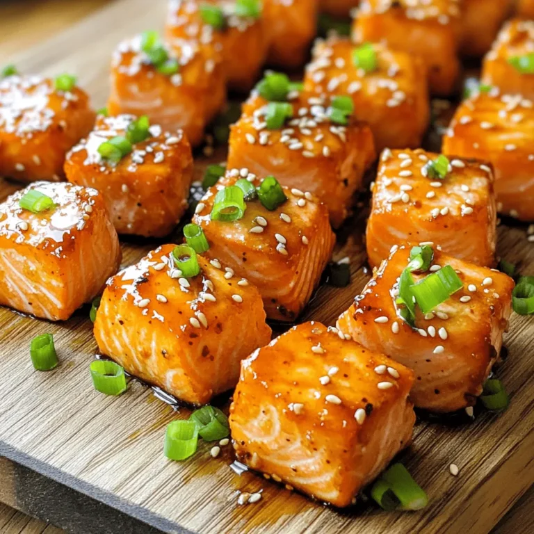 - 1 lb salmon fillet, skinless and boneless, cut into bite-sized cubes - 1/4 cup soy sauce (low sodium preferred) - 2 tablespoons honey - 2 tablespoons rice vinegar - 1 tablespoon sesame oil - 1 tablespoon freshly grated ginger - 3 cloves garlic, minced - 1 tablespoon cornstarch - 1 tablespoon sesame seeds - Chopped green onions - Additional seasoning options The key to making Air Fryer Crispy Teriyaki Salmon Bites lies in selecting the right ingredients. Start with fresh salmon fillet, which should be skinless and boneless. This ensures your bites are tender and easy to chew. The teriyaki marinade gives the salmon its unique flavor. I use low sodium soy sauce for a balanced taste. Honey adds sweetness, while rice vinegar brings a tangy note. Sesame oil adds depth and richness. Aromatic ingredients play a big role too. Freshly grated ginger and minced garlic provide a zesty kick to the marinade. Cornstarch is crucial. It coats the salmon and helps create that desired crispy texture. Don't forget sesame seeds! They add a delightful crunch when garnished. For the finishing touch, chopped green onions elevate the dish's appearance and flavor. You can also add other seasonings if you like. Mix and match based on your taste! First, take a bowl and whisk together these key ingredients for the teriyaki marinade: - 1/4 cup soy sauce - 2 tablespoons honey - 2 tablespoons rice vinegar - 1 tablespoon sesame oil - 1 tablespoon freshly grated ginger - 3 cloves garlic, minced Mix them well. This makes a sweet and salty sauce that will soak into the salmon. Let the salmon sit in this marinade for at least 30 minutes. This time lets the flavors blend and infuse into each piece of fish. Next, remove the salmon from the marinade. Use paper towels to pat the salmon dry. This step is very important because it helps the salmon get crispy when cooked. Now, grab a bowl and sprinkle 1 tablespoon of cornstarch over the salmon. Toss the salmon gently until every piece is coated. The cornstarch will give the salmon a nice crunch when it cooks. Before you start cooking, preheat your air fryer to 400°F (200°C). This helps the salmon cook evenly. Once preheated, place the salmon bites in the air fryer basket. Make sure to arrange them in a single layer. Avoid crowding the basket; this allows hot air to circulate around the salmon. Cook the salmon bites for about 10 minutes. Halfway through the cooking time, shake the basket gently. This ensures all sides cook evenly and stay crispy. When they are done, the bites should look golden and crunchy. To get that nice crispy texture, you must dry the salmon first. Pat it with paper towels to remove extra moisture. This step helps the salmon crisp up in the air fryer. Use about one tablespoon of cornstarch for each pound of salmon. Toss the salmon bites in the cornstarch until they are well coated. This makes a crispy crust that everyone will love. For the best flavor, let the salmon marinate for at least 30 minutes. If you can, try marinating it for a few hours. This gives the flavors time to soak in. Store your marinade in the fridge if you make it ahead of time. Keep it in a sealed container to avoid spills and keep it fresh. Serve your salmon bites with steamed rice or a fresh salad. These sides complement the teriyaki flavors well. For added flair, garnish your dish with sesame seeds and chopped green onions. A bright plate makes the salmon look even more appetizing! {{image_2}} You can spice up your teriyaki salmon bites easily. Add cayenne pepper or red pepper flakes to the marinade for heat. A few drops of hot sauce can also bring a nice kick. If you want a different flavor, try a miso-based marinade. Miso adds depth and umami. You might also use a citrus marinade with orange juice or lime juice. The bright flavors will change the whole dish. If you want to switch up the salmon, try using trout or even chicken. Both options work well and soak up flavors nicely. For a gluten-free option, choose tamari instead of soy sauce. It gives a similar taste without the gluten. You can also use coconut aminos as a soy sauce alternative. It’s sweeter and less salty. Air frying gives a crunchy bite, but you can bake or pan-fry too. When baking, set your oven to 425°F (220°C) for 12-15 minutes. For pan-frying, use a non-stick skillet over medium heat. Cook for 4-5 minutes on each side. Adjust cooking times based on the thickness of your salmon. Always check for doneness to avoid overcooking. To keep your salmon bites fresh, use an airtight container. A glass or plastic container works well. Store them in the fridge for up to three days. After that, the taste and texture may start to change. To reheat, use the air fryer again. Set it to 350°F (175°C) for about five minutes. This will help keep the salmon bites crispy. Avoid using the microwave, as it can make them soggy. You can freeze salmon bites if you have leftovers. Place them in a single layer on a baking sheet first. Once they are frozen, transfer them to a freezer-safe bag. They will last for about two months. To thaw, leave them in the fridge overnight. Reheat in the air fryer for the best results. To boost flavor in your salmon bites, try adding more seasonings. You can use garlic powder, onion powder, or even a touch of chili flakes for heat. Adding herbs like dill or fresh cilantro can also enhance the taste. Marinate the salmon for longer than thirty minutes if you want a stronger flavor. Just remember, the longer it marinates, the more flavor it absorbs. Yes, you can use frozen salmon! Just make sure to thaw it first. The best way to do this is to place it in the fridge overnight. If you're short on time, you can also run it under cold water. Once thawed, pat it dry before marinating. This helps the marinade stick better. Air fryer salmon bites go well with many sides. Consider serving them with steamed broccoli or a fresh salad. Rice or quinoa also makes a great base. For dips, try a simple soy sauce blend or a spicy mayo. These sides will complement the teriyaki flavor nicely. In this post, we covered how to make delicious air fryer salmon bites. We discussed key ingredients like salmon, soy sauce, and honey, plus tips for marinating and cooking. You learned techniques for achieving that perfect crispy texture and how to store your leftovers. Now, go ahead and try this recipe. Enjoy the flavors and textures. Experiment with different ingredients to make this dish your own. With these simple steps, you can create a tasty meal that your family will love.