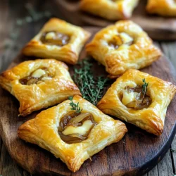 - Puff Pastry Required You need one sheet of puff pastry. Make sure it is thawed before use. This pastry gives the bites their flaky and light texture. - Onions and Flavor Components Use two large onions, thinly sliced. These are the stars of the dish. You will also need two tablespoons of butter and one tablespoon of olive oil to cook the onions. These fats help caramelize the onions and bring out their sweet flavor. Lastly, add two tablespoons of fresh thyme leaves, or one tablespoon of dried thyme. Salt and pepper are also important to enhance the taste. - Gruyère Cheese and Seasoning One cup of grated Gruyère cheese is essential. Its rich and nutty flavor pairs perfectly with the sweet onions. For the finishing touch, you will need one beaten egg. This egg wash will make your puff bites golden and shiny after baking. These ingredients come together to create a snack that is both simple and delicious. The mix of sweet and savory makes these bites hard to resist! To start, heat 2 tablespoons of butter and 1 tablespoon of olive oil in a large skillet over medium heat. Add 2 large, thinly sliced onions. Season with salt to bring out their natural sweetness. Stir often for about 20-25 minutes. You want them golden brown and soft. Near the end, add 2 tablespoons of fresh thyme. Mix well for added flavor. This step is key. Properly caramelized onions give your puff bites a rich taste. Next, preheat your oven to 400°F (200°C). On a lightly floured surface, roll out 1 sheet of thawed puff pastry. This helps smooth out any creases. Cut the pastry into 2.5-inch squares. Place the squares on a baking sheet lined with parchment paper. Make sure they have space to puff up when baking. Now, it’s time to fill the pastry. Spoon a small amount of your caramelized onion mixture onto the center of each square. Top each with a generous sprinkle of grated Gruyère cheese. This cheese melts beautifully and adds a creamy texture. To seal your puff bites, fold each square into a triangle or bring the corners together to form a pocket. Pinch the edges firmly to keep the filling inside. Before baking, brush the tops of your puff bites with a beaten egg. This gives them a nice golden color. Bake for 15-18 minutes. They should turn golden and flaky. To know if they are done, look for a deep golden brown color. Once they are ready, let them cool for a few minutes. Serve warm for the best taste. These bites are perfect for any gathering! - Use low heat to cook the onions slowly. - Stir often to avoid burning. - Add salt early; it helps to draw out moisture. - When the onions turn golden, they are ready. - Add thyme at the end for fresh flavor. Caramelizing onions takes time, but it’s worth it. The slow cooking makes them sweet and rich. If you rush, they can burn and taste bitter. Make sure to keep an eye on them. - An egg wash gives a shiny, golden finish. - Brush it on gently with a pastry brush. - Make sure to cover all edges for an even color. Applying an egg wash is key for great puff bites. The wash also helps seal the edges. This makes sure your filling stays inside while baking. - Serve on a wooden platter for a rustic look. - Garnish with fresh thyme for color. - Pair with a tangy dip like sour cream or yogurt. - Try serving with a light white wine or sparkling water. Presentation makes your puff bites even more appealing. A beautiful platter catches the eye. They taste best warm, so serve them fresh out of the oven! {{image_2}} Different Cheeses to Use If you want to switch things up, try using different cheeses. Cheddar, fontina, or even goat cheese can work well. Each cheese adds its own flavor twist. For a sharper taste, use aged cheddar. If you prefer something creamier, choose fontina. Goat cheese adds a tangy note that many enjoy. Alternative Herbs and Spices You can also change the herbs for new flavors. Rosemary and sage pair nicely with the sweet onions. If you like spice, add a pinch of red pepper flakes. Garlic powder can also enhance the taste. Just remember, keep it simple to not overpower the onions. Making it Vegetarian This recipe is already vegetarian, but you can make it even more so. Just ensure you use vegetable broth if caramelizing your onions in broth. This adds extra flavor while keeping it meat-free. Gluten-Free Adjustments To make these bites gluten-free, swap the puff pastry for gluten-free dough. Many brands offer great options that puff up nicely. Just check that your cheese and seasonings are also gluten-free for a safe meal. Turning Puff Bites into Main Dishes You can easily turn these bites into a main dish! Just make larger squares of puff pastry. Fill them with more caramelized onions and cheese. Serve with a fresh salad for a delicious dinner option. Creative Appetizer Ideas These bites are a hit at parties! Serve them on a platter with dips. Try a homemade sour cream dip or a zesty salsa. You can even make a cheese board with different cheeses and crackers alongside your puff bites. They will surely impress your guests! To keep your puff bites fresh, use an airtight container. Place a paper towel inside to absorb moisture. This method helps prevent sogginess. Stored this way, they last for about 2-3 days in the fridge. For the best results, reheat your puff bites in the oven. Set the oven to 350°F (175°C). Place them on a baking sheet for about 10-15 minutes. This method keeps them crispy. Avoid using the microwave, as it can make them soggy. Yes, you can freeze puff bites! Allow them to cool completely first. Place them in a single layer on a baking sheet. Once frozen, transfer them to a freezer bag. They can stay good for up to 2 months. To reheat, thaw in the fridge overnight and follow the reheating instructions above. You can use Swiss cheese, cheddar, or fontina. Each cheese gives a unique taste. Swiss cheese melts well and offers a mild flavor. Cheddar adds a sharp bite. Fontina provides a creamy texture. Feel free to mix different cheeses for added depth in flavor. Caramelized onions should be golden brown and soft. This takes about 20-25 minutes over medium heat. Stir them often to prevent burning. You want a sweet flavor, not a bitter one. If they stick, add a bit of water to help. Yes, you can prepare the filling in advance. Just store it in the fridge for up to three days. You can also assemble the puff bites ahead. Keep them in the fridge before baking. Just add a few extra minutes to the baking time. These bites taste great with sour cream or a yogurt dip. A sweet chili sauce also adds a nice kick. You can try a balsamic reduction for a tangy contrast. For a classic touch, serve with ranch dressing or herbed olive oil. In this blog post, we explored how to make delicious caramelized onion Gruyère puff bites. We covered the key ingredients, step-by-step instructions, helpful tips, and storage methods. Remember, the perfect puff bite comes from well-caramelized onions and a golden crust. You can customize the recipe to fit your taste and dietary needs. Enjoy these bites as a snack or a fancy appetizer. With practice, you’ll master this tasty treat! Now, it's time to get cooking and impress your friends and family.