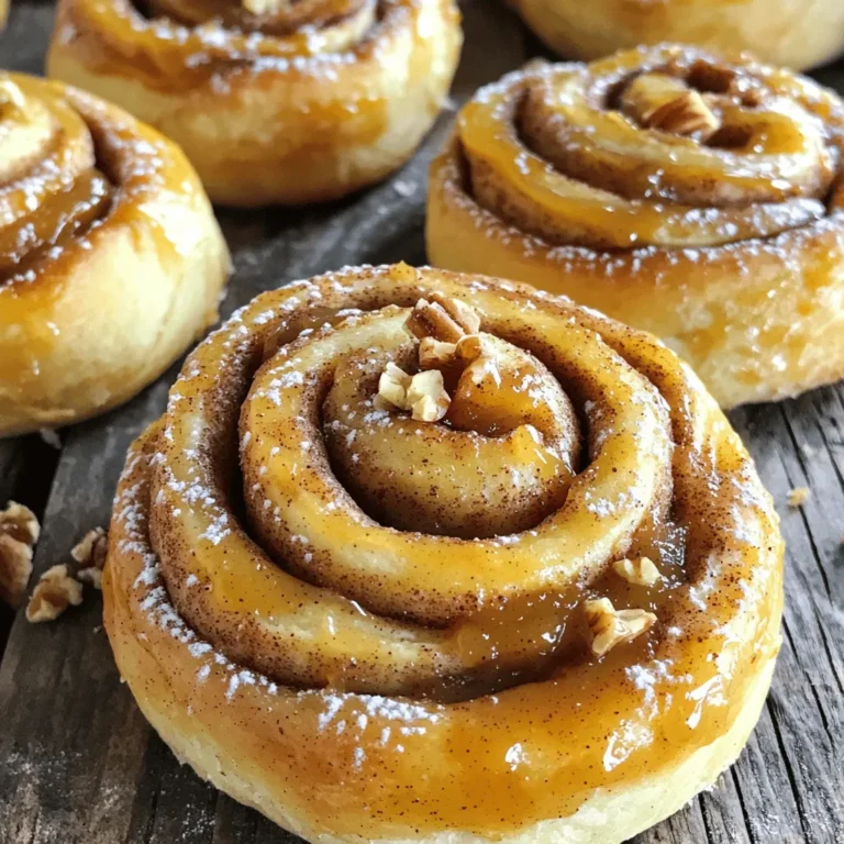 - 2 cups all-purpose flour - 2 teaspoons baking powder - 1/2 teaspoon salt - 1/4 cup granulated sugar - 3 tablespoons unsalted butter, melted - 3/4 cup milk - 1 cup apple butter (store-bought or homemade) - 1 tablespoon cinnamon - 1/4 cup brown sugar - 1/4 cup chopped walnuts (optional) - 1 cup powdered sugar (for icing) - 2 tablespoons milk (for icing) - Flour: Use a dry measuring cup. Spoon flour into the cup and level it off. - Sugar: Granulated and brown sugar should be packed in the measuring cup. - Butter: Melt in a small bowl. Measure after melting. - Milk: Use a liquid measuring cup for accuracy. - Cinnamon: Use a teaspoon to measure out the cinnamon precisely. - Chopped Walnuts: Add for a nice crunch. They give a great texture. - Extra Apple Butter: Spread more on top for added flavor. It makes the rolls even better! Start by gathering your ingredients. In a large mixing bowl, add 2 cups of all-purpose flour. Next, add 2 teaspoons of baking powder, 1/2 teaspoon of salt, and 1/4 cup of granulated sugar. Whisk these dry ingredients together until mixed well. Now, it’s time for the wet ingredients. Melt 3 tablespoons of unsalted butter and pour it into the bowl. Add 3/4 cup of milk. Stir gently until the dough forms. Be careful not to overmix it. This dough will be soft and slightly sticky. Next, sprinkle some flour on a clean surface. Place the dough on this floured area. With a rolling pin, roll the dough into a rectangle. Aim for about 12 inches long and 8 inches wide. Once you have the right shape, spread 1 cup of apple butter evenly over the dough. Make sure to cover every corner for a rich flavor. In a small bowl, mix 1 tablespoon of cinnamon with 1/4 cup of brown sugar. If you like, add 1/4 cup of chopped walnuts. Sprinkle this mixture over the apple butter. Now, let’s roll it up! Start at one long edge and carefully roll the dough into a tight log. Pinch the seam to seal it. After rolling, use a sharp knife to slice the log into 8 equal pieces. Place these rolls in a greased baking dish. Preheat your oven to 350°F (175°C). Bake the rolls for 25 to 30 minutes. Watch for them to turn golden brown on top. While they bake, prepare the icing. In a bowl, whisk together 1 cup of powdered sugar and 2 tablespoons of milk until smooth. Once the rolls cool for a few minutes, drizzle the icing over them. Enjoy these warm treats fresh from the oven! They make a perfect breakfast or dessert. To make the best dough, use fresh flour. Fresh flour gives the rolls a light texture. Measure your ingredients carefully. Too much flour can make your dough dry. When mixing, stop as soon as it comes together. Overmixing can make it tough. Keep your workspace floured to avoid sticking. This will help when rolling out the dough. The icing is easy to change. For a rich flavor, add vanilla extract. A pinch of cinnamon can give it a nice twist. Want a cream cheese icing? Mix 4 oz of cream cheese with the powdered sugar and milk. This adds a tangy taste that pairs well with apple butter. For a chocolate lover's delight, try cocoa powder in the icing. One common mistake is not letting the rolls cool before icing. If you ice them too hot, the icing will melt away. Another mistake is cutting the dough unevenly. Make sure to slice the rolls into equal pieces. This helps them bake evenly. Lastly, don’t skip preheating the oven. Baking in a cold oven can lead to doughy centers. {{image_2}} You can change the filling to suit your taste. Try using pumpkin puree for a fall twist. Or add a layer of cream cheese for a rich flavor. For a berry version, use raspberry or blueberry jam. Each option adds a unique taste to your rolls. Just spread the filling evenly before you roll the dough. If you want a gluten-free roll, use a gluten-free flour blend. Most blends work well in this recipe. Make sure to check the flour package for proper measurements. You may need to add extra milk to keep the dough moist. Once baked, enjoy your soft and fluffy gluten-free cinnamon rolls. To make these rolls vegan, swap out the butter and milk. Use coconut oil or vegan butter instead. Almond milk or oat milk can replace regular milk. You can also choose a vegan icing made from powdered sugar and plant-based milk. These small changes keep the flavor rich and delicious. To store leftover rolls, let them cool completely. Then, place them in an airtight container. You can also wrap them tightly in plastic wrap. Keep them at room temperature for up to three days. If you want to keep them longer, the fridge is fine. Just know that they may dry out a bit. To reheat your rolls, preheat your oven to 350°F (175°C). Place the rolls on a baking sheet. Cover them with foil to avoid drying out. Heat for about 10 minutes. If you prefer the microwave, warm them for about 20 seconds. Keep an eye on them to prevent overheating, as this can make them tough. You can freeze the rolls if you have extras. After they cool, place them in a freezer-safe bag. Try to remove as much air as possible. They can stay in the freezer for up to two months. When ready to eat, thaw them in the fridge overnight. Then, reheat them in the oven for the best taste. Yes, you can make this recipe ahead of time. You can prepare the dough and filling the day before. After rolling and slicing the dough, place the rolls in the fridge. When you are ready to bake, let them sit at room temperature for about 30 minutes. This way, they will rise a bit before baking. You can tell the rolls are done when they turn golden brown. They should feel firm to the touch. If you insert a toothpick, it should come out clean. The smell of cinnamon and apples will fill your kitchen, which is another good sign! If you don't have apple butter, you can use other spreads. Try using homemade applesauce or even pumpkin puree. You can also make a quick apple spread by cooking down peeled apples with sugar and spices. Just make sure it’s thick enough to spread on the dough. This blog post covered the main steps to make great cinnamon rolls. We discussed the key ingredients, measurements, and optional add-ins. I shared step-by-step guides for making the dough, rolling it out, and baking. You learned tips for perfect dough, icing options, and common mistakes. We explored variations for different diets and how to store and reheat leftovers. Enjoy your baking journey and savor each delicious bite!