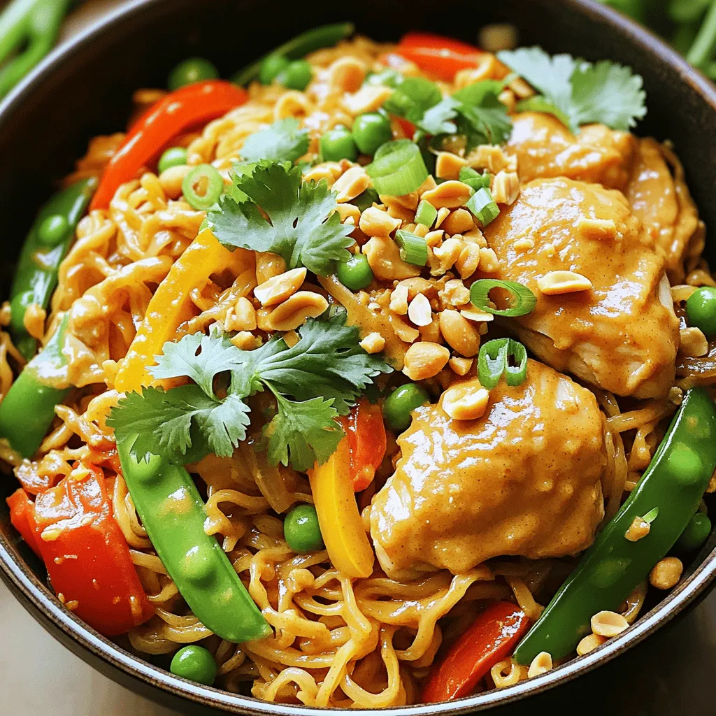 - 8 oz rice noodles - 1 lb boneless, skinless chicken thighs, sliced - 1 cup bell peppers (mixed colors), sliced - 1 cup snap peas, trimmed - 2 green onions, sliced - 3 tablespoons peanut butter - 2 tablespoons soy sauce - 1 tablespoon lime juice - 1 tablespoon sesame oil - 1 teaspoon fresh ginger, minced - 1 clove garlic, minced - Crushed red pepper flakes (to taste) - Fresh cilantro, for garnish - Chopped peanuts, for garnish To make Thai Peanut Chicken Noodles, you need fresh and vibrant ingredients. The rice noodles give the dish a nice base. The boneless chicken thighs add protein and flavor. Mixed bell peppers bring color and crunch. Snap peas add a sweet touch. You will also need green onions for a mild onion taste. Peanut butter forms the creamy sauce that ties it all together. Soy sauce adds saltiness, while lime juice gives a zesty kick. Sesame oil adds a nutty aroma, and ginger and garlic bring warmth. Crushed red pepper flakes give a hint of heat. Finally, garnish with fresh cilantro and chopped peanuts for a crunchy finish. Each ingredient plays a key role in making this dish tasty and fun. When you gather these ingredients, you set the stage for a delicious meal. To start, you need to cook the rice noodles. First, bring a large pot of water to a boil. Once the water boils, add the rice noodles. Cook them according to the package instructions, usually about 4 to 6 minutes. Once cooked, drain the noodles in a colander and rinse them under cold water. This stops the cooking and keeps the noodles from sticking. Set them aside while you prepare the rest. Next, we will prepare the chicken. In a large skillet or wok, heat 1 tablespoon of sesame oil over medium-high heat. Once hot, add the sliced boneless, skinless chicken thighs. Cook them for about 5 to 7 minutes. You want them to be browned and fully cooked. Stir often to avoid burning. Now, it’s time to add flavor. Stir in 1 clove of minced garlic and 1 teaspoon of fresh minced ginger. Cook these for about 1 minute. They will smell great! Next, add 1 cup of mixed bell peppers and 1 cup of snap peas. Cook for another 3 to 4 minutes. You want the veggies tender but still crisp. In a small bowl, make the peanut sauce. Whisk together 3 tablespoons of peanut butter, 2 tablespoons of soy sauce, 1 tablespoon of lime juice, and crushed red pepper flakes to taste. Mix until the sauce is smooth and creamy. This sauce adds a nutty and tangy flavor to your noodles. Time to bring it all together! Add the cooked noodles to the skillet with the chicken and veggies. Pour the peanut sauce over everything. Toss everything to coat well. Cook the mixture for 2 to 3 more minutes. You want everything to be hot and well mixed. Now, it's time to serve! Remove the skillet from the heat. Garnish your dish with sliced green onions, fresh cilantro, and chopped peanuts. These toppings add color and extra flavor. Enjoy your tasty Thai Peanut Chicken Noodles! To make your Thai Peanut Chicken Noodles awesome, cook the noodles al dente. This means they should be firm but still tender. If you cook them too soft, they can become mushy when you mix them with the sauce. Choosing the best vegetables is also key. I love using bell peppers for color and snap peas for crunch. You can mix different colors of bell peppers to make the dish pop. Fresh vegetables add flavor and texture. If you want more heat, add red pepper flakes. Start with a little, then taste. You can always add more if you like spicy food. You might also want to try other sauces. A splash of fish sauce or a bit of hoisin can create a new twist on this classic dish. Each sauce brings its own flavor, so don't be afraid to experiment. Prep your ingredients in advance. Slice your chicken and vegetables before cooking. This makes cooking quicker and easier. Using rotisserie chicken is a great time-saver. Just shred the chicken and add it to the skillet. This cuts your cooking time and still gives you great flavor. Plus, it’s super convenient! {{image_2}} For a vegetarian twist, you can skip the chicken. Instead, use these substitutes: - 1 lb of firm tofu, cubed - 1 lb of tempeh, sliced Tofu absorbs flavors well. Simply sauté it in sesame oil until golden. Tempeh has a nutty taste. Cook it until it's crispy for added texture. Both options give you protein while keeping it plant-based. If you need a gluten-free meal, there are easy swaps: - Use tamari instead of soy sauce. - Choose rice noodles or gluten-free pasta. Tamari will give you the same salty flavor without gluten. Rice noodles are naturally gluten-free and perfect for this dish. To mix things up, try these ideas: - Toss in some chopped peanuts or sesame seeds for crunch. - Experiment with different veggies like carrots, broccoli, or zucchini. Adding nuts or seeds gives a tasty twist. Different vegetables offer new flavors and colors. Try what you have on hand for a fun, unique dish! To keep your Thai Peanut Chicken Noodles fresh, refrigerate them right away. Place leftovers in airtight containers. Glass or plastic containers work well. Make sure to let the dish cool before sealing. This helps prevent condensation and sogginess. You can reheat your noodles in two ways: the microwave or stovetop. The microwave is fast, but stovetop keeps the texture better. If using the stovetop, add a splash of water to help steam the noodles. Heat over low to medium heat, stirring gently. This keeps your noodles from getting too dry. Your Thai Peanut Chicken Noodles will last about 3 to 4 days in the fridge. Check for any signs of spoilage before eating. Look for an off smell or slimy texture. If you see these, it's best to throw it away. Always trust your senses! You can use several different noodles. Here are a few good options: - Spaghetti: This is easy to find and works well. - Fettuccine: This thick noodle holds sauce nicely. - Zucchini noodles: A great low-carb option. - Soba noodles: These are made from buckwheat and add a nutty taste. Each option changes the dish a bit. Choose what fits your taste! Yes, you can prepare this dish ahead of time. Here are the best practices for meal prep: - Cook the noodles: Do this and cool them. This helps them not stick together. - Make the sauce: You can mix the sauce and store it in the fridge. - Store separately: Keep chicken, veggies, and noodles in different containers. This keeps them fresh. When you're ready to eat, just combine and heat everything. You can easily change how spicy this dish is. Here are some tips for spicy and mild versions: - For mild: Use less red pepper flakes or skip them. - For medium heat: Add a teaspoon of red pepper flakes. - For spicy: Use more red pepper flakes or add a dash of hot sauce. Remember, you can always add heat later if needed! Yes, this dish is great for meal prep. Here’s how to store and reheat safely: - Refrigerate: Keep leftovers in an airtight container for up to 3 days. - Reheat: Use the microwave for 1-2 minutes or heat in a pan over low heat. - Add moisture: If it’s dry, add a splash of water or soy sauce when reheating. This way, your Thai Peanut Chicken Noodles stay tasty and fresh! This dish combines rice noodles, chicken, and fresh veggies, all in a tasty sauce. You learned how to prepare, cook, and serve it right. I hope the tips help you perfect your next meal. Try different flavors or vegetables to make it yours. Enjoy experimenting with this easy recipe!