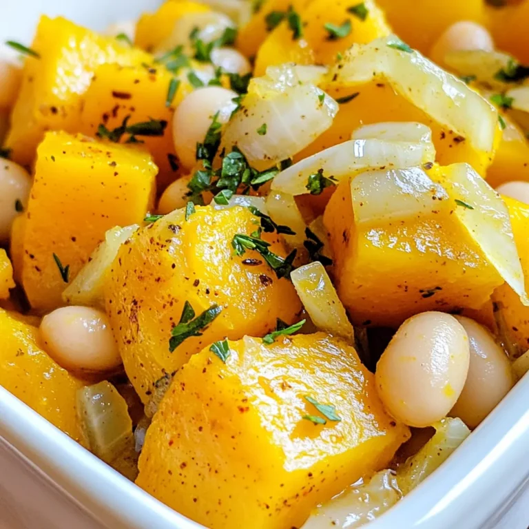 - 2 cups butternut squash, peeled and diced - 1 can (15 oz) white beans (cannellini or great northern), drained and rinsed - 1 medium onion, chopped - 2 cloves garlic, minced Butternut squash is sweet and creamy. It adds a lovely texture to dishes. White beans bring protein and fiber, making this meal filling. The onion and garlic add a rich base flavor. - 1 teaspoon dried thyme - 1 teaspoon smoked paprika - 1 cup vegetable broth Dried thyme gives a warm, earthy taste. Smoked paprika adds a hint of smokiness. Vegetable broth keeps the dish moist and helps blend the flavors. - 1 tablespoon olive oil - Salt and pepper to taste - Fresh parsley for garnish Olive oil enhances flavor and helps cook the onions. Salt and pepper balance the dish. Fresh parsley adds a pop of color and freshness. This mix of ingredients creates a hearty and colorful meal. You can enjoy it on its own or with bread! - Heat 1 tablespoon of olive oil in a large skillet over medium heat. - Add 1 medium onion, chopped. Sauté for about 3-4 minutes until it looks clear. - Stir in 2 cloves of minced garlic. Cook for 1-2 minutes until it smells good. - Add 2 cups of diced butternut squash to the skillet. Stir well and cook for 5 minutes. - Sprinkle in 1 teaspoon of dried thyme, 1 teaspoon of smoked paprika, salt, and pepper. Stir to coat the squash. - Pour in 1 cup of vegetable broth and bring it to a simmer. - Cover the skillet and lower the heat. Cook for 15-20 minutes, until the squash is tender. - Add 1 can (15 oz) of drained and rinsed white beans. Gently mix them in. Let it simmer for another 5 minutes. - Taste and adjust the seasoning if needed. - Remove from heat and garnish with fresh parsley before serving. To choose ripe butternut squash, look for a dull skin. It should feel heavy for its size. Avoid squash with soft spots or blemishes. When you pick the right one, it will taste sweet and nutty. To ensure the perfect texture, cut the squash into even pieces. Aim for 1-inch cubes. This helps it cook evenly. Cook it until tender, but not mushy. You want a nice bite in every forkful. For added flavor, try spices like cumin or coriander. Fresh herbs like sage or rosemary also work great. They bring a warm depth to the dish. If you like heat, add a splash of hot sauce. It gives the meal a nice kick. You can also sprinkle red pepper flakes while cooking for an extra zing. This dish pairs well with side salads or crusty bread. A side of steamed greens adds color and nutrition. You can also serve it over rice or quinoa for a hearty meal. For proteins, consider grilled chicken or roasted chickpeas. They blend well with the flavors of the skillet. This makes the meal more filling and satisfying. {{image_2}} You can change the beans in this dish. Try black beans or chickpeas instead. They add different flavors and textures. You can also swap butternut squash with sweet potatoes. Sweet potatoes will give a sweet taste. They cook similarly and bring great nutrition too. This recipe is easy to make vegan. Just check your vegetable broth. Make sure it has no animal products. You can also make it gluten-free. Most beans and vegetables fit into a gluten-free diet. If you want more protein, consider adding chicken or tofu. Both options mix well with the other flavors. You can cook this dish in the oven. Just place all the ingredients in a baking dish. Cover it with foil and bake at 375°F for about 30 minutes. A slow cooker is another great choice. Combine all the ingredients and cook on low for 6-8 hours. This method makes everything tender and flavorful. After you make the butternut squash white bean skillet, let it cool down. Store it in an airtight container. This keeps the flavors fresh. You can keep it in the fridge for about 3-4 days. If you want to enjoy it later, make sure it cools fully before sealing. To freeze the dish, place it in a freezer-safe container. Leave some space at the top for expansion. This dish can last in the freezer for up to 3 months. When you're ready to eat, transfer it to the fridge overnight to thaw. To reheat, the stove is best for keeping the texture. Heat it in a skillet over medium heat. Stir often until it's hot. If you use the microwave, place it in a bowl. Cover it with a lid or microwave-safe wrap. Heat in short bursts, stirring in between. This helps keep the flavor and texture just right. How long does it take to make butternut squash white bean skillet? It takes about 35 minutes to make this dish. You need 10 minutes for prep and 25 minutes for cooking. This is a quick way to make a tasty meal. Can I prepare this dish in advance? Yes, you can prepare this dish in advance. Cook it, let it cool, and store it in the fridge. You can heat it up later. What can I serve with this recipe? This dish pairs well with rice or quinoa. You can also enjoy it with crusty bread. A fresh salad adds a nice touch too. Calories per serving Each serving has about 250 calories. This makes it a healthy choice for a meal. Health benefits of butternut squash and white beans Butternut squash is rich in vitamins A and C. It helps your immune system. White beans are high in protein and fiber. They support digestion and keep you full longer. Why is my butternut squash tough? If your butternut squash is tough, it may not be cooked long enough. Make sure to simmer it until tender. How to fix over-seasoning issues? If your dish is too salty or spicy, add more vegetables or beans. This will balance the flavors. You can also add a splash of cream or coconut milk for a milder taste. This blog post covers all you need for a tasty butternut squash and white bean skillet. We explored the main ingredients, steps to prepare, and tips to elevate your dish. You can swap ingredients to suit your taste or dietary needs. Remember, proper storage and reheating can maintain that great flavor. Enjoy creating this healthy dish, and don't hesitate to experiment. Each bite can be a little adventure in your kitchen!