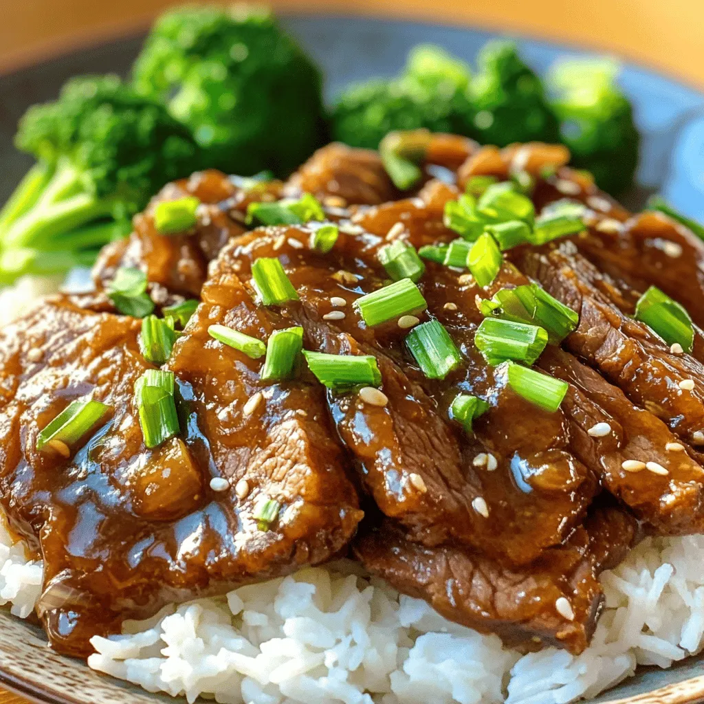- 1 lb flank steak, thinly sliced against the grain - 3 tablespoons soy sauce - 2 tablespoons cornstarch Flank steak gives this dish its rich flavor. Cutting it against the grain ensures tenderness. Soy sauce adds saltiness and depth, while cornstarch helps thicken the sauce and gives the beef a nice coating. - 2 tablespoons vegetable oil - 1 tablespoon sesame oil - 3 cloves garlic, minced - 1-inch piece fresh ginger, grated Vegetable oil helps cook the beef at high heat without burning. Sesame oil brings a nutty flavor that complements the dish. Garlic and ginger add a fragrant aroma and warmth to the sauce. - 1/4 cup brown sugar - 1/4 cup water - 1 tablespoon hoisin sauce - 1 tablespoon chili paste (optional for heat) Brown sugar balances the saltiness of the soy sauce. Water helps create the sauce's base. Hoisin sauce adds sweetness and a bit of spice. If you enjoy heat, chili paste is a great option. 1. Start by slicing the flank steak thinly against the grain. This helps make it tender. 2. In a medium bowl, mix the sliced beef with three tablespoons of soy sauce and two tablespoons of cornstarch. 3. Toss the beef until every piece is coated well. Let the beef marinate for about 15 minutes. This step adds flavor and helps with texture. 1. Heat two tablespoons of vegetable oil in a large skillet over medium-high heat. 2. Add the marinated beef to the skillet in a single layer. If your skillet is small, cook in batches. 3. Sear the beef for 2-3 minutes until it turns brown. Remove it from the skillet and set it aside. 1. In the same skillet, add one tablespoon of sesame oil. Next, toss in three cloves of minced garlic, one inch of grated ginger, and the white parts of four chopped green onions. 2. Sauté these ingredients for 1-2 minutes until they smell great. The garlic and ginger bring warmth to the dish. 3. Stir in a quarter cup of brown sugar, a quarter cup of water, and one tablespoon of hoisin sauce. If you like heat, add one tablespoon of chili paste now. 4. Bring this mixture to a gentle simmer. 5. Return the beef to the skillet. Toss it in the sauce and cook for another 2-3 minutes until the sauce thickens slightly and the beef is hot. 6. Finally, remove the skillet from heat and stir in the green parts of the chopped green onions. This is how you create a tasty homemade Mongolian beef that feels like takeout! Marinating the beef is key for great taste. The soy sauce and cornstarch mix not only adds flavor but helps tenderize the meat. Let the beef soak for at least 15 minutes. This time allows the flavors to seep in. If you can marinate longer, it’s even better! For the sauce, you want the right thickness. After adding the brown sugar and hoisin sauce, let it simmer. If it’s too thin, cook it longer. If it’s too thick, add a splash of water. Keep stirring to blend everything well. Use a large, heavy skillet or wok for best results. A non-stick surface helps prevent sticking and makes cleanup easy. The heat should be high enough to brown the beef quickly. This gives it a nice crust while keeping it juicy inside. If you use different meats, adjust your cooking time. Chicken or pork may need a bit longer to cook through, while shrimp cooks quickly. Always check the meat to ensure it's done. Serve the Mongolian beef over fluffy rice. This adds a nice base and helps soak up the sauce. I like to sprinkle extra chopped green onions on top. They add a pop of color and freshness. Adding steamed broccoli or snap peas on the side makes the meal look great. It also adds crunch and color. A nice plate makes every meal feel special! Enjoy making your homemade takeout look as good as it tastes. {{image_2}} If you want to switch proteins, you can use chicken or tofu. Chicken works well and cooks quickly. Just slice it thin like the beef. Tofu is a great choice for a vegetarian option. Press the tofu to remove extra water. Then cut it into cubes. Both options absorb flavors nicely. You can change the flavor by adjusting the sweetness or heat. If you like it sweeter, add more brown sugar. For less sweetness, reduce the sugar. To add heat, use chili paste. If you prefer milder flavors, skip it. You can also try different sauces, like teriyaki or sweet soy sauce. These changes keep the dish fresh and fun. Serving rice with your Mongolian beef is a must. Jasmine rice is fragrant and fluffy. Brown rice adds a nutty flavor and is healthier. You can also use fried rice for an extra treat. For veggies, steamed broccoli is perfect. It adds color and crunch. You can try snap peas or bok choy too. These sides balance the meal and make it more complete. To store your leftover Mongolian beef, place it in an airtight container. Make sure it cools to room temperature first. This helps keep the beef fresh. I recommend using glass or BPA-free plastic containers. They seal well and resist stains. When reheating, keep the beef moist. Use a skillet over low heat with a splash of water. This method warms the beef without drying it out. You can also use the microwave. Cover the dish with a damp paper towel to trap steam. For best taste, eat the leftovers within three days. To freeze Mongolian beef, first let it cool completely. Then, place it in a freezer-safe bag or container. Squeeze out as much air as possible. This prevents freezer burn. Label the bag with the date. When ready to eat, thaw it overnight in the fridge. For quick thawing, place the bag in cold water. Always reheat thoroughly before serving. Yes, you can make Mongolian beef ahead of time. It tastes great after a day or two. Just store it in an airtight container. It can stay fresh in the fridge for up to three days. When you’re ready, just reheat it on the stove or in the microwave. If you don't have flank steak, there are good substitutes. You can use skirt steak, sirloin, or even chicken for a lighter option. For a meat-free choice, try tofu or seitan. These options work well and keep the dish tasty. Mongolian beef can be mild or spicy, depending on your taste. The chili paste adds heat, but you can skip it if you prefer less spice. You can also adjust the amount to make it more or less spicy. Just taste as you cook! Mongolian beef is a tasty dish made with flank steak, soy sauce, and cornstarch. You learned how to prepare and cook the beef, create a flavorful sauce, and enhance it with useful tips. Remember to experiment with different proteins and side dishes to suit your taste. Proper storage and reheating keep your dish fresh and delicious. Enjoy making this meal, and don’t hesitate to adjust the flavors to your liking. Happy cooking!