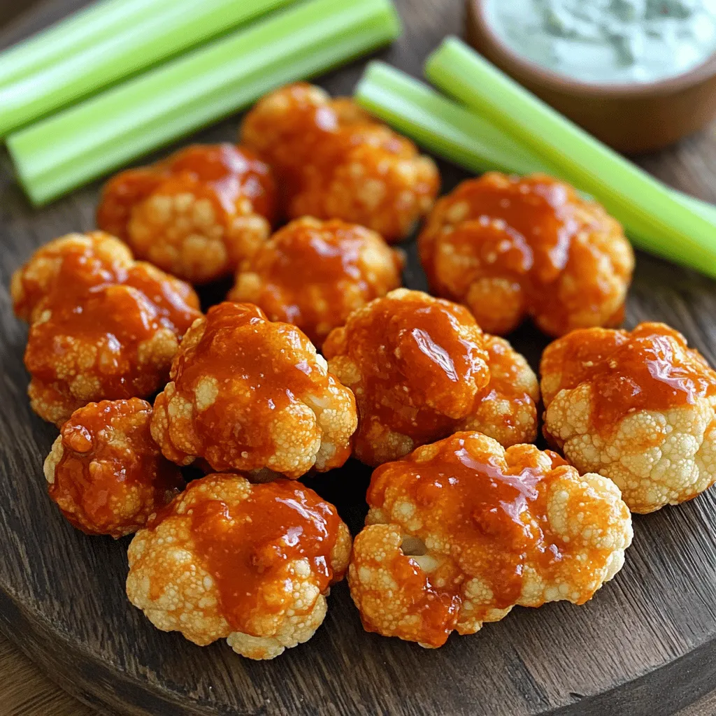 To make Air Fryer Buffalo Cauliflower Wings, you need these main ingredients: - 1 medium head of cauliflower, cut into florets - 1 cup all-purpose flour - 1 cup buttermilk (or plant-based milk for a dairy-free option) - 1 tablespoon garlic powder - 1 teaspoon smoked paprika - 1 teaspoon onion powder - 1/2 teaspoon salt - 1/4 teaspoon black pepper - 1/2 cup buffalo sauce (like Frank's RedHot) - 2 tablespoons melted butter (or olive oil for a lighter option) - Fresh celery sticks and blue cheese dressing for serving (optional) These ingredients create a tasty and crispy snack or appetizer. You can easily swap ingredients for different diets. Here are some ideas: - Use gluten-free flour instead of all-purpose flour for a gluten-free option. - Substitute buttermilk with almond milk or soy milk for dairy-free needs. - Replace butter with olive oil to keep it vegan and lighter. - For a lower-sodium option, choose low-sodium buffalo sauce. These swaps make the recipe more inclusive for different diets. While buffalo sauce is classic, you can try other sauces too. Here are some great choices: - BBQ sauce for a sweet and smoky flavor. - Garlic parmesan sauce for a rich and creamy taste. - Sweet chili sauce for a spicy and sweet kick. - Ranch dressing as a cool dip on the side. These sauce options let you customize the wings to your taste! Start by gathering your ingredients. You will need one head of cauliflower, flour, buttermilk, and spices. Preheat your air fryer to 380°F (190°C) for about five minutes. This step makes your wings crispier. While it heats, cut the cauliflower into small florets. Make sure they are all about the same size for even cooking. In a mixing bowl, whisk together your flour, garlic powder, smoked paprika, onion powder, salt, and black pepper. This mix gives the wings great flavor. In another bowl, combine the buttermilk with the dry mix until smooth. Dip each cauliflower floret into this batter. Make sure each piece is well coated. Shake off any extra batter before moving to the next step. Arrange the coated cauliflower in a single layer in the air fryer basket. If your air fryer is small, you may need to cook in batches. Set the timer for 12 to 15 minutes. Shake the basket halfway through to help them cook evenly. Look for a golden color and crisp texture. While the wings cook, mix melted butter with buffalo sauce in a bowl. When the wings are done, toss them in this sauce mixture. Return them to the air fryer for another 3 to 5 minutes. This helps set the sauce. Enjoy your crispy buffalo cauliflower wings! To make sure your cauliflower wings turn out crispy, follow these steps: - Coat Well: Dip each floret in the batter fully. - Shake Off Extra Batter: Remove excess batter before cooking. - Single Layer: Place florets in one layer in the air fryer. This helps air circulate. - Shake During Cooking: Shake the basket halfway through cooking to promote even crisping. - Double Cook: After coating with sauce, cook them again for a few minutes. This makes the sauce stick better. Here are some mistakes I see often: - Skipping the Preheat: Always preheat your air fryer. This ensures even cooking. - Overcrowding the Basket: Too many florets will steam instead of crisp. - Not Shaking Off Batter: Leaving too much batter makes them soggy. - Ignoring Cooking Times: Keep an eye on the time. Cooking too long can burn them. Using an air fryer can be simple if you follow these tips: - Use a Light Oil Spray: A quick spray helps with browning but doesn't soak the wings. - Keep It Clean: Clean your air fryer regularly for the best results. - Adjust Temperature as Needed: Different air fryers have different power levels. Adjust the heat if needed. - Experiment with Timing: Every batch is different. Learn what works best for your air fryer. {{image_2}} You can change the taste of your buffalo cauliflower wings easily. Try using different spices to mix it up. You can add: - Cayenne pepper for more heat - Cumin for a warm flavor - Chili powder for a smoky twist You can also play with herbs. For a fresh taste, add some chopped parsley or cilantro. Each change makes your dish unique. If you want a vegan version, switch the buttermilk with plant-based milk. Almond milk or oat milk works well. You can also use a flaxseed mixture. To make it, mix one tablespoon of ground flaxseed with three tablespoons of water. Let it sit for a few minutes to thicken. This is a great egg substitute. For the butter, use olive oil or a vegan butter. This way, you keep it tasty while staying dairy-free. Buffalo sauce is classic, but you can get creative with other sauces. Here are some ideas: - BBQ sauce for a sweet and tangy flavor - Teriyaki sauce for an Asian twist - Garlic parmesan sauce made with olive oil and garlic Mix and match these sauces to find your favorite flavor. Each sauce brings its own fun to the wings! After making your Air Fryer Buffalo Cauliflower Wings, let them cool for a bit. This step helps prevent sogginess. Place the cooled wings in an airtight container. Use parchment paper between layers to keep them from sticking. Store the container in the fridge. They will stay fresh for up to three days. To reheat your wings, preheat the air fryer to 350°F (175°C). Place the wings in a single layer in the basket. Heat them for about 5-7 minutes. This will help keep them crispy. Avoid using the microwave for reheating. It can make the wings soggy. If you want to save extra wings, freezing is a great option. First, let the wings cool completely. Arrange them in a single layer on a baking sheet. Freeze until solid, about 1-2 hours. Once frozen, transfer them to a freezer-safe bag. Remove as much air as possible. Frozen wings last up to three months. To eat, thaw in the fridge overnight before reheating. Yes, you can use frozen cauliflower. Just thaw and pat it dry. Frozen cauliflower may have more moisture. This can lead to less crispy wings, so drying is key. If you prefer fresh cauliflower, it works great too. Both options yield tasty results. To achieve extra crispy wings, follow these tips: - Use a light coating of batter. Too much can make them soggy. - Make sure to shake off excess batter before cooking. - Cook in a single layer in the air fryer. This allows hot air to circulate. - Shake the basket halfway through cooking. This ensures even crisping. - For the last cooking step, air fry again after coating in sauce. This helps set the sauce and adds crunch. Many sauces work well with buffalo cauliflower wings. Here are some favorites: - Blue cheese dressing adds a creamy touch. - Ranch dressing is a classic pairing. - A tangy yogurt sauce can balance the heat. - For a twist, try a spicy garlic aioli. Each sauce brings a unique flavor to your plate. This blog post covered all you need for tasty buffalo cauliflower wings. We looked at ingredients, cooking steps, tips, and flavor options. You can enjoy these wings even with diet needs. Remember, the perfect crunch comes from good coating and air fryer settings. Avoid common mistakes to get the best results. Store leftovers properly, or freeze them for later. These wings are fun, delicious, and easy to make. I hope you feel ready to whip up your batch!