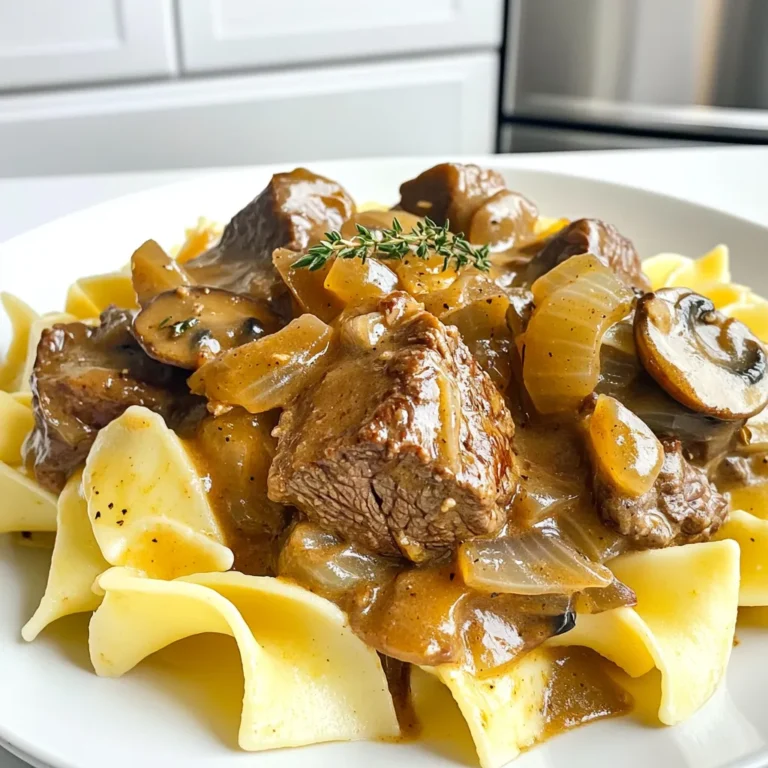 - 2 pounds beef stew meat, cut into bite-sized pieces - 1 medium onion, diced - 3 cloves garlic, minced - 8 ounces mushrooms, sliced - 2 cups beef broth - 1 tablespoon Worcestershire sauce - 2 teaspoons Dijon mustard - 1 teaspoon dried thyme - 1 teaspoon paprika - 1 cup sour cream - 2 tablespoons cornstarch - 2 tablespoons olive oil - Salt and pepper to taste - Cooked egg noodles or rice, for serving To get your ingredients right, use a kitchen scale for meat. For liquids, use a measuring cup. For dry ingredients like cornstarch, a dry measuring cup works best. Always level off dry ingredients with a straight edge. This ensures you do not add too much or too little. If you need a swap, use chicken instead of beef. You can also replace sour cream with Greek yogurt for a lighter option. If you don’t have Worcestershire sauce, try soy sauce. For a vegan version, use mushrooms and vegetable broth instead of beef. Adjust spices to keep the flavor rich. To start, cut 2 pounds of beef stew meat into bite-sized pieces. Next, heat 2 tablespoons of olive oil in a skillet over medium-high heat. Once hot, add the beef. Sear the beef until it browns on all sides. This takes about 5 to 7 minutes. Transfer the browned beef to your slow cooker. In the same skillet, add 1 medium diced onion and 3 minced garlic cloves. Sauté them for 2 to 3 minutes. You want the onion to be soft and a bit clear. Then, add 8 ounces of sliced mushrooms. Cook for another 3 to 4 minutes until they soften. After that, transfer all the veggies to the slow cooker. Now it’s time to add flavor! Pour in 2 cups of beef broth. Then, add 1 tablespoon of Worcestershire sauce, 2 teaspoons of Dijon mustard, 1 teaspoon of dried thyme, and 1 teaspoon of paprika. Season with salt and pepper to taste. Stir everything well to mix the ingredients. Cover the slow cooker. Set it to low heat and cook for 6 to 8 hours. If you're in a hurry, you can set it to high heat for 3 to 4 hours. The beef should be very tender when it's done. About 30 minutes before serving, mix 2 tablespoons of cornstarch with 2 tablespoons of cold water. Stir this into the slow cooker to thicken the sauce. Finally, add 1 cup of sour cream and let it cook for an additional 10 to 15 minutes. Searing beef adds flavor and texture. Start with a hot skillet and olive oil. Use enough oil to coat the bottom. Add the beef in small batches. This helps the meat brown evenly. Do not overcrowd the pan. Let each piece cook for 5-7 minutes. Turn them only once or twice for the best results. Transfer the seared beef to the slow cooker right away. A creamy sauce makes the dish richer. To achieve this, add sour cream at the end. This gives a velvety texture. Mix cornstarch with cold water to thicken the sauce. Stir this mixture into the slow cooker about 30 minutes before serving. This will help the sauce cling to the beef and noodles. For an extra touch, consider adding a bit of cream cheese. To ensure the beef is tender, cook it low and slow. Set your slow cooker to low heat for 6-8 hours. This allows the meat to break down and become soft. If you are short on time, high heat will work in 3-4 hours. Always check for tenderness before serving. If it still feels tough, let it cook longer. This patience in cooking pays off in flavor and texture. {{image_2}} You can swap beef with other meats. Try chicken or pork. Just cut them into small pieces. Chicken cooks faster, so watch the time. Use the same steps as the beef recipe for a great taste. If you want a meat-free option, use mushrooms as the star. Use about 16 ounces of sliced mushrooms. You can also add tofu for protein. Cook the mushrooms until they are soft. Follow the same steps, but skip the beef broth. Use vegetable broth instead for extra flavor. To make this dish gluten-free, use gluten-free noodles or rice. Check the labels on the broth and Worcestershire sauce. Many brands offer gluten-free options. For thickening, use cornstarch, as it is gluten-free. This way, you can enjoy a creamy stroganoff without any gluten. After you enjoy your slow cooker beef stroganoff, store any leftovers in an airtight container. Let the dish cool down first. Place it in the fridge. It can stay fresh for about 3 to 4 days. If you want to keep it longer, consider freezing it. When you're ready to eat again, you can reheat the stroganoff. Use a microwave-safe bowl or a pot on the stove. If using the microwave, heat it in 30-second bursts. Stir well after each burst to make sure it heats evenly. On the stove, warm it over low heat, stirring often. Add a splash of beef broth if it seems too thick. To freeze beef stroganoff, use a freezer-safe container. Make sure to leave some space at the top for expansion. It will keep well for about 2 to 3 months in the freezer. When you're ready to eat it, thaw it in the fridge overnight. Then, reheat it using the tips above. This way, you can enjoy a comforting meal anytime! Yes, you can use frozen beef stew meat. Just remember to thaw it first. Thawing helps to cook the meat evenly and keeps it tender. To enhance the flavor, add fresh herbs like parsley or chives. A splash of red wine can also boost the taste. Experiment with spices like garlic powder or a pinch of cayenne for some heat. Beef Stroganoff pairs well with many sides. Here are some great options: - Cooked egg noodles - Rice - Mashed potatoes - Steamed vegetables - Fresh salad These sides soak up the sauce and balance the meal. Beef Stroganoff lasts about 3 to 4 days in the fridge. Store it in a sealed container to keep it fresh. If you want to enjoy it later, consider freezing it for up to three months. We covered key ingredients, measuring tips, and substitutions for your Beef Stroganoff. I shared step-by-step instructions for cooking, from preparing the beef to combining everything in the slow cooker. You learned useful tips to make your dish rich and tender. We explored variations, including vegetarian and gluten-free options. Lastly, I included storage and reheating advice. With these tips, you can make a tasty meal that fits your needs. Enjoy the cooking journey and share your delicious results!