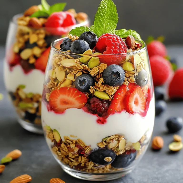 - 2 cups Greek yogurt (plain or vanilla flavored) - 1 cup mixed berries (strawberries, blueberries, raspberries) - 1/4 cup honey or maple syrup - 1 teaspoon vanilla extract - 1/2 cup granola (your choice of flavor) - 1/4 cup chopped nuts (almonds, walnuts, or pistachios) - Fresh mint leaves for garnish Using high-quality Greek yogurt is key. It gives your parfait a rich and creamy base. I love using plain or vanilla yogurt, depending on my mood. The mixed berries add a burst of color and flavor. Strawberries, blueberries, and raspberries work well together. They also pack a lot of vitamins. Sweeteners like honey or maple syrup tie it all together. They balance the tartness of the yogurt and berries. You can adjust the sweetness to your taste. If you want a hint of warmth, add vanilla extract. Granola adds a crunchy texture. Choose your favorite flavor for a personal touch. Chopped nuts bring extra crunch and healthy fats. Almonds, walnuts, or pistachios are great options. Finally, fresh mint leaves add a pop of color and freshness. They make your parfait look pretty and taste vibrant. These ingredients come together to create a delightful, tasty treat that is also nutritious. To start, grab a mixing bowl. You need to combine the Greek yogurt and sweetener. Use either honey or maple syrup, depending on your taste. Mix them well until the yogurt is smooth and creamy. If you want an extra touch of flavor, stir in one teaspoon of vanilla extract. This step makes the yogurt taste even better! Now, let’s layer your parfait. Take a glass or parfait dish to begin. First, add a layer of your sweetened yogurt at the bottom. Next, spread a layer of mixed berries. You can use strawberries, blueberries, or raspberries. They add a fresh and fruity flavor. After that, sprinkle a layer of granola on top. The crunch from the granola gives your parfait a nice texture. Repeat these layers until your dish is full. Finish with a final layer of yogurt on top. For the last touches, sprinkle chopped nuts over the top layer of yogurt. You can choose almonds, walnuts, or pistachios for added crunch. Lastly, add fresh mint leaves for a burst of color and flavor. This makes your parfait look beautiful and inviting. Enjoy your deliciously easy Protein Greek Yogurt Berry Parfait! Choosing the best type of Greek yogurt is key. I prefer plain or vanilla-flavored yogurt. Plain yogurt gives you more control over sweetness. Vanilla adds a nice flavor boost. To get the right consistency, start by mixing in your sweetener. Honey and maple syrup blend well. Stir until you have a creamy texture. If it feels too thick, add a splash of milk or water. This helps it layer better. Creating visually appealing layers is all about balance. Use a clear glass or parfait dish to show off your layers. Start with yogurt, then add berries, and finish with granola. Repeat this until your dish is full. For serving sizes, each parfait should hold about one cup. This makes it easy to share or store. Smaller cups work well for kids or snacks. Adjusting the honey or maple syrup to taste is simple. Start with a small amount, then taste as you mix. You can always add more if you want it sweeter. If you're looking for sugar-free options, try stevia or monk fruit. These alternatives provide sweetness without extra calories. They work well in your parfaits too. {{image_2}} You can swap out the mixed berries for seasonal or exotic fruits. Try peaches, mangoes, or even kiwi for a fun twist. Each fruit brings its own taste and texture, making your parfait unique. You can mix berries too. A mix of strawberries, blueberries, and raspberries works great, but you can also use just one type. Each berry has vitamins and antioxidants, which makes your parfait healthy and tasty. When choosing sweeteners, you can use maple syrup or agave nectar. Maple syrup adds a rich flavor. Agave nectar is milder and sweeter. If you want a sugar-free option, try stevia or monk fruit. These sweeteners are a nice way to cut calories while keeping your parfait sweet. Just remember to adjust the amount based on your taste. To give your parfait an extra kick, try adding spices like cinnamon or nutmeg. These spices can change the whole taste. A pinch of cinnamon adds warmth, while nutmeg gives a cozy feel. You can also mix in cocoa powder or sprinkle chocolate chips for a chocolatey finish. This adds another layer of flavor and makes your parfait even more enjoyable. To store leftovers effectively, use an airtight container. This helps keep the parfait fresh. You can stack layers in the container, but avoid adding granola until serving. Without granola, the parfait lasts about three days in the fridge. If granola is mixed in, enjoy it within two days for the best crunch. Prepping parfaits in advance is easy and fun. You can mix the yogurt and sweetener a day before. Layer the yogurt and berries, then cover the dish. However, add granola just before serving. This keeps it crunchy and fresh. Aim to assemble them no more than a few hours before you eat. Yes, you can freeze parfaits. Just remember to layer without granola. Freeze in a safe container for up to a month. To thaw, move the parfait to the fridge the night before you want to enjoy it. For a quick serve, leave it at room temperature for about 30 minutes. Then, enjoy your tasty treat! Protein Greek yogurt berry parfaits last about 2 to 3 days in the fridge. To keep them fresh, store them in a sealed container. This helps prevent the yogurt from absorbing other odors in your fridge. It also keeps the granola crunchy. If you plan to eat them later, store the granola separately. Add it just before serving for the best texture. Yes, you can use non-dairy yogurt for this recipe. Almond, coconut, or soy yogurt all work well. These options suit lactose intolerance or vegan diets. Choose a plain or vanilla flavor for the best taste. Just check the labels for added sugars. You want to keep it healthy and tasty! You can add many tasty toppings to your parfait. Here are some ideas: - Shredded coconut for extra texture - Chia seeds for added nutrients - Dark chocolate chips for a sweet touch - Fresh fruit like bananas or peaches - Nut butter for creaminess and flavor These toppings make your parfait even more fun and delicious! This article explored how to create delicious Greek yogurt berry parfaits. We covered ingredients like yogurt, mixed berries, and optional sweeteners. You learned step-by-step instructions for making and layering the parfait and picked up tips for creating the best versions. Try various fruits, sweeteners, and toppings to suit your taste. Keep your parfaits fresh with proper storage. Enjoy experimenting with this healthy treat!