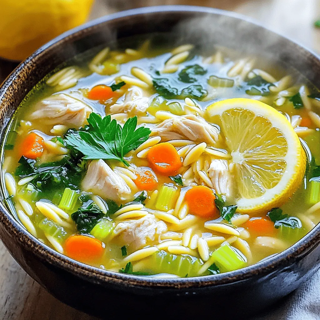 To make this tasty soup, you need a few key ingredients. Here’s what you’ll need: - 1 lb boneless, skinless chicken breasts, diced - 1 tablespoon olive oil - 1 medium onion, chopped - 2 carrots, diced - 2 celery stalks, diced - 3 cloves garlic, minced - 6 cups chicken broth - 1 cup orzo pasta - Juice and zest of 1 large lemon - 1 teaspoon dried thyme - 1 teaspoon dried oregano - Salt and pepper to taste - 2 cups fresh spinach or kale, chopped - Fresh parsley, chopped (for garnish) These ingredients create a bright and flavorful soup. The chicken adds protein, while the orzo makes it hearty. Fresh vegetables like onions, carrots, and celery bring great texture and taste. If you want to boost the flavor, consider adding some optional ingredients: - A pinch of red pepper flakes for heat - 1 cup of diced tomatoes for sweetness - A bay leaf for depth - Fresh herbs like dill or basil for freshness These extras can elevate the soup. They add more layers of flavor and make each bite exciting. You can easily adjust this recipe for dietary needs. Here are some ideas: - Swap chicken for tofu or chickpeas for a vegetarian option. - Use vegetable broth instead of chicken broth for a plant-based version. - If you’re gluten-free, replace orzo with gluten-free pasta or rice. These swaps keep the soup delicious while fitting different diets. Cooking should be fun and flexible, so feel free to experiment! Start by gathering all your ingredients. This makes cooking smooth and easy. Dice the chicken into small pieces. Chop the onion, carrots, and celery. Mince the garlic. Having everything ready helps you cook faster. In a large pot, heat 1 tablespoon of olive oil over medium heat. Add the chopped onion, carrots, and celery. Sauté for about 5 minutes. The goal is to make the veggies tender. Next, add the minced garlic for 1 more minute. This step makes the kitchen smell amazing. Push the veggies to one side of the pot. Add the diced chicken, and season with salt, pepper, thyme, and oregano. Cook until the chicken is browned, about 5-7 minutes. Pour in 6 cups of chicken broth and stir. Bring the mixture to a boil. Once it boils, add 1 cup of orzo pasta. Cook for 8-10 minutes, stirring often. You want the orzo to be al dente. Stir in the juice and zest of one large lemon. Then, add 2 cups of chopped spinach or kale. Cook for 2-3 more minutes until the greens are wilted. Taste the soup and adjust the seasoning. You can add more salt or pepper if needed. Remove the pot from heat and let it cool for a few minutes. Serve the soup in bowls. Top with fresh parsley for a pop of color. A slice of lemon on the side adds a nice touch! To keep your chicken tender, use boneless, skinless breasts. Cut them into small pieces. This helps them cook quickly and evenly. Sauté the chicken until it is browned on all sides. This step locks in juices, giving you moist chicken. Don't overcook it; just a few minutes in the pot is enough. If you see the chicken getting dry, reduce the heat. Cooking orzo is simple, but timing is key. Add orzo to the soup when it starts to boil. Stir often to prevent it from sticking to the pot. Cook until it is al dente, which means it should still have a little bite. If you cook it too long, it will turn mushy. Always taste a few minutes before the time is up to check. Lemon is the star of this soup, so don't hold back on it! Use both lemon juice and zest for the best taste. Fresh herbs like thyme and oregano add great depth. Adjust the salt and pepper to your liking. A sprinkle of fresh parsley on top brightens the dish. If you want a kick, add a pinch of red pepper flakes. {{image_2}} You can easily make this soup vegetarian. Skip the chicken and use vegetable broth. Add a mix of beans for protein, like chickpeas or white beans. These will add texture and flavor. You can also replace chicken with tofu. Just make sure to sauté it until golden. This will give your soup a hearty touch. If you want to switch up your protein, try turkey or shrimp. For turkey, use ground turkey or diced breast. Cook it just like the chicken. For shrimp, add it in the last few minutes of cooking. Shrimp cooks fast, so be careful not to overdo it. Both options will keep the soup tasty and filling. Boost the nutrition by adding more veggies. Try bell peppers, zucchini, or green beans. Chop them small, and add them with the onions. This way, they’ll soften nicely. You can also add peas or corn toward the end. They cook quickly and add a sweet pop to each bite. More veggies mean more nutrients and flavor! After enjoying your One-Pot Lemon Chicken Orzo Soup, let it cool. Use an airtight container to keep it fresh. Store it in the fridge for up to three days. This soup tastes great even after a day or two! To keep the soup longer, freezing is a great option. Pour the cooled soup into freezer-safe bags or containers. Make sure to leave some space for expansion. The soup can last up to three months in the freezer. Label the bags with the date for easy reference. When you’re ready to eat the soup again, thaw it in the fridge overnight. Reheat on the stove over low heat for best results. Stir often to prevent sticking. If the soup seems thick, add a splash of broth or water. This will bring back its lovely, creamy texture. Enjoy every flavorful spoon! Yes, you can use other pasta shapes. Some good options are small shells, ditalini, or fusilli. Just remember to adjust the cooking time. Make sure to check the package for the right timing. Cooking the pasta until it is al dente is key. To add heat to the soup, try these simple methods: - Add red pepper flakes while cooking. - Stir in diced jalapeños or serranos. - Use a spicy chicken broth. Each option will give your soup a nice kick. Adjust the amount based on your taste. Start with a little, then add more if needed. If you need a substitute for chicken broth, here are some options: - Vegetable broth works well for a lighter flavor. - Water mixed with bouillon cubes is another choice. - You can also use homemade broth for a richer taste. These substitutes will keep your soup flavorful. Just remember to taste as you go, adjusting for salt and seasoning. This blog post covered how to make a tasty one-pot lemon chicken orzo soup. We discussed essential and optional ingredients, plus substitutes for special diets. You learned the steps for cooking and adding final touches to the soup. Remember to keep chicken tender and balance flavors for the best taste. You can try different proteins or veggies to switch things up. Store leftovers properly so you can enjoy this dish again. I hope these tips inspire you to cook and enjoy your soup!