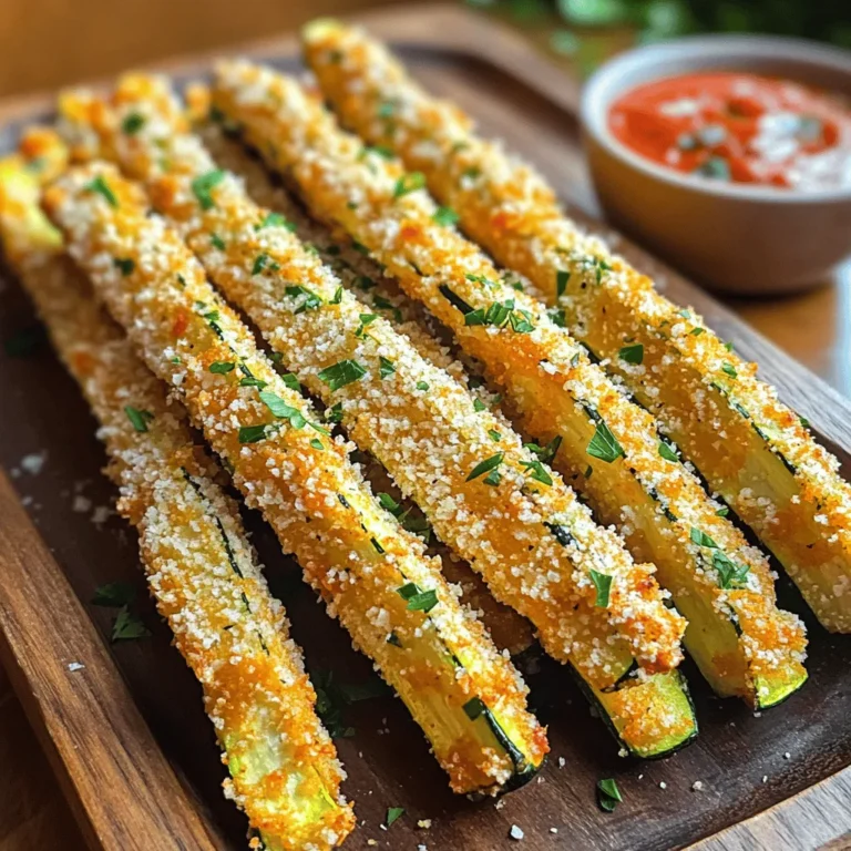 To make Air Fryer Garlic Parmesan Zucchini Fries, gather these ingredients: - 2 medium zucchinis, cut into thin fries - 1 cup breadcrumbs (preferably panko) - ½ cup grated Parmesan cheese - 2 cloves garlic, minced - 2 tablespoons fresh parsley, finely chopped - 1 teaspoon paprika - 1 teaspoon onion powder - 1 teaspoon salt - ¼ teaspoon black pepper - 2 large eggs, beaten If you need to swap ingredients, here are some ideas: - Use regular breadcrumbs if you don’t have panko. - Grana Padano can replace Parmesan cheese. - Fresh garlic powder works as a substitute for minced garlic. - You can use any fresh herb in place of parsley, like basil or oregano. - For a lower-carb option, try almond flour instead of breadcrumbs. I prefer fresh herbs for this recipe. They add bright flavor and color. Fresh parsley gives a pop of green that dried herbs can't match. If you use dried herbs, remember to use less. Dried herbs are stronger in flavor. Use about one-third of the amount called for in the recipe. First, grab two medium zucchinis. Wash them well under cold water. Cut each zucchini into thin fries. Aim for about a quarter-inch thickness. This helps them cook evenly. After cutting, lay the fries on a clean towel to dry. Removing excess moisture helps them get crispy. Now, let’s mix the coating. Take a shallow bowl and add one cup of breadcrumbs. I like using panko for extra crunch. Next, add half a cup of grated Parmesan cheese. Then, include two minced garlic cloves and two tablespoons of finely chopped parsley. Don’t forget one teaspoon each of paprika, onion powder, salt, and a quarter teaspoon of black pepper. Stir everything well until it’s fully combined. This coating gives the fries a great flavor. Preheat your air fryer to 400°F (200°C) for about five minutes. While it heats, beat two large eggs in another bowl until they look frothy. Dip each zucchini fry into the egg, letting any extra drip off. Then, coat the fry in your breadcrumb mix. Cover it completely for the best crunch. Place the coated fries in a single layer in the air fryer basket. You may need to work in batches if your fryer is small. Air fry the fries for 10 to 12 minutes. Shake the basket halfway through to help them cook evenly. They should turn golden brown and crispy. Once done, remove them from the fryer and let them cool for a minute. Enjoy them hot! To make your zucchini fries crispy, follow these tips: - Cut uniform fries: Slice the zucchinis into even pieces. This helps them cook evenly. - Pat the zucchini dry: Remove moisture with a paper towel before coating. Less moisture means more crunch. - Use panko breadcrumbs: Panko gives a light and airy crunch. It’s way better than regular breadcrumbs. - Preheat the air fryer: Always preheat your air fryer. This step helps achieve that golden crisp. - Don’t overcrowd the basket: Place fries in a single layer. Air needs room to circulate for the best results. Serve these fries hot and fresh for the best flavor. Here are some ideas: - Dipping sauces: Pair them with marinara, garlic aioli, or ranch dressing. Each adds a new taste. - Garnish: Sprinkle more parsley on top for color and flavor. - Serve as a side: These fries work great next to grilled chicken or fish for a complete meal. - Make them a snack: Enjoy them as a quick snack during movie night. They’re tasty and guilt-free! Watch out for these common errors: - Skipping the coating: Don’t skip the egg dip. It helps the breadcrumbs stick. - Using wet zucchini: Moisture will ruin your crispiness. Always dry them well. - Not shaking the basket: Remember to shake the basket halfway through cooking. This promotes even cooking. - Not checking doneness: Keep an eye on them toward the end. Cooking times may vary based on your air fryer. {{image_2}} You can mix things up with your Air Fryer Garlic Parmesan Zucchini Fries. Try adding some spices or herbs to the breadcrumb mix. A pinch of cayenne pepper can give a nice kick. You can also add grated cheese, like mozzarella, for extra creaminess. If you love herbs, fresh basil or dill can add a fresh taste. If you don't have an air fryer, you can bake these zucchini fries in the oven. Preheat your oven to 425°F (220°C). Arrange the fries on a baking sheet and spray them lightly with oil. Bake for about 15-20 minutes, flipping halfway through. You can also try pan-frying them in a skillet with a bit of oil. This method gives a nice golden color and crispy texture. Zucchini is great, but you can swap it for other veggies too. Sweet potatoes or eggplant can work well. Just cut them into fry shapes and follow the same steps. During summer, you can add fresh corn or bell peppers to your fries. In fall, pumpkin puree can add a unique flavor to the coating mix. These swaps keep your dish fun and fresh all year long. To store leftover zucchini fries, wait until they cool. Place them in an airtight container. You can keep them in the fridge for up to three days. Make sure to layer them with paper towels. This helps absorb moisture and keeps them crisp. To reheat your zucchini fries, use the air fryer. Set it to 350°F (175°C). Cook for about 5 minutes. This method will help them regain their crispy texture. You can also use an oven. Set it to 375°F (190°C) and bake for 8-10 minutes. Avoid the microwave, as it will make them soggy. You can freeze uncooked zucchini fries. After coating them, place them on a baking sheet. Freeze until solid, then transfer to a freezer bag. They will last for up to two months. When ready to cook, no need to thaw. Just air fry them for a few extra minutes. Yes, you can easily make these zucchini fries gluten-free. Just swap regular breadcrumbs for gluten-free panko. This keeps the crispiness. Also, check the labels on your cheese and spices. They should be gluten-free too. To add heat, mix in crushed red pepper flakes. You can also use spicy paprika instead of regular paprika. Another option is to serve the fries with a spicy dipping sauce, like sriracha mayo or chipotle aioli. Zucchini fries taste great with a variety of dips. Marinara sauce offers a nice, classic touch. Garlic aioli provides a creamy contrast. You can also try ranch dressing or tzatziki for a fresh flavor. Each dip adds a new twist to your fries! This post covered every detail for making perfect zucchini fries. You learned about ingredients, cooking steps, and smart tips for crispiness. We also explored easy swaps, storage methods, and answers to common questions. Zucchini fries can be simple and tasty. With the right methods, they bring joy to any meal. Enjoy experimenting with flavors and share your success with others!