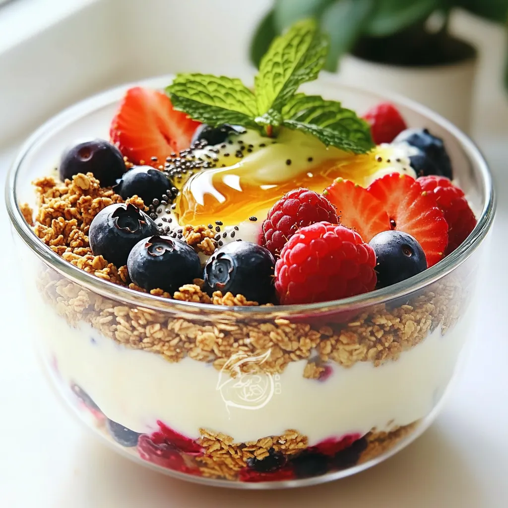 To make a High-Protein Greek Yogurt Parfait, you need simple and healthy ingredients. Here’s what you need: - 2 cups Greek yogurt (plain, non-fat or low-fat) - 1 cup granola (preferably low-sugar) - 1 cup mixed berries (strawberries, blueberries, raspberries) - 2 tablespoons honey or maple syrup (optional) - 1 tablespoon chia seeds - 1 scoop of your favorite protein powder (optional) - Fresh mint leaves for garnish These ingredients create a tasty and nutritious parfait. Greek yogurt is full of protein and great for muscle repair. Granola adds a nice crunch, while mixed berries bring sweetness and vitamins. Chia seeds give extra fiber and omega-3s. If you want a bit more protein, toss in some protein powder. Feel free to adjust the amounts based on your taste. You can also use other fruits or toppings. This parfait is very flexible! To start, take a mixing bowl. Add 2 cups of Greek yogurt. If you want more protein, add 1 scoop of your favorite protein powder. Mix well until smooth. This step ensures you have a creamy base. If you like it sweet, add honey or maple syrup to taste. This makes the yogurt even more delicious. Next, wash 1 cup of mixed berries. You can use strawberries, blueberries, and raspberries. Make sure to rinse them well to remove any dirt. For larger berries like strawberries, slice them in half or quarters. This makes them easier to layer and eat. Now it’s time to build your parfait. Grab a tall glass or bowl. Start with a scoop of the yogurt mixture at the bottom. Then, add a layer of granola. Follow this with a layer of your mixed berries. Sprinkle some chia seeds on top for extra crunch. Repeat these layers until you reach the top. End with yogurt, fresh berries, and a sprinkle of chia seeds. For a nice touch, garnish with mint leaves. This makes your parfait look pretty and fresh. A serving of the high-protein Greek yogurt parfait has about 25 grams of protein. This protein comes mainly from the Greek yogurt and optional protein powder. Each serving provides around 30 grams of carbohydrates. The granola and mixed berries contribute most of these carbs. The fat content is low, usually around 5 grams, thanks to using non-fat or low-fat yogurt. Greek yogurt is a powerhouse of nutrition. It has probiotics that help your gut health. This yogurt is also rich in calcium, which is great for bones. The mixed berries add vitamins and antioxidants. These help fight free radicals in your body. Chia seeds are tiny nutritional giants. They provide fiber, which aids digestion and keeps you full. Granola adds crunch and energy, especially if you choose low-sugar types. Together, these ingredients make a balanced snack or breakfast option. {{image_2}} To get the best texture in your parfait, use thick Greek yogurt. It holds well and gives a creamy taste. If you add protein powder, mix it until it’s smooth. This keeps the yogurt light and fluffy. For layering, start with yogurt at the bottom. This helps keep the layers from mixing. Then add granola next. It gives a nice crunch. Follow with berries for color and flavor. Repeat these layers until you fill your glass. Finish with yogurt and top with berries. This makes your parfait look pretty. You can swap out ingredients to fit your diet. If you want it dairy-free, use coconut yogurt. For a nut-free version, choose granola without nuts. You can also skip the protein powder if you prefer. Try different flavor combos! Add banana slices, or use peaches in summer. You can mix in spices too, like cinnamon or nutmeg. Each choice adds a new taste to your parfait. Be creative and have fun with it! You can change your parfait with seasonal fruits. In summer, use fresh strawberries and blueberries. In fall, try apples and pears. Winter brings great options like citrus fruits. Spring offers ripe berries and stone fruits. Flavoring options can also add fun. Mix in vanilla extract for sweetness. Chocolate syrup gives a rich taste. Try adding spices like cinnamon or nutmeg for warmth. Each flavor change makes the parfait unique and exciting. Low-calorie sweeteners can help keep sugars low. Stevia or monk fruit are great choices. They add sweetness without extra calories. You can also use agave nectar for a tasty option. Natural sweeteners like honey or maple syrup give health benefits. They contain vitamins and minerals. These options are less processed than refined sugars. They also add a nice flavor to your parfait. A high-protein Greek yogurt parfait is a tasty and healthy snack. It has layers of Greek yogurt, granola, and fresh mixed berries. The Greek yogurt packs a protein punch, making it filling. You can add a scoop of protein powder for even more protein. Sweeteners like honey or maple syrup can make it sweeter, but they are optional. Finally, chia seeds add a nice crunch and extra nutrients. This parfait is colorful and looks great in a bowl or glass. To make this parfait vegan, swap Greek yogurt for a plant-based yogurt. Look for coconut, almond, or soy yogurt. These options can still provide a creamy texture. Use maple syrup instead of honey for sweetness. This makes the parfait completely vegan. You can also add nuts or seeds for added protein. They give a nice crunch, too! The high-protein Greek yogurt parfait fits well into a healthy diet. It offers a good balance of protein, healthy fats, and carbs. The yogurt provides protein, which helps you feel full. The granola adds fiber and energy. Mixed berries are low in calories and high in vitamins. Portion control is key. Enjoying a small bowl keeps your snack healthy without overdoing it. Overall, it’s a nutritious choice for breakfast, lunch, or a snack. This blog post shared a simple recipe for a Greek yogurt parfait. You learned about the key ingredients, plus how to prepare the yogurt and berries. We explored nutritional facts and health benefits, like high protein and antioxidants. I also gave tips for perfecting your parfait, including customization options and seasonal ideas. Remember, making this parfait allows you to enjoy a tasty and healthy treat. It’s fun to mix flavors and try new ingredients. You can use your creativity to make it your own! Enjoy your parfait journey.