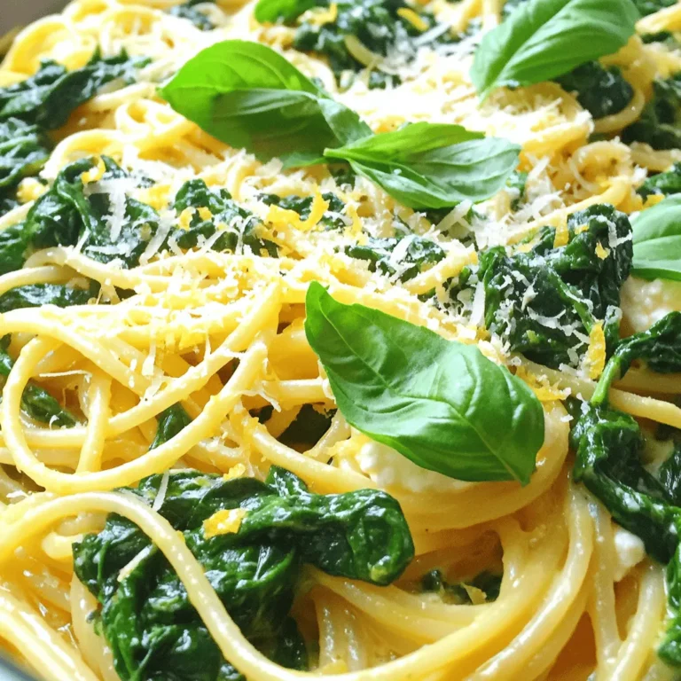 - 12 oz. spaghetti - 4 cups fresh spinach - 1 cup ricotta cheese - 1 lemon (zested and juiced) - 3 cloves garlic, minced - 4 cups vegetable broth - 1 tablespoon olive oil - Salt and pepper to taste - Fresh basil leaves for garnish - Grated parmesan cheese (optional) This pasta dish sings with fresh flavors. The spaghetti cooks right in the broth, soaking up all that yummy taste. Spinach adds a bright green touch, while ricotta makes it creamy. The lemon zest and juice bring a nice zing. This dish is quick and very simple to make. - Crushed red pepper flakes for heat - Lemon slices for garnish - Chopped walnuts for crunch - Fresh herbs like parsley or dill You can add these items to boost the flavor. A pinch of red pepper gives a kick. Lemon slices look nice and taste fresh. Walnuts add a nice crunch, and herbs make it fragrant. - Use gluten-free pasta for a gluten-free meal - Substitute cottage cheese for ricotta if needed - Use water or chicken broth instead of vegetable broth - Try kale or arugula in place of spinach These swaps help fit your diet. Gluten-free pasta works great here. Cottage cheese gives a similar texture to ricotta. Water or chicken broth can replace vegetable broth if that’s what you have. Kale or arugula can add a different taste and texture, too. First, gather your ingredients. You need spaghetti, spinach, ricotta, lemon, garlic, vegetable broth, and olive oil. Heat the olive oil in a large pot over medium heat. Add minced garlic and cook for about one minute. The garlic should smell nice but not turn brown. Next, add uncooked spaghetti, vegetable broth, and lemon juice to the pot. Bring it all to a boil. Once boiling, lower the heat to medium-low and cover the pot. Cook for about 10 to 12 minutes. Stir it a few times. You want the pasta to be almost al dente. Timing is key when cooking pasta. Start checking the pasta after 10 minutes. It should be firm but not hard. If it is still too tough, cook for another minute or two. Stirring helps the pasta cook evenly. If you notice the liquid is getting low, add a splash of broth. This will keep the pasta from sticking. Remember, it will keep cooking after you take it off the heat. Once the pasta is nearly done, it’s time to add spinach and ricotta. Stir these in and watch the magic happen! The spinach will wilt down quickly, and the ricotta will turn creamy. Mix well to ensure all pasta is coated. This is what makes the dish rich and creamy. If it looks a bit dry, add a little more broth or water. Finally, add lemon zest and season with salt and pepper. Serve warm with fresh basil and parmesan on top. Enjoy your creamy, delicious pasta! To make your One-Pot Lemon Ricotta Spinach Pasta shine, use fresh ingredients. Fresh spinach adds great color and taste. Always zest your lemon before juicing it. This trick gives you more lemon flavor. Use a good quality ricotta. A creamy ricotta makes the sauce rich. Stir in the cheese gently to keep it nice and smooth. One common mistake is overcooking the pasta. Follow the time closely. Your pasta should be al dente, which means firm to the bite. Another mistake is not stirring enough. Stir the pot often to prevent sticking. Lastly, don't skip the seasoning. Salt and pepper are key to bring out flavors. You can tweak this recipe to suit your taste. For a spicy kick, add red pepper flakes. If you want it creamier, add more ricotta. You can also swap in different greens like kale or arugula. For a protein boost, toss in cooked chicken or shrimp. Feel free to experiment and make it your own! {{image_2}} You can easily make this dish vegetarian. Simply skip the optional parmesan cheese. For a vegan option, swap the ricotta with a plant-based cheese. Use cashew cream for a creamy texture. This keeps the dish delicious without the dairy. Want to change things up? Try adding cherry tomatoes for a pop of color and sweetness. You can also toss in artichoke hearts or olives for extra flavor. If you love spice, add red pepper flakes. Each tweak gives your pasta a fresh spin. Pair this pasta with a light salad or crusty bread. A simple arugula salad adds a nice crunch. You can also serve it with garlic bread to soak up the sauce. These sides complement the lemon flavor well and make your meal even better. To keep your leftover One-Pot Lemon Ricotta Spinach Pasta fresh, place it in an airtight container. Make sure to let it cool down before sealing. This method helps keep the flavors intact and prevents sogginess. Store it in the fridge for up to three days. If you want to enjoy it later, freezing is a great option. When it's time to reheat, you have a few choices. The best method is to use a skillet. Add the pasta to the skillet with a splash of vegetable broth or water. Heat it on low, stirring gently. This keeps the pasta creamy and prevents it from drying out. You can also use the microwave. Just cover the dish with a microwave-safe lid and heat in short bursts, stirring in between. If you want to freeze your One-Pot Lemon Ricotta Spinach Pasta, portion it into smaller containers. This makes it easier to thaw just what you need. Label each container with the date. When freezing, avoid adding fresh basil or parmesan. These toppings are best added after reheating for flavor and texture. Your pasta can last up to three months in the freezer. Yes, you can use different pasta shapes. Short pasta, like penne or fusilli, works well. Just adjust the cooking time to make sure it's al dente. Whole grain or gluten-free pasta are great options, too. They will give a different taste and texture. If you want to switch it up, try kale or Swiss chard. Both add a nice texture and flavor. You can even use arugula for a peppery kick. Just remember to cook them until they wilt down, just like spinach. This dish can last about three to four days in the fridge. Make sure to store it in an airtight container. If you want to keep it fresh, eat it within a few days for the best taste. Yes, adding protein is a fantastic idea! Grilled chicken or shrimp pairs nicely with the lemon and ricotta. Cook the protein separately, then mix it in at the end. This will make your dish more filling and tasty. This blog post covered everything you need to make One-Pot Lemon Ricotta Spinach Pasta. You learned about the key ingredients and some optional ones for extra flavor. I shared easy cooking steps and tips for perfect timing. You also saw ways to customize this dish for dietary needs. In the end, this recipe is simple and fun. Trying new variations makes cooking exciting. Don’t forget to store leftovers properly to enjoy later. Happy cooking!