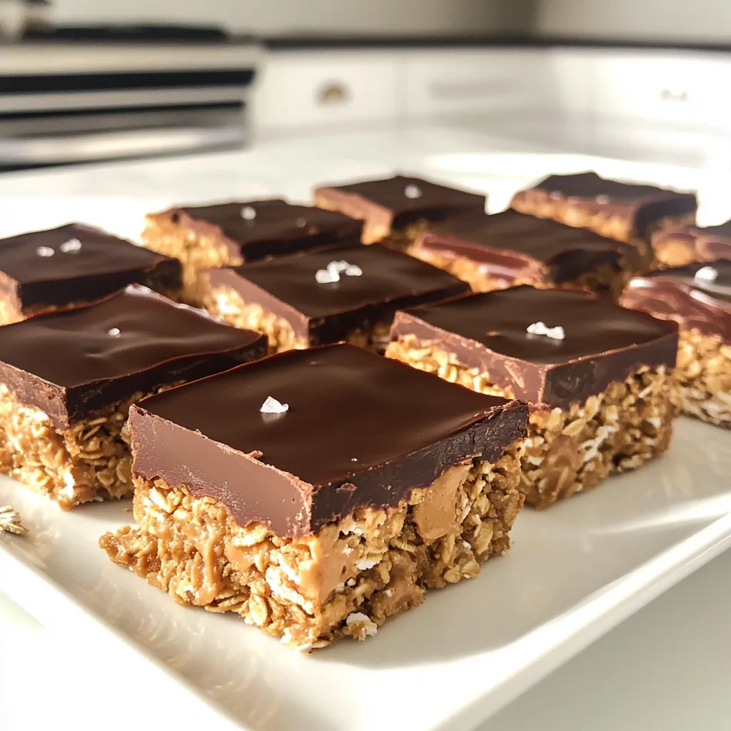 Here’s what you need for No-Bake Chocolate Peanut Butter Oat Bars: - 2 cups rolled oats - 1 cup peanut butter (creamy or crunchy) - 1/2 cup honey or maple syrup - 1/2 cup dark chocolate chips - 1/4 cup unsweetened cocoa powder - 1 teaspoon vanilla extract - 1/4 teaspoon salt - Optional: 1/2 cup chopped nuts (almonds, walnuts) or dried fruit (cranberries, raisins) These ingredients make a perfect blend of flavors. The oats give great texture. Peanut butter adds creaminess, while honey or maple syrup brings sweetness. Dark chocolate chips and cocoa powder create that rich chocolate taste. The vanilla and salt enhance all these flavors. I often add chopped nuts or dried fruit. They bring extra crunch or chewiness. You can choose what you like. Mixing these ingredients together is the key. It makes a base that holds the bars together. Make sure to gather everything before you start. This way, you will have a smooth cooking experience. Each ingredient plays a key role in making these bars delicious and satisfying. In a large mixing bowl, I combine the rolled oats, cocoa powder, and salt. I stir until everything is even. This mix gives the bars a hearty texture and rich taste. Next, I blend peanut butter, honey, and vanilla extract in another bowl. I mix until the texture is smooth. This mixture adds sweetness and creaminess to our bars. Now, I pour the peanut butter mix into the oat mix. I stir thoroughly until all ingredients blend well. If I want, I fold in nuts or dried fruit for extra flavor. Then, I line an 8x8 inch baking dish with parchment paper. I leave some overhang for easy removal. I transfer the mixture to the dish and press it down firmly. This creates a solid layer. In a microwave-safe bowl, I melt the dark chocolate chips. I do this in 30-second intervals, stirring in between. Once smooth, I pour the melted chocolate over the pressed oat mixture. I spread it evenly to cover the top. Finally, I refrigerate the dish for at least 2 hours. This helps the bars set properly. After chilling, I lift the bars out using the parchment overhang. I slice them into squares or bars. Enjoy your tasty no-bake treats! To get the best bars, mix your oats, cocoa powder, and salt well. This step ensures the flavors blend nicely. When you combine the wet and dry ingredients, stir until everything is evenly mixed. You want every bite to taste rich and chocolatey. If the mix feels too dry, add a little more peanut butter or honey. Using parchment paper makes removing the bars easy. Line your baking dish with parchment, leaving some paper hanging over the edges. This overhang acts like a handle. When your bars are set, just pull on the overhang to lift them out. No mess, no hassle! Make your bars look fancy with a simple touch. Drizzle melted chocolate on top for a glossy finish. You can also sprinkle sea salt for a nice contrast. Arrange the bars on a platter for a great display. These little tricks make your treats look as good as they taste! {{image_2}} You can make these bars even more exciting. Adding chopped almonds or walnuts gives them a great crunch. The nuts also add healthy fats and protein. You can mix them in when you combine the wet and dry ingredients. This simple step makes a big difference in flavor and texture. Want to make your bars chewy and fruity? Try adding raisins or dried cranberries. They add a nice sweetness and extra texture. You can mix them in with the nuts or just add them alone. This change can bring a burst of flavor to your chocolate peanut butter oat bars. If you want to change the sweetness, you can use agave syrup or brown sugar. These options give your bars a different taste. Agave syrup is a great choice for a lighter sweetness. Brown sugar adds a rich, caramel-like flavor. Just swap them in for honey, and you’re all set! Store your no-bake chocolate peanut butter oat bars in an airtight container. This keeps them fresh. The fridge is the best place for these bars. They stay tasty and safe to eat. You can stack them up, but separate layers with parchment paper. This prevents sticking. You can freeze these bars for later enjoyment. To freeze, cut them into squares first. Wrap each piece in plastic wrap. Then, place them in a freezer-safe bag or container. When you want to eat one, just take it out. Let it thaw in the fridge for a few hours. It will taste great! These bars last about one week in the fridge. They stay fresh and delicious. If you freeze them, they can last for up to three months. Always check for signs of spoilage before eating. If they look or smell off, it's best to toss them out. Enjoy your tasty treat! Yes, you can swap peanut butter for almond butter or cashew butter. Each nut butter gives a unique taste. Almond butter has a nutty flavor, while cashew butter is creamier. These options still work well with oats and chocolate. To make these bars vegan, replace honey with maple syrup or agave nectar. Use vegan chocolate chips instead of regular ones. Check that your nut butter does not contain any dairy. With these swaps, you can enjoy a plant-based treat. If you want a different flavor, try carob powder or chocolate protein powder. Carob has a sweet and earthy taste. Chocolate protein powder will add a protein boost. Both options keep the bars delicious and fun. Yes, these bars can be gluten-free if you use certified gluten-free oats. Regular oats may contain gluten due to cross-contamination. Always check labels to ensure your oats are safe for a gluten-free diet. Enjoy these bars without worry! These energy bars are easy to make with just a few ingredients. You combine dry and wet elements, then chill the mixture to set. Don’t forget to try variations like adding nuts or fruits for extra flavor. Remember, store them properly to keep them fresh. With these tips, you'll make delicious bars that everyone will love. Keep experimenting and enjoy your tasty snacks!
