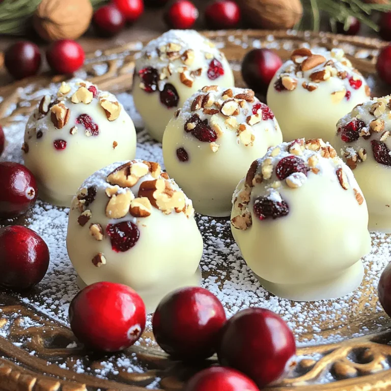 To make No-Bake Cranberry White Chocolate Truffles, you need a few simple ingredients. Each one plays an important role in making these truffles tasty and fun. Here's what you'll need: - 8 oz white chocolate, chopped - 1/2 cup sweetened condensed milk - 1 cup dried cranberries, roughly chopped - 1 cup graham cracker crumbs - 1/2 teaspoon vanilla extract - 1/4 cup finely chopped pecans (for rolling) - Pinch of salt These ingredients create a sweet and creamy treat. The white chocolate gives a smooth base. The cranberries add a tart kick, and the graham cracker crumbs give texture. The vanilla extract enhances the flavor, while the pecans add a nice crunch when you roll the truffles. Using high-quality white chocolate makes a big difference. It melts better and tastes richer. Sweetened condensed milk helps bind everything together and adds sweetness. Dried cranberries can be swapped for other fruits, but they pair well with the white chocolate. Gather these ingredients, and you’re ready to make a delightful treat. Enjoy the process and the flavors! First, grab a heatproof bowl. Combine 8 ounces of chopped white chocolate and 1/2 cup of sweetened condensed milk. This mixture needs gentle heat. Set your bowl over a pot of simmering water. This is the double boiler method. Stir until it melts and looks smooth. Remove the bowl from the heat. Now, it’s time to add some fun flavors. Stir in 1 cup of roughly chopped dried cranberries. Next, add 1 cup of graham cracker crumbs. Don’t forget the 1/2 teaspoon of vanilla extract and a pinch of salt. Mix all the ingredients well. Make sure everything blends nicely. Let the mixture cool for a bit. Then, place it in the fridge for about 30 minutes. This helps it firm up. Once it’s cool enough to handle, scoop out small portions. Roll each portion into a ball, about 1 inch wide. Now, roll each truffle in 1/4 cup of finely chopped pecans. This adds a nice crunch. Place the coated truffles on a lined baking sheet. Refrigerate them for another 20 minutes to set. Enjoy the sweet and tangy flavors! Cooling time is key to a great truffle. After mixing, let the mixture chill for 30 minutes. This helps it firm up. If your mixture seems too soft, you can add more graham cracker crumbs. Start with a tablespoon at a time. Mix well and check the texture again. You want it firm enough to roll. To present your truffles beautifully, use a decorative box or a nice platter. You can arrange them with fresh cranberries around them. A sprinkle of powdered sugar adds a nice touch. You can also pair them with flavors like orange zest or cinnamon. These flavors enhance the tartness of cranberries. You will need a few simple tools. A heatproof bowl helps melt the chocolate easily. A double boiler setup is key for gentle heating. You also need a baking sheet lined with parchment paper. This keeps your truffles from sticking. Use a small cookie scoop for even truffles. {{image_2}} To make your truffles unique, try different nuts and fruits. You can swap pecans for walnuts or almonds. You can also add other dried fruits like cherries or apricots. Each nut or fruit gives a new taste. You can also change the chocolate. Instead of white chocolate, try dark or milk chocolate. Dark chocolate adds a rich flavor, while milk chocolate makes it sweeter. Experiment with what you like best! If you need gluten-free options, use gluten-free graham crackers. They work just as well and keep the truffles tasty. For a vegan version, replace white chocolate with a dairy-free option. Use coconut cream instead of sweetened condensed milk. These swaps make the truffles fit different diets without losing flavor. I recommend storing your No-Bake Cranberry White Chocolate Truffles in the fridge. This keeps them fresh and tasty. If you want longer storage, the freezer is a good option. Just place the truffles in an airtight container. This way, they won’t stick together. Remember to let them thaw in the fridge before eating. These truffles last up to two weeks in the fridge. In the freezer, they can last for about three months. Always look for signs of spoilage. If the truffles smell off or change color, it’s best to throw them away. Enjoy your truffles while they are fresh for the best taste! Yes, you can use dark or milk chocolate instead of white chocolate. Each type gives a unique taste. Dark chocolate adds richness, while milk chocolate offers sweetness. Keep the same amount, about 8 oz. Try different chocolate types to find your favorite! To make your truffles festive, add colorful sprinkles or edible glitter. You could also drizzle melted chocolate on top. Use holiday-themed liners for serving. Consider shaping them into different forms, like stars or hearts. These touches add fun to your treats! Yes, you can make these truffles ahead of time. Store them in the fridge for up to a week. For longer storage, freeze them. Just make sure to place them in airtight containers. Thaw them in the fridge before serving for the best texture. These white chocolate truffles are easy to make and full of flavor. First, you melt the chocolate and mix in tasty ingredients like cranberries and pecans. After chilling, roll them into perfect bites. Remember the tips for texture and serving to impress. You can even try fun variations to fit your taste. Store them right to enjoy longer. Dive into this sweet treat and let your creativity shine. Enjoy making these delights for any occasion!