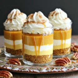 - 1 cup graham cracker crumbs - 4 tablespoons unsalted butter, melted - 8 oz cream cheese, softened - 1 cup pumpkin puree - 1 cup powdered sugar - 1 teaspoon vanilla extract - 1 teaspoon ground cinnamon - 1/2 teaspoon ground nutmeg - 1/2 teaspoon ground ginger - 1 1/2 cups whipped cream (or whipped topping) - Optional: caramel sauce for drizzling These ingredients create a rich and creamy treat. The graham cracker crumbs form a tasty crust. The pumpkin puree adds natural sweetness and flavor. Cream cheese makes the filling smooth and creamy. - 1 cup = 240 ml - 4 tablespoons = 60 ml - 8 oz = 225 g - 1 cup = 120 g of powdered sugar - 1 teaspoon = 5 ml Knowing these conversions helps everyone make the recipe. You can easily find the right amounts no matter where you live. - Use crushed cookies instead of graham crackers for a different crust. - Swap cream cheese with a dairy-free cream cheese for a vegan option. - If you don’t have pumpkin puree, use sweet potato puree instead. - Replace powdered sugar with honey or maple syrup for a natural sweetener. These swaps keep the dessert delicious while allowing for dietary needs. Feel free to get creative with ingredients! To start, grab a medium bowl. Combine 1 cup of graham cracker crumbs with 4 tablespoons of melted unsalted butter. Mix well until the crumbs look like wet sand. This step makes a great base for your cheesecake cups. Next, take about 1-2 tablespoons of this mixture and spoon it into the bottom of your serving cups or jars. Press it down firmly to make a solid crust layer. Set these aside while you make the filling. In a large mixing bowl, take 8 ounces of softened cream cheese. Use an electric mixer to beat it until it's smooth and creamy. Then, add in 1 cup of pumpkin puree, 1 cup of powdered sugar, and 1 teaspoon each of vanilla extract and ground cinnamon. Also, add 1/2 teaspoon each of ground nutmeg and ground ginger. Mix until everything blends well and is smooth. Now, gently fold in 1 1/2 cups of whipped cream. Be careful not to deflate it too much. This makes your filling light and fluffy. Now, it's time to put everything together. Spoon or pipe the pumpkin cheesecake mixture over the crust in each cup. Use a spatula or the back of a spoon to smooth the top. Once filled, place the cups in the fridge for at least 2 hours. This helps the mixture set. Before serving, you can drizzle some caramel sauce on top if you want. Add a sprinkle of cinnamon for a nice touch. Enjoy your delicious no-bake pumpkin cheesecake cups! To make a smooth cheese mixture, start with softened cream cheese. If it’s cold, you will get lumps. Use an electric mixer to beat it well. Mix until it looks creamy with no lumps. After that, add pumpkin puree and powdered sugar. Make sure to mix until everything is combined. This will give you a nice, smooth base for your cheesecake cups. When you fold in whipped cream, do it gently. Use a spatula to lift the cream from the bottom. Turn the bowl as you mix. This keeps air in the whipped cream. The result is a fluffy and light filling. Avoid stirring too hard, as this will deflate the whipped cream. Take your time, and you will have a lovely texture. For a nice presentation, use clear cups or jars. This shows off the layers of your cheesecake. Add a drizzle of caramel sauce on top for extra flair. You can also sprinkle some cinnamon or add pecans for crunch. Place the cups on a decorative platter. This makes your dessert look even more inviting. Enjoy sharing these treats with friends and family! {{image_2}} You can make this dessert dairy-free or vegan. Swap the cream cheese for a dairy-free cream cheese. Look for brands made from nuts or soy. Use coconut cream in place of whipped cream. This will keep the texture rich and creamy. Replace the butter with coconut oil or a vegan butter. Use maple syrup instead of powdered sugar for sweetness. These changes keep the taste delicious without dairy. Mixing flavors adds fun to your cheesecake cups. Consider adding chocolate chips for a sweet surprise. You can also stir in chopped nuts, like pecans or walnuts, for crunch. For a fun twist, add a splash of maple syrup or a hint of orange zest. You could even swirl in some caramel sauce for extra flavor. Get creative and make it your own! Tired of graham crackers? Try different crusts! Use crushed Oreos for a rich, chocolatey base. If you want a nutty flavor, blend almonds or walnuts with dates. For a gluten-free option, use almond flour or gluten-free cookies. You can even make a crust with oats and coconut. Each crust brings a new taste to your cheesecake cups. Choose what suits your mood! To keep your no-bake pumpkin cheesecake cups fresh, store them in the fridge. Use airtight containers or cover them tightly with plastic wrap. This helps keep moisture out and the flavor in. I recommend chilling them for at least two hours before serving. This time allows the cups to set properly. If you want to store these treats for longer, freezing is a great option. First, let the cups fully set in the fridge. Then, cover each cup with plastic wrap and aluminum foil. This will prevent freezer burn. You can freeze them for up to three months. When ready to eat, thaw them in the fridge overnight for the best results. When stored correctly in the fridge, these cheesecake cups last about three to four days. If you freeze them, they can stay good for up to three months. After thawing, eat any leftovers within two days. This way, you can enjoy your delicious pumpkin cheesecake cups at their best! Yes, you can use fresh pumpkin. First, roast the pumpkin until soft. Then, scoop out the flesh and puree it. Make sure the puree is smooth. Fresh pumpkin has a bright flavor but may be a bit watery. Drain any excess liquid before using it in your recipe. To make these cups gluten-free, simply swap the graham cracker crumbs. Use gluten-free graham crackers or a gluten-free cookie crumb. You can also blend nuts or oats into fine crumbs. Just make sure all your ingredients are certified gluten-free. Serve the cups chilled. Place them on a nice platter for a pretty display. Drizzle caramel sauce on top and add a sprinkle of cinnamon for flair. You can also use whipped cream or pecans as toppings. This adds a nice touch and makes them look great! You learned about the key ingredients and measurements for pumpkin cheesecake cups. I shared tips for perfecting your cheesecake filling and different ways to serve it. You also discovered fun variations like dairy-free and gluten-free options and how to store your treats. In conclusion, making these pumpkin cheesecake cups is simple and rewarding. Use fresh ideas and follow the tips for the best results. Enjoy this delightful dessert with friends and family!