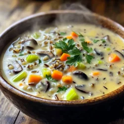 - 1 cup wild rice, rinsed and drained - 1 tablespoon olive oil - 1 medium onion, diced - 3 cloves garlic, minced - 2 cups mushrooms, sliced (such as cremini or button) - 2 medium carrots, diced - 2 celery stalks, diced - 1 teaspoon dried thyme - 1 teaspoon dried rosemary - 6 cups vegetable broth - 1 cup heavy cream (or coconut cream for a dairy-free option) - Salt and pepper to taste - Fresh parsley, chopped (for garnish) These ingredients create a rich, creamy soup full of flavor. Wild rice gives a nutty taste and chewy texture. The olive oil enhances the flavor of the sautéed vegetables. Using onion and garlic adds depth to the soup. Mushrooms provide earthiness, while carrots and celery add sweetness and crunch. Thyme and rosemary bring an aromatic touch to the mix. For a creamy finish, heavy cream or coconut cream works wonders. The choice of broth brings everything together, making it savory. Lastly, fresh parsley brightens the dish and adds a lovely color. Gather these ingredients before you start. It makes cooking smoother and more fun. Sautéing the Vegetables First, heat 1 tablespoon of olive oil in a skillet over medium heat. Add 1 medium diced onion. Cook until it turns soft and clear, about 5 minutes. Next, add 3 cloves minced garlic and 2 cups sliced mushrooms. You can use cremini or button mushrooms. Then, add 2 diced carrots and 2 diced celery stalks. Cook for another 5 to 7 minutes. Stir often until the veggies start to soften. This step builds great flavor! Transferring to the Slow Cooker Once the vegetables are ready, transfer them to your slow cooker. Now, rinse and drain 1 cup of wild rice. Add it to the slow cooker with the veggies. Sprinkle in 1 teaspoon dried thyme and 1 teaspoon dried rosemary. Pour in 6 cups of vegetable broth. This will create a rich base for your soup. Setting Up the Slow Cooker Cover the slow cooker with its lid. If you want to cook slowly, set it to low heat. If you’re in a hurry, set it to high heat. Cooking Time and Temperatures Let it cook on low for 6 to 8 hours or on high for 3 to 4 hours. The wild rice should be tender when done. This long cooking time allows all the flavors to blend well. Adding Cream and Seasoning About 30 minutes before serving, stir in 1 cup of heavy cream. You can also use coconut cream for a dairy-free choice. Season with salt and pepper to taste. Mix well and let it heat through on low. Serving Recommendations Serve the soup hot. Top each bowl with fresh chopped parsley for a nice touch. This adds color and flavor! Enjoy your creamy wild rice mushroom soup with some crusty bread. Using Fresh Herbs vs. Dried Fresh herbs add brightness to the soup. Use them if you can. For best flavor, add fresh parsley at the end. Dried herbs work well too. Just use less, as they are stronger. A teaspoon of dried thyme or rosemary is perfect. Recommended Mushroom Varieties Mushrooms give depth to the soup. I love using cremini or button mushrooms. They blend well with other flavors. If you want something special, try shiitake mushrooms. They add a rich, umami taste. Adjusting Creaminess Levels To make the soup creamier, add more cream. Start with one cup and taste. If you want it richer, add another half cup. Adjust based on your preference. Coconut cream is a great dairy-free option. Thickening Tips if Needed If the soup is too thin, don't worry! You can thicken it easily. Blend a cup of soup until smooth, then stir it back in. This gives a nice texture. Another option is to add a slurry of cornstarch and water. Cleaning the Slow Cooker Cleaning your slow cooker is easy. Let it cool down before washing. Use warm, soapy water for the insert. Avoid using steel wool, as it can scratch. For stuck-on bits, soak the insert for a bit. Optimal Cooking Settings For this soup, low heat works best. Cook on low for 6-8 hours. If you’re short on time, high heat cooks it in 3-4 hours. Just remember, the low setting gives better flavor. {{image_2}} Dairy-Free Options: Coconut Cream If you want a creamy soup but avoid dairy, try coconut cream. Simply swap the heavy cream for one cup of coconut cream. This adds a rich flavor and a hint of sweetness. Your soup will still be thick and tasty. Gluten-Free Alternatives This soup is naturally gluten-free. Just be sure to check your vegetable broth. Some brands may contain gluten. Always choose a certified gluten-free broth to keep the soup safe for those with gluten sensitivities. Adding Protein: Chicken or Tofu Want to make the soup heartier? Add cooked chicken or tofu. If you choose chicken, shred it and stir it in before serving. For tofu, cut it into cubes and add it to the slow cooker during the last hour of cooking. Both options will give you a filling meal. Incorporating Spices: Cayenne or Nutmeg To change the flavor, add spices like cayenne or nutmeg. Cayenne gives a nice kick if you like heat. Start with a pinch and adjust to taste. Nutmeg adds warmth and depth to the soup. Just a little goes a long way. Spring Options: Asparagus or Peas In spring, add fresh asparagus or peas for a bright touch. Chop the asparagus into bite-sized pieces and stir it in during the last hour. Peas can be added at the same time. They add color and sweetness. Fall Favorites: Pumpkin or Squash In the fall, make it cozy with pumpkin or squash. Use pureed pumpkin or diced squash. Add it to the slow cooker with the broth. This adds a lovely creaminess and a hint of sweetness that pairs well with the mushrooms. To keep your Slow Cooker Creamy Wild Rice Mushroom Soup fresh, use airtight containers. Glass jars or plastic containers work great. Fill them while the soup is still cool. Leave some room at the top for expansion if freezing. When you store the soup in the fridge, it lasts about 4-5 days. For longer storage, freeze it. In the freezer, it can last up to 3 months. Just make sure to label the containers with the date. For reheating, the best method is on the stove. Pour the soup into a pot and heat it on low. Stir often to avoid sticking. You can also use a microwave. Heat in short bursts, stirring in between. After storage, the soup may be thicker. You can add a splash of broth or water to adjust the consistency. Stir well after adding liquid. You can keep the soup in the fridge for 4-5 days. In the freezer, it stays good for about 3 months. Always check for signs of spoilage. If it smells off or has mold, throw it out. Look for changes in color or texture as well. If the soup looks very different than when you made it, it's best to discard it. Always prioritize safety when it comes to food! Can I use brown rice instead of wild rice? You can use brown rice, but it will change the texture. Wild rice has a nutty flavor and chewy bite. Brown rice is softer and cooks faster. If you use brown rice, reduce the cooking time to 4-6 hours on low. How can I make the soup spicier? Add crushed red pepper flakes or a dash of hot sauce. You can also use fresh jalapeños for a kick. Start with a small amount, then taste and adjust as you like. Can I use a stovetop instead of a slow cooker? Yes, you can make this soup on the stovetop. Just follow the same steps but cook it in a pot over medium heat. Stir often and check the rice until it's tender, about 30-40 minutes. What size slow cooker do I need for this recipe? A 6-quart slow cooker works best for this recipe. It gives enough space for the ingredients to cook evenly. If your slow cooker is smaller, you may need to adjust the recipe. What can I use instead of heavy cream? Coconut cream is a great dairy-free option. You can also use half-and-half or cashew cream for a rich taste. For a lighter option, try whole milk or unsweetened almond milk. Are there any vegetable broth alternatives? Yes, you can use homemade broth or store-bought chicken broth. If you want a richer flavor, try using mushroom broth. Just remember to adjust the salt since some broths are saltier than others. This blog post covers a delicious wild rice soup made in a slow cooker. We discussed essential ingredients like wild rice, olive oil, and fresh vegetables. The step-by-step guide helped you prepare, cook, and serve the soup perfectly. You learned tips for enhancing flavor, making dietary modifications, and storing leftovers properly. Final thoughts: Experiment with ingredients to find your perfect flavor. Enjoy your cooking!