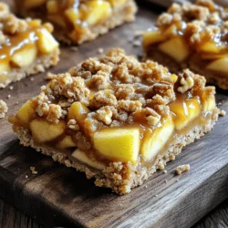 - Apples: Use Granny Smith or Honeycrisp apples. They add a nice tartness. - Sweeteners and Spices: Brown sugar gives a rich flavor. Cinnamon adds warmth. - Base Ingredients: You need rolled oats, all-purpose flour, melted butter, baking powder, and salt. They create the perfect crumble texture. - Caramel Sauce: You can use store-bought for ease or make your own for a richer taste. - Nuts: Chopped walnuts or pecans add a wonderful crunch. They enhance the overall texture and flavor. These ingredients combine to make delicious caramel apple crumble bars. The balance of sweet and tart makes these bars a true delight. Start with two large apples. I like Granny Smith and Honeycrisp for their crispness. First, peel them with a sharp knife. Core them to remove the seeds. Next, dice the apples into small cubes. Aim for uniform pieces; this ensures even cooking. Now, place the diced apples in a bowl. Add one cup of brown sugar, one teaspoon of cinnamon, and one tablespoon of lemon juice. Toss the apples until they are well coated. This mix adds sweetness and a little zing. In a separate bowl, mix your dry ingredients. Combine one cup of rolled oats, one cup of all-purpose flour, half a teaspoon of baking powder, and a quarter teaspoon of salt. Next, add half a cup of melted unsalted butter. Stir together until crumbly. The mixture should look like wet sand. This texture is key for a nice crust. Press half of this mixture firmly into a lined baking pan. Make sure it is even across the bottom. Now it’s time to assemble. Spread the apple mixture evenly over the crust. Drizzle half a cup of caramel sauce on top. Swirl it gently to mix a bit. Then, crumble the remaining oat mixture over the caramel layer. If you want, sprinkle some chopped nuts on top for added crunch. Bake your creation in a preheated oven at 350°F for about 25 to 30 minutes. Look for a golden brown top and bubbly apples. Let it cool for 15 minutes in the pan before lifting out with parchment paper. Cool completely on a wire rack before slicing into squares. Enjoy your sweet treat! To make the crust golden brown, aim for even baking. Press the oat mixture firmly into the pan. This helps it hold together. Bake until the top is golden, about 25-30 minutes. Watch closely during the last few minutes. A nice golden color means it's ready. Preventing sogginess from the apple layer is key. Use firm apples like Granny Smith or Honeycrisp. These apples hold their shape better. Toss the diced apples with brown sugar and cinnamon. The sugar pulls moisture out, helping keep the crust crisp. Let the apple mixture sit for a few minutes before layering it. The best ways to serve caramel apple crumble bars are warm or at room temperature. Cut them into squares for easy serving. A drizzle of extra caramel sauce on top adds a sweet touch. Pairing ideas with ice cream or whipped cream make this treat even better. Vanilla ice cream adds a nice creaminess. Whipped cream gives a light and fluffy texture. Both options balance the sweet flavors of the bars. Enjoy these bars as a fun dessert for any occasion! {{image_2}} You can make your caramel apple crumble bars even better with some simple changes. Try adding spices like nutmeg or ginger for a warm twist. A little lemon zest can brighten the flavors too. You can also experiment with apple types. Granny Smith apples give a tart taste, while Honeycrisp apples are sweet and crisp. Mixing different apples can add depth to your bars. For sweetness, consider using maple syrup or honey. It adds a unique flavor that pairs well with apples. If you need a gluten-free option, use almond flour or oat flour instead of all-purpose flour. Both options work well and keep the bars tasty. For a dairy-free version, try using coconut oil instead of butter. It will keep your bars rich and delicious while being dairy-free. You can also use plant-based butter, which works great in baking. These swaps will help you enjoy the same amazing taste while meeting your dietary needs. To keep your caramel apple crumble bars fresh, use an airtight container. This prevents them from drying out. Place layers of parchment paper between the bars to avoid sticking. Store them in the fridge for up to five days. The cool air will help the flavors meld and keep the bars moist. You can freeze these bars for later enjoyment. Cut them into squares, then wrap each piece tightly in plastic wrap. Place the wrapped bars in a freezer bag, removing as much air as possible. They will last for up to three months in the freezer. When you're ready to eat a bar, take it out and let it thaw in the fridge overnight. You can also reheat it in the microwave for about 15-20 seconds. Enjoy the warm, gooey goodness any time! You can tell the bars are done by looking and feeling. Check for a golden-brown top. The apples should bubble slightly. You can also press gently; it should feel firm but not hard. Yes, you can make these bars ahead. Bake them and let them cool fully. Store in an airtight container. They will stay fresh for up to three days. You can also freeze them for longer storage. Just thaw them overnight in the fridge before serving. One mistake is overbaking the bars. Keep an eye on them after 25 minutes. Another mistake is using incorrect measurements. Make sure to pack the brown sugar and measure the flour accurately. This will help your bars turn out perfect every time. Now you know how to make delicious caramel apple crumble bars. We covered key ingredients like apples, oats, and brown sugar. You learned valuable tips for preparing, baking, and serving. Remember to customize with spices or nuts for extra flavor. Storing or freezing these bars makes them last longer and stay tasty. Enjoy experimenting with this recipe and share your results with friends. Simple steps lead to a tasty treat you will love making!