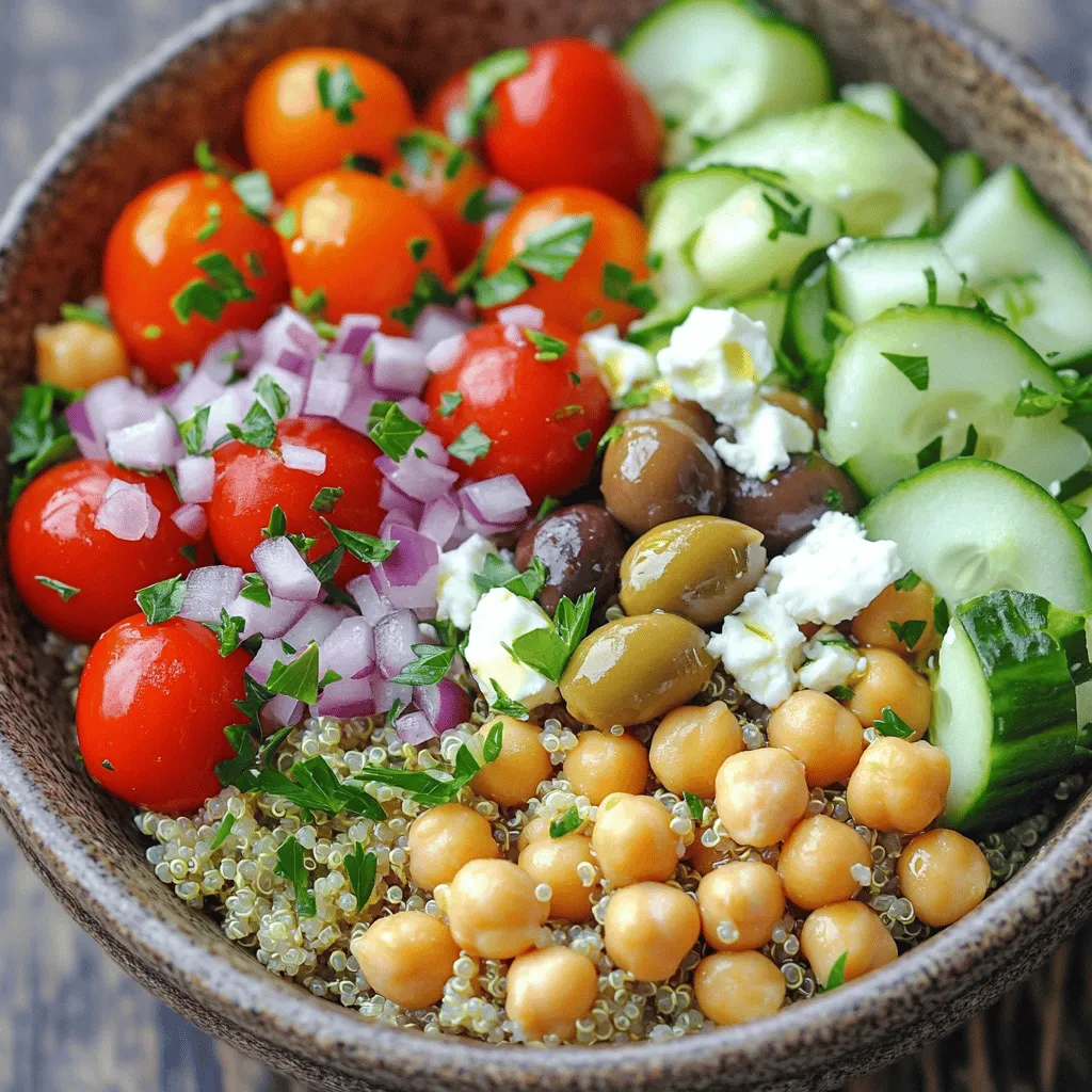 - 1 cup quinoa, rinsed - 2 cups vegetable broth or water - 1 can (15 oz) chickpeas, drained and rinsed - 1 cup cherry tomatoes, halved - 1 cucumber, diced - 1/2 red onion, finely chopped - 1/4 cup Kalamata olives, pitted and sliced - 1/4 cup feta cheese, crumbled (optional) - 1/4 cup fresh parsley, chopped - 3 tablespoons olive oil - 2 tablespoons lemon juice - 1 teaspoon dried oregano - Salt and pepper, to taste I love using fresh and simple ingredients for my Mediterranean Chickpea Quinoa Bowls. Each ingredient brings flavor and nutrition to the dish. First, let’s focus on quinoa. It cooks perfectly and adds a nutty taste. Rinse it well to remove any bitterness. Cooking it in vegetable broth makes it even tastier. Next, we have chickpeas. These small legumes pack a protein punch. They add creaminess and a hearty feel to your bowl. Fresh vegetables brighten the dish. I like using juicy cherry tomatoes, crisp cucumber, and sharp red onion. They add color and crunch. You can mix and match based on what you have. Feta cheese is optional, but I love its salty flavor. It gives a nice contrast to the dish. If you want a vegan option, feel free to skip it. Lastly, the dressing ties everything together. With olive oil, lemon juice, and oregano, it adds a zesty kick. Adjust salt and pepper to make it just right for your taste. Gather these ingredients, and you’re set for a fresh and delicious meal! To cook the quinoa, start by rinsing one cup of it under cold water. This step removes any bitter taste. In a medium saucepan, combine the rinsed quinoa with two cups of vegetable broth or water. Bring this mixture to a boil over high heat. Then, reduce the heat to low. Cover the pot and let it simmer for about 15 minutes. You know it’s ready when all the liquid is absorbed. After cooking, fluff the quinoa with a fork to separate the grains. Let it cool slightly before you mix it with the other ingredients. This keeps everything fresh and tasty. While the quinoa cooks, you can make the dressing. Take a small bowl and add three tablespoons of olive oil. Then, add two tablespoons of lemon juice, one teaspoon of dried oregano, and salt and pepper to taste. Whisk these ingredients together until they blend well. Taste the dressing and adjust the seasoning if needed. You can add more lemon juice for tang or more salt for flavor. In a large mixing bowl, combine one can of drained and rinsed chickpeas, one cup of halved cherry tomatoes, one diced cucumber, half a finely chopped red onion, and a quarter cup of sliced Kalamata olives. Add a quarter cup of chopped fresh parsley to brighten the mix. Next, add the cooled quinoa to the bowl with the vegetables and chickpeas. Pour the dressing over everything. Gently toss the mixture until all the ingredients are well coated. If you like, sprinkle crumbled feta cheese on top before serving. You can serve this bowl warm or chill it for a refreshing meal. You can change the grains or legumes in this dish. Try using farro or brown rice instead of quinoa. Both grains add nice texture and flavor. If you want more protein, swap chickpeas for lentils or black beans. They work great too! For a gluten-free option, stick with quinoa or choose rice. Both options are safe and tasty. You can even use millet for a nutty flavor. These grains keep the bowl light and fresh. This bowl pairs well with many sides. Serve it with pita bread or hummus for a filling meal. A side of tzatziki adds a nice cool touch. You can also add grilled chicken or fish for extra protein. You can enjoy this dish warm or chilled. Warm bowls feel comforting, while chilled bowls are refreshing. I love having it cold on hot days. It’s a perfect lunch to pack and take with you. Storing leftovers is easy. Keep the bowl in an airtight container in the fridge. It lasts for about three days. You can also separate the dressing. This keeps the veggies fresh longer. To prepare in advance, make the quinoa and chop the veggies. Store them in the fridge. When ready to eat, combine everything and add dressing. It's quick and great for busy days! {{image_2}} You can easily change this dish to fit your taste. Try using seasonal or local veggies. For example, swap cherry tomatoes for bell peppers in summer. In winter, add roasted squash for warmth. You can also add optional proteins. Grilled chicken or shrimp work well. For a vegan option, toss in more chickpeas or some lentils. This makes the meal heartier and more filling. Experimenting with spices and herbs can elevate this dish. Try adding cumin or smoked paprika for a richer taste. Fresh herbs like basil or mint can also add new flavors. Different dressings can change the vibe of your bowl. Consider a tahini sauce for a creamy twist. Or, try a balsamic glaze for a sweet touch. You can also top the bowl with seeds or nuts for crunch. Store your Mediterranean Chickpea Quinoa Bowls in an airtight container. This keeps them fresh. Place the bowl in the fridge within two hours of cooking. The dish stays good for about three to five days. Always check for any signs of spoilage before eating. If it smells off or looks strange, throw it away. To freeze, divide the bowls into single portions. Use freezer-safe containers or bags. Make sure to remove as much air as possible. This helps prevent freezer burn. You can freeze the bowls for up to three months. When you’re ready to eat, take one out and thaw it overnight in the fridge. To reheat, use the microwave or a stovetop pan. Heat until warm, stirring occasionally. If the quinoa seems dry, add a splash of water or broth while reheating. Enjoy your meal! You can use several grains or pasta if you need a change. Here are some great options: - Rice: Brown or white rice works well. - Couscous: This small pasta cooks fast and has a similar texture. - Farro: This grain adds a chewy bite. - Barley: A hearty and nutty choice. These alternatives will still give you a tasty bowl! Yes, you can easily make this dish vegan! Here’s how: - Feta cheese: Use a plant-based feta or skip it entirely. - Dressing: Ensure your olive oil and lemon juice are vegan-friendly. - Chickpeas: They are vegan, but always check the can for additives. With these swaps, you’ll have a delicious vegan meal. This meal is quick to make. Here's a breakdown: - Prep time: About 15 minutes. - Cook time: 15 minutes for the quinoa. In total, you can enjoy your Mediterranean Chickpea Quinoa Bowl in just 30 minutes! This blog post guides you through creating a healthy quinoa bowl. We covered essential ingredients like quinoa, chickpeas, and fresh veggies. I shared step-by-step cooking tips, including how to make a delicious dressing. You can adjust the recipe to your taste by switching ingredients or flavors. Remember to store leftovers properly or meal prep for busy weeks. Try this recipe, and enjoy a tasty, customizable meal that's easy to make.