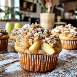 - 2 cups all-purpose flour - 1 tablespoon baking powder - ½ teaspoon baking soda - 1 teaspoon ground cinnamon - ½ teaspoon salt - ½ cup unsalted butter, softened - ¾ cup granulated sugar - 2 large eggs - 1 teaspoon vanilla extract - 1 cup buttermilk (or milk with vinegar) - 2 cups peeled and diced apples (Granny Smith or Honeycrisp) - ½ cup brown sugar - ½ cup rolled oats - 1 teaspoon ground cinnamon (for streusel topping) - 1 tablespoon butter, melted (for streusel topping) - Preheat the Oven Start by preheating your oven to 375°F (190°C). This step is key for even baking. - Prepare Muffin Tin Line your muffin tin with paper liners or grease it lightly. This helps the muffins release easily. - Whisk Dry Ingredients In a medium bowl, whisk together 2 cups of all-purpose flour, 1 tablespoon of baking powder, ½ teaspoon of baking soda, 1 teaspoon of ground cinnamon, and ½ teaspoon of salt. This mix gives structure to your muffins. - Cream Butter and Sugar In a large bowl, cream ½ cup of softened unsalted butter and ¾ cup of granulated sugar. Use an electric mixer until it's light and fluffy. - Incorporate Eggs and Vanilla Add 2 large eggs, one at a time. Mix well after each addition. Then, add in 1 teaspoon of vanilla extract for flavor. - Combine Dry and Wet Ingredients Gradually mix the dry ingredients into the wet mix. Alternate with 1 cup of buttermilk. Stop mixing when everything is just combined; overmixing can make muffins tough. - Fold in Diced Apples Gently fold in 2 cups of peeled and diced apples. I like using Granny Smith or Honeycrisp for their tartness. - Prepare Streusel Topping In a separate bowl, combine ½ cup of brown sugar, ½ cup of rolled oats, 1 teaspoon of ground cinnamon, and 1 tablespoon of melted butter. Mix until it looks like coarse crumbs. - Assemble Muffins for Baking Divide the batter evenly into the muffin cups, filling each about ¾ full. Top with a generous sprinkle of your streusel mix. - Baking Time and Temperature Bake in the preheated oven for 18-20 minutes. Check with a toothpick; it should come out clean when done. - Cooling Instructions Let the muffins cool in the tin for about 5 minutes. Then, transfer them to a wire rack to cool completely. Enjoy the warm aroma! - Avoid Overmixing: Mix the batter just enough to combine. Overmixing makes muffins tough. - Ensuring the Right Buttermilk Consistency: If you use regular milk, add vinegar and let it sit for 5 minutes. This makes a good substitute. - Presentation Tips for Appealing Serving: Serve muffins warm with a light dusting of powdered sugar. Add a thin apple slice on the side for charm. - Pairing Ideas with Beverages: These muffins pair well with coffee or tea. Their warm spices complement both drinks beautifully. - Spice Variations: Feel free to add nutmeg or ginger for a different twist. Each spice gives unique warmth. - Adding Nuts or Other Fruits: Chopped walnuts or pecans add crunch. You can also mix in dried cranberries or raisins for sweetness. {{image_2}} If you want a gluten-free version, you can use alternative flours. Almond flour or coconut flour works well. You might need to adjust the liquid since these flours absorb more moisture. A gluten-free all-purpose blend is another great choice. Just check that it contains xanthan gum for better texture. You can swap apples for other fruits, like pears or berries. Pears add a sweet, juicy touch and keep muffins moist. Berries, like blueberries or raspberries, bring a tart flavor that pairs well with cinnamon. Just remember to adjust the sugar if your chosen fruit is sweeter or tarter. Adding zest from citrus fruits can brighten the flavor. Try lemon or orange zest for a fresh twist. You can also combine different spices. Nutmeg or ginger can add warmth and depth to your muffins. Just a pinch can change the whole taste experience! To keep your muffins fresh at room temperature, place them in a cool, dry spot. Use a wire rack or a plate. Cover them lightly with a clean kitchen towel. This method keeps them soft for about two days. For freezing, wrap each muffin tightly in plastic wrap. Place them in a freezer bag or airtight container. They can last up to three months in the freezer. To thaw, take them out of the freezer and leave them at room temperature. You can also microwave them for about 15-20 seconds. For reheating, place them in a 350°F oven for about 10 minutes. This brings back their warmth and texture nicely. To avoid moisture exposure, never store muffins in the fridge. Humidity can make them soggy. Instead, keep them in a cool, dry area. Using airtight containers is a smart way to maintain freshness. These containers keep air out and prevent drying. Always ensure they are completely cool before sealing to avoid steam buildup. This helps keep your muffins tasty for longer. Yes, you can use regular milk. Just mix one cup of milk with one tablespoon of vinegar. Let it sit for a few minutes. This will create a buttermilk substitute. It adds the same tangy flavor and helps the muffins rise. Check the muffins at 18 minutes. Insert a toothpick into the center. If it comes out clean or with a few crumbs, the muffins are done. If it has wet batter, bake for another 2-3 minutes. Keep an eye on them to avoid overbaking. I recommend Granny Smith or Honeycrisp apples. Granny Smith brings a tart flavor that contrasts well with sweetness. Honeycrisp adds a nice sweetness and crunch. Both types hold their shape well when baked. Yes, you can prep the batter one day ahead. Store it in the fridge. When you are ready to bake, let it sit at room temperature for about 30 minutes. This helps it mix better and rise nicely. To lower the sugar, use less granulated sugar. You can also swap half of the granulated sugar for unsweetened applesauce. This keeps the muffins moist while cutting down on sugar. Use the same amount of applesauce as sugar for a sweeter taste. This blog post shared a simple recipe for delicious apple muffins. You learned about the key ingredients, like flour, baking powder, and apples. We also covered step-by-step instructions for mixing and baking. You found tips for perfecting texture and ideas for flavor variations. In the end, you can enjoy these muffins fresh or stored for later. Baking can be easy and fun, bringing joy to you and your loved ones. Happy baking!