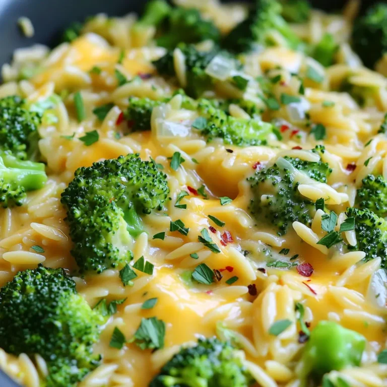 To make One Pot Broccoli Cheddar Orzo, you need simple ingredients. Here’s what you will need: - 1 cup orzo pasta - 3 cups vegetable broth - 2 cups broccoli florets - 1 cup sharp cheddar cheese, shredded - 1 cup milk (or almond milk for a dairy-free option) - 1 tablespoon olive oil - 1 small onion, finely chopped - 2 cloves garlic, minced - 1 teaspoon onion powder - Salt and pepper to taste - 1/4 teaspoon red pepper flakes (optional for a kick) - Fresh parsley, chopped for garnish These ingredients come together to create a creamy, comforting dish that's easy to prepare. The orzo pasta absorbs the broth, making each bite full of flavor. If you have dietary needs, some substitutes work great in this recipe: - Use quinoa instead of orzo for a gluten-free option. - Swap milk for almond milk to keep it dairy-free. - Use nutritional yeast instead of cheese for a vegan touch. - Add cauliflower or spinach if you want more greens. These swaps keep the dish tasty while fitting your diet. You will need a few kitchen tools to make this dish: - A large pot for cooking - A wooden spoon for stirring - A cutting board and knife for chopping - A measuring cup and spoons for accuracy Having the right tools makes cooking easier and more fun. This dish is quick and simple, so gather your tools and get started! Start by heating the olive oil in a large pot over medium heat. Add the finely chopped onion and minced garlic. Sauté them for about 3 to 4 minutes. You want the onion to turn translucent and fragrant. This base adds a lot of flavor to our dish. Next, stir in the orzo pasta. Cook it for 1 to 2 minutes until it gets a light toast. Now, pour in the vegetable broth and bring it to a gentle simmer. Add the broccoli florets, onion powder, salt, pepper, and red pepper flakes if you like some heat. Cover the pot and let it cook for about 10 to 12 minutes. Stir occasionally. The orzo should be tender and soak up most of the broth. Once the orzo and broccoli are done, reduce the heat to low. Stir in the milk and shredded cheddar cheese. Mix well until the cheese melts and the dish becomes creamy. Taste and adjust the seasoning if needed. Remove it from heat and let it sit for a couple of minutes. This will make it thicker. Before serving, sprinkle some freshly chopped parsley on top for a nice touch. To get that creamy texture, use sharp cheddar cheese. It melts well and adds a rich flavor. Also, make sure to stir the milk in slowly. This helps mix it well with the orzo and cheese. Let the dish sit for a few minutes after cooking. This lets it thicken and become even creamier. If you want an extra creamy touch, add more cheese or a splash of cream. One common mistake is overcooking the orzo. Keep an eye on it while it cooks. If it cooks too long, it can become mushy. Another mistake is not seasoning enough. Taste as you cook and adjust salt and pepper. Using too much broth can make it watery. Stick to the recipe ratio for the best results. Lastly, don’t skip the resting time. It helps the flavors meld together. To boost flavor, try adding more spices. Red pepper flakes give a nice kick. You can also add garlic powder for an extra garlic punch. Fresh herbs, like thyme or basil, brighten the dish. If you want a tangy twist, a splash of lemon juice works wonders. You can also mix in a bit of mustard for depth. Experiment with your favorite seasonings to find what you love best! {{image_2}} If you want a dairy-free version of this dish, swap out the milk and cheese. Use almond milk or oat milk in place of regular milk. For the cheese, try a dairy-free cheese blend. These options still give you a creamy texture. You can also add nutritional yeast for a cheesy flavor without dairy. Adding protein can make this dish more filling. You can add cooked chicken, shrimp, or tofu. For chicken, use shredded rotisserie chicken for quick prep. For shrimp, sauté them in a separate pan before adding to the pot. If you choose tofu, use firm tofu and cube it. Add it in the last few minutes of cooking to warm it through. Feel free to change up the veggies. You can replace broccoli with spinach, peas, or bell peppers. Just make sure to adjust the cooking time. Spinach cooks quickly, while bell peppers may need a few extra minutes. This way, you can make the dish your own and enjoy different flavors each time. After you make One Pot Broccoli Cheddar Orzo, you may have some left. Let it cool to room temperature first. Then, store it in an airtight container. This keeps the dish fresh. You can keep it in the fridge for up to three days. If you want it to last longer, freezing is a great option. When it’s time to enjoy your leftovers, reheat them on the stove. Add a splash of water or milk to help it stay creamy. Stir often over low heat until warmed through. You can also use the microwave if you’re in a hurry. Just cover the bowl to keep moisture in. Heat in short bursts, stirring in between. To freeze One Pot Broccoli Cheddar Orzo, place it in a freezer-safe container. Leave some space at the top, as the orzo will expand. It can stay in the freezer for up to three months. When you’re ready to eat, thaw it in the fridge overnight. Then, reheat it on the stove as I mentioned earlier. This way, you can enjoy the meal even later! Yes, you can make One Pot Broccoli Cheddar Orzo ahead of time. Just cook it and let it cool. Store it in an airtight container in the fridge. It keeps well for up to three days. When you’re ready to eat, simply reheat it on the stove. Add a splash of milk to bring back its creaminess. This dish pairs well with many sides. Here are some great options: - A fresh green salad with a light vinaigrette. - Garlic bread or crusty rolls for dipping. - Grilled chicken or shrimp for added protein. - Roasted vegetables for extra flavor and nutrition. Yes, you can make a gluten-free version of this recipe. Use gluten-free orzo pasta instead of regular orzo. The rest of the ingredients are gluten-free, so you can enjoy this dish without worry. Just check labels to ensure all items are gluten-free. This way, everyone can enjoy this creamy comfort dish. This blog post showed you how to make One Pot Broccoli Cheddar Orzo. We discussed key ingredients, cooking steps, and tips for the perfect dish. I also shared ideas for variations and how to store your leftovers. With this easy recipe, you can enjoy a creamy meal that fits many diets. Don't be afraid to get creative! Try new ingredients and flavors to make it your own. Enjoy your cooking journey!