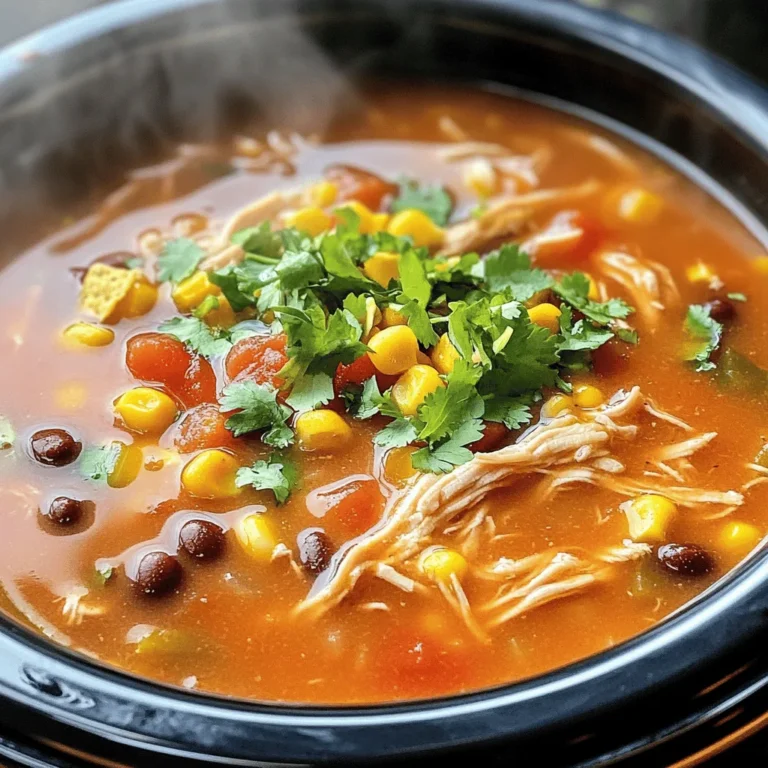- 1 lb boneless, skinless chicken breasts - 1 medium onion, chopped - 2 cloves garlic, minced - 1 can (14.5 oz) diced tomatoes with green chilies - 1 can (15 oz) black beans, drained and rinsed - 1 can (15 oz) corn, drained - 4 cups chicken broth - 1 tablespoon ground cumin - 1 tablespoon chili powder - 1 teaspoon smoked paprika - Salt and pepper to taste To make this soup, I start with chicken breasts that are boneless and skinless. They cook tenderly in the slow cooker. I chop one medium onion and mince two cloves of garlic. These add great flavor. I use canned goods, too. A 14.5 oz can of diced tomatoes with green chilies brings spiciness. I also add one 15 oz can of black beans and one 15 oz can of corn. For the broth, I pour in four cups of chicken broth. I season the soup with one tablespoon of ground cumin, one tablespoon of chili powder, and one teaspoon of smoked paprika. Finally, I add salt and pepper to taste. These spices give the soup a warm, rich flavor. - Fresh cilantro - Lime - Tortilla chips for serving After cooking, I like to garnish the soup. Fresh cilantro adds a bright touch. A squeeze of lime gives it a nice zing. I enjoy serving the soup with crunchy tortilla chips, too. They add texture and fun to every spoonful. 1. Start by placing the chicken breasts at the bottom of your slow cooker. This helps keep the chicken moist. 2. Next, add the chopped onion and minced garlic on top of the chicken. These add great flavor. 3. Pour in the diced tomatoes with green chilies, black beans, and corn. Each adds a nice texture and taste. 4. Now, pour the chicken broth over all the ingredients. This creates a rich base for the soup. 5. Sprinkle the ground cumin, chili powder, smoked paprika, salt, and pepper evenly over everything. This step is key for that bold flavor. - Cook on low for 6-8 hours or on high for 3-4 hours. Cooking on low gives a deeper flavor. - About 30 minutes before serving, use two forks to shred the chicken while it’s still in the slow cooker. This makes it easier to mix with the soup. - After shredding, stir in the lime juice. This brightens up the soup and adds a fresh taste. - Serve the soup hot, garnished with fresh cilantro. This adds a lovely color and flavor. - Top each bowl with a handful of tortilla chips for extra crunch. - Pair your soup with a side of avocado or a refreshing drink like iced tea. This balances the meal perfectly. To make your soup taste great, adjust the seasoning to your liking. After cooking, taste the soup. You might want to add more salt or spices. This will enhance the flavor and make it more enjoyable. For chicken tenderness, use boneless, skinless chicken breasts. Cook them low and slow. This keeps the chicken juicy. Shred the chicken in the slow cooker about 30 minutes before serving. This lets the meat soak up more flavor. Choose the right slow cooker size for your meal. A 6-quart slow cooker works well for this recipe. It holds all the ingredients without overflowing. If you use a smaller one, it might not fit everything. Avoid common slow cooker mistakes. Don’t lift the lid too often while cooking. This lets heat escape and can slow down cooking. Always make sure your ingredients are covered with liquid for even cooking. {{image_2}} You can easily switch up the protein in this soup. Instead of chicken, try turkey. Ground turkey works well and cooks quickly. If you want a meatless option, use beans. Black beans are great, but you can also use pinto or chickpeas. For a vegetarian or vegan twist, leave out all meat. Add more veggies, like zucchini or bell peppers, for texture. You could also use vegetable broth instead of chicken broth. This keeps the soup flavorful without meat. Want to spice things up? Add more heat! Try extra chili powder or diced jalapeños. If you prefer a milder flavor, use less spice at first. You can always add more later. Incorporating different vegetables can also change the soup's flavor. Consider adding diced carrots or corn. You can even throw in some spinach for a nutrient boost. Just add them during the last hour of cooking to keep them fresh. To keep your soup fresh, use airtight containers. Glass containers are a great choice. They do not stain and keep flavors well. You can also use plastic containers. Just make sure they seal tight. Store your soup in the fridge for up to three days. If you want to keep it longer, freeze it. It can last up to three months in the freezer. Just remember to let it cool before you store it. Reheat your soup on the stovetop for the best flavor. Pour the soup into a pot and heat over medium. Stir it often to warm it evenly. You can also use the microwave. Pour the soup into a bowl and cover it. Heat for 1-2 minutes, stirring halfway through. Check the temperature before serving. To keep the flavor and texture, avoid boiling the soup. This helps keep the chicken tender and the broth rich. You can store this soup in the fridge for up to four days. Make sure to use an airtight container. This helps keep the soup fresh and tasty. Yes, you can freeze Slow Cooker Chicken Tortilla Soup. Place it in a freezer-safe container. It will last for up to three months in the freezer. Just remember to leave some space in the container for expansion. I love serving this soup with tortilla chips for crunch. You can also add avocado slices or fresh lime on top. A side salad or cornbread works well too. Yes, you can use frozen chicken in the slow cooker. It will take longer to cook, about 8-10 hours on low. Always ensure the chicken reaches a safe internal temperature of 165°F before serving. This blog post showed how to make delicious Slow Cooker Chicken Tortilla Soup. We covered the main ingredients and prep steps to build flavor. You learned cooking times and best ways to serve. I shared tips for perfecting the recipe and variations to suit your taste. Finally, I included storage tips for leftovers and answered common questions. Remember, this soup is easy to adapt, so feel free to experiment! It's a cozy dish you can enjoy anytime. Now, it’s your turn to cook and create!