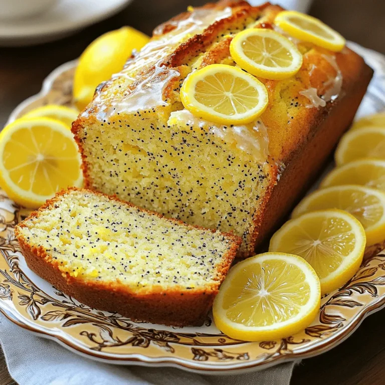 - 1 ½ cups all-purpose flour - 1 cup granulated sugar - ½ teaspoon salt - 2 teaspoons baking powder - ½ teaspoon baking soda - ½ cup unsalted butter, softened - 2 large eggs - ½ cup plain Greek yogurt - ½ cup fresh lemon juice - Zest of 2 lemons - 2 tablespoons poppy seeds - You can use coconut sugar or honey in place of granulated sugar. These options add a different taste and sweetness. - For a dairy-free choice, use almond yogurt or soy yogurt instead of Greek yogurt. They work well and keep the loaf moist. - If you prefer low-carb, try almond flour or coconut flour. Adjust the liquid to keep the batter right. 1. Preheat your oven to 350°F (175°C). Grease a 9x5 inch loaf pan or line it with parchment paper. This helps the loaf come out easily after baking. 2. In a mixing bowl, whisk together: - 1 ½ cups all-purpose flour - 1 cup granulated sugar - ½ teaspoon salt - 2 teaspoons baking powder - ½ teaspoon baking soda Mix these dry ingredients well to ensure even flavor. 3. In another bowl, cream together: - ½ cup unsalted butter, softened Use an electric mixer to beat the butter until it is light and fluffy. This step adds air and makes your loaf soft. 4. Add in: - 2 large eggs Beat in one egg at a time. Make sure to mix well after each addition. 5. Next, mix in: - ½ cup plain Greek yogurt - ½ cup fresh lemon juice (about 3 lemons) - Zest of 2 lemons Stir until everything is well combined. 1. Gradually add the dry ingredients to the wet ingredients. Mix gently until just combined. Be careful not to overmix, as this can make the loaf tough. 2. Fold in: - 2 tablespoons poppy seeds Use a spatula to distribute the seeds evenly. They add a nice crunch and flavor. 1. Pour the batter into your prepared loaf pan. Smooth the top with a spatula. 2. Bake in the preheated oven for about 55-60 minutes. The loaf is done when a toothpick inserted into the center comes out clean. 3. Once baked, take the loaf out of the oven. Let it cool in the pan for 10 minutes. After that, transfer it to a wire rack to cool completely. This helps keep the crust nice and crisp. Ensuring Moisture in the Loaf To keep your loaf moist, use fresh lemon juice and zest. The Greek yogurt adds moisture too. Make sure not to overmix your batter. Overmixing can lead to a dry loaf. Tips for Perfecting Texture Use softened butter for a light and airy texture. Cream it well before adding eggs. Eggs should be added one at a time to blend nicely. This helps create a smooth batter, leading to a perfect slice. Serving Ideas for Lemon Poppy Seed Loaf Slice the loaf and place it on a pretty platter. Serve with lemon slices and a dusting of poppy seeds. This adds color and makes it look appealing. Pair it with tea or coffee for a delightful treat. Garnishing Tips For a lovely garnish, use fresh herbs like mint. A light drizzle of lemon glaze can also enhance the flavor. This makes your loaf more inviting and festive for any gathering. How to Store Leftovers Store your loaf in an airtight container at room temperature. This keeps it fresh for up to three days. If you want to keep it longer, wrap it tightly in plastic wrap and refrigerate. Reheating the Loaf To reheat, slice the loaf and warm it in the microwave. Heat for about 10-15 seconds. You can also use a toaster oven for a crisp crust. Enjoy it warm for the best taste! {{image_2}} Adding Blueberries or Raspberries You can add blueberries or raspberries to the loaf. The tartness pairs well with lemon. Use about 1 cup of fresh or frozen berries. Gently fold them into the batter before pouring it into the pan. This will add a burst of flavor and color. Honey or Maple Syrup Alternatives If you want a different sweetener, try honey or maple syrup. Replace granulated sugar with ¾ cup of honey or 1 cup of maple syrup. This will add a unique taste. Keep in mind that using these alternatives may change the loaf’s texture slightly. Using Gluten-Free Flour Blends For a gluten-free option, use a gluten-free flour blend. Many blends work well in baking. Look for one that includes xanthan gum. This helps the loaf hold its shape. Use the same amount as the all-purpose flour in the recipe. Adjusting Baking Times When using gluten-free flour, watch the baking time closely. It may bake faster or slower. Check for doneness by inserting a toothpick into the center. If it comes out clean, your loaf is ready. Replacing Eggs and Butter To make the loaf vegan, substitute eggs and butter. Use ½ cup of unsweetened applesauce for the eggs. For butter, use ½ cup of coconut oil or vegan butter. This will keep the loaf moist and tasty. Vegan Yogurt Options You can also replace Greek yogurt with a vegan option. Look for plant-based Greek yogurt. Almond or coconut yogurt works great. Use the same amount as the original recipe. This keeps the lemon poppy seed loaf creamy and delicious. Best Beverages to Serve Lemon poppy seed loaf pairs well with many drinks. Here are some great choices: - Hot tea, like chamomile or green tea. - Freshly brewed coffee for a nice kick. - Sparkling water with a twist of lemon for a refreshing touch. - Lemonade, especially on warm days. These drinks enhance the loaf's bright flavor. Accompanying Snacks You can enjoy your loaf with simple snacks. Here are some tasty options: - A light salad with mixed greens and lemon vinaigrette. - Yogurt with fresh fruit for a sweet touch. - Cheese, especially creamy varieties like brie or goat cheese. - A handful of nuts for a nice crunch. These snacks add fun textures and flavors to your meal. Perfect for Tea Time This lemon poppy seed loaf is a star at tea time. Slice it thin and serve it on a pretty plate. You can add lemon slices on the side for a nice touch. The bright lemon flavor will delight your guests. Great for Brunches and Gatherings Serve this loaf at brunches or gatherings. It’s a crowd-pleaser! Pair it with other brunch foods like eggs or fruit. Guests will enjoy the sweet and zesty taste. You can even make mini loaves for easy sharing! Packaging Ideas for Gifting Wrap your lemon poppy seed loaf for a lovely gift. Use parchment paper or a cute box. Tie it with a ribbon for a special touch. This makes it feel more personal and thoughtful. Adding Personal Touches Add a note with serving suggestions or a simple recipe. You can also include a small jar of lemon curd. This makes the gift even more special. Your friends will love receiving this delicious treat. What can I substitute for Greek yogurt? You can use sour cream or regular yogurt. Both give a similar creaminess and tang. If you want a dairy-free option, try coconut yogurt or almond yogurt. They work well too. How do I know when the loaf is done baking? Insert a toothpick into the center of the loaf. If it comes out clean, the loaf is done. You can also gently press the top. If it springs back, it's ready to come out. Can I freeze the Lemon Poppy Seed Bakery Loaf? Yes, you can freeze it! Wrap it tightly in plastic wrap and then in foil. This keeps it fresh for up to three months. Just thaw it in the fridge overnight before serving. Why did my loaf sink? A sink can happen if the batter is overmixed. It can also be due to too much leavening agent or not enough flour. Always measure carefully and mix gently. How can I make it less sweet? To reduce sweetness, cut back on the sugar. Try using half a cup instead of a full cup. You can also add a bit more lemon juice to balance the flavor. Caloric Content per Slice Each slice of the Lemon Poppy Seed Bakery Loaf has about 180 calories. This can vary based on portion size and added toppings. Health Benefits of Ingredients Lemons are high in vitamin C, which boosts your immune system. Poppy seeds add fiber and healthy fats. Greek yogurt provides protein and probiotics for gut health. Enjoying this loaf can be a treat with added benefits! This article guided you through making a delicious Lemon Poppy Seed Loaf. You learned about the key ingredients and how to mix them. We covered helpful baking tips and fun variations to fit your taste. Remember the options for substitutions if you need them. Baking should be fun, so get creative! Enjoy your Lemon Poppy Seed Loaf with friends and family. Happy baking!