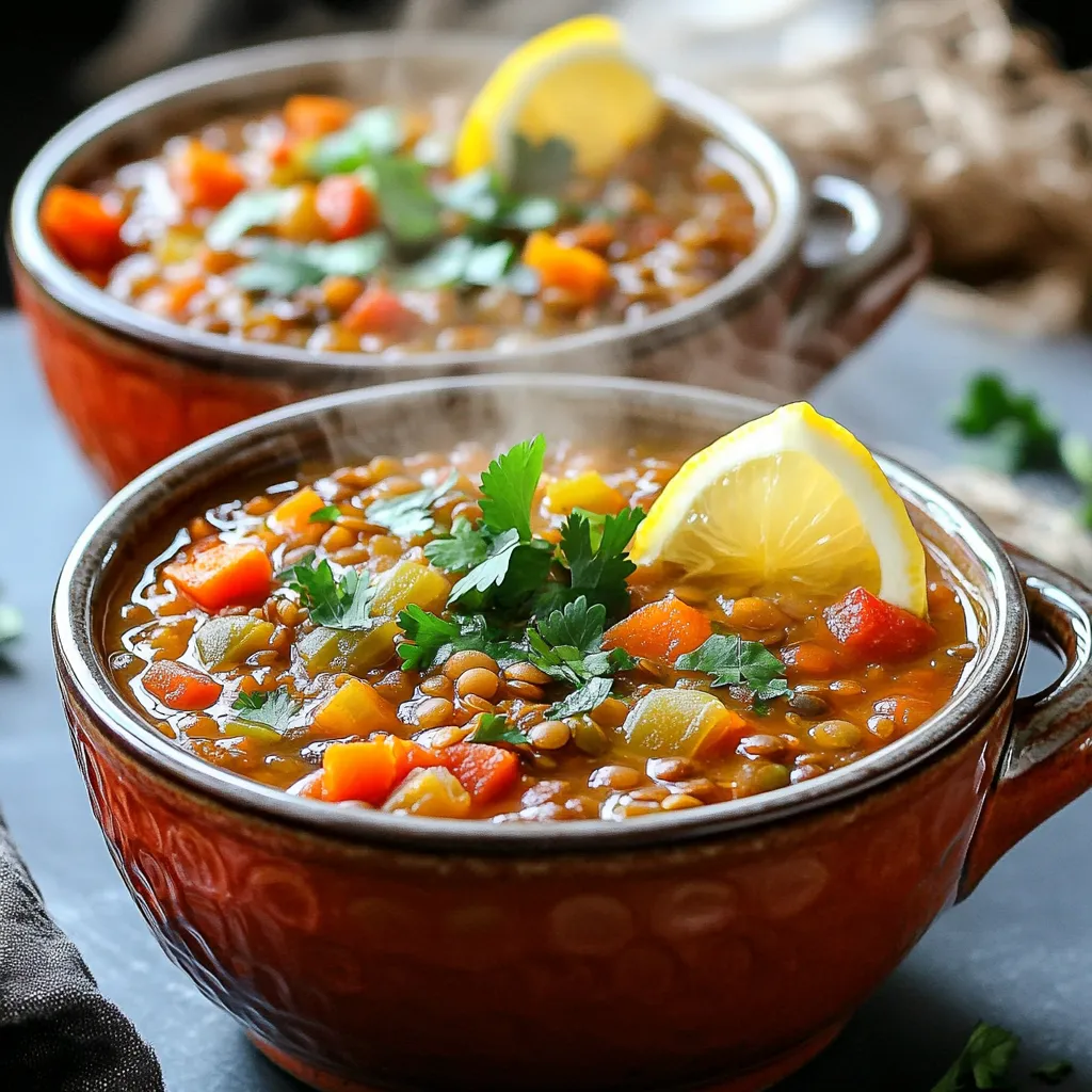 To make this tasty stew, gather these simple ingredients: - 1 cup green or brown lentils, rinsed and drained - 1 large onion, diced - 2 cloves garlic, minced - 2 medium carrots, chopped - 1 red bell pepper, diced - 2 cups diced tomatoes (canned or fresh) - 4 cups vegetable broth - 2 teaspoons ground cumin - 2 teaspoons ground coriander - 1 teaspoon ground cinnamon - 1 teaspoon smoked paprika - ½ teaspoon cayenne pepper (adjust for heat preference) - Salt and black pepper to taste - 1 cup chopped kale or spinach - 1 tablespoon olive oil - Fresh cilantro for garnish (optional) - Lemon wedges for serving (optional) You can swap some ingredients for what you have. Use any lentils you like. Green or brown work best for this stew. If you do not like kale, spinach is a great choice. You can also use frozen greens. For the broth, vegetable or chicken broth are both good options. If you want a milder stew, leave out the cayenne. You can also add a pinch of sugar if the stew tastes too acidic from the tomatoes. Fresh herbs like parsley can replace cilantro if you prefer. When picking fresh veggies, look for rich colors and firm textures. Choose onions that feel heavy for their size. They should have smooth skin and no soft spots. For carrots, go for those that are bright orange and firm. Bell peppers should be shiny and crisp. When buying tomatoes, choose ones that feel heavy and smell fresh. If using canned tomatoes, pick ones with no added sugars or preservatives. Fresh herbs should look vibrant and smell fragrant. To start, you need to chop some veggies. Dice one large onion and two medium carrots. Mince two cloves of garlic. Then, dice one red bell pepper. Set all these aside in a bowl. These fresh veggies will add great taste and texture to your stew. Next, heat one tablespoon of olive oil in a skillet over medium heat. Add the diced onion and minced garlic. Cook them until they become soft and smell great. This usually takes about 4 to 5 minutes. Sautéing these aromatics boosts the flavor of your stew. Now, it’s time to mix everything in the slow cooker. Add the sautéed onion and garlic to the pot. Then, toss in one cup of rinsed lentils, the chopped carrots, and the diced red bell pepper. Pour in two cups of diced tomatoes, along with four cups of vegetable broth. Now, sprinkle in the spices: two teaspoons of ground cumin, two teaspoons of ground coriander, one teaspoon of ground cinnamon, one teaspoon of smoked paprika, and half a teaspoon of cayenne pepper. Add salt and black pepper to taste. Stir everything well. This ensures all the spices mix with the veggies and lentils. Cover the slow cooker. Cook on low for 6 to 8 hours, or on high for 3 to 4 hours. The lentils should be tender when done. In the last 15 minutes, stir in one cup of chopped kale or spinach. This adds a nice boost of color and nutrients to your stew. Before you serve, taste the stew. Adjust the seasoning if needed. Add more salt or spice to make it just right. Ladle the stew into bowls and garnish with fresh cilantro and lemon wedges. Enjoy your hearty meal! For tender lentils, cook the stew for 6 to 8 hours on low. This slow heat allows the flavors to meld. If you are short on time, cook it for 3 to 4 hours on high. The lentils will still be soft and tasty, but the low setting gives a richer flavor. The low setting is best for deep flavor. It lets the spices infuse the lentils and veggies well. However, if you choose the high setting, the stew cooks faster. Just know that the taste may not be as strong. Both methods will get you a hearty meal, but low is my go-to for the best results. You’ll know the stew is ready when the lentils are soft. They should not be mushy but tender. The mix will look thick and fragrant. You can also taste it to check the flavor. If it needs more salt or spices, now is the time to adjust. The greens should be wilted but still bright, adding a nice touch to your dish. {{image_2}} To make your stew tasty, start with fresh ingredients. Use ripe tomatoes, crisp bell peppers, and firm carrots. Sautéing the onion and garlic before adding them to the slow cooker boosts the flavor. This simple step makes a big difference. The heat brings out their natural sweetness. Don’t skip this step! If you like more heat, add extra cayenne pepper. Start with a small amount, then taste. You can always add more, but it’s hard to take it away. If you prefer a milder stew, skip the cayenne or reduce it. Cumin and coriander give warmth without too much spice. Balance is key for a perfect flavor. If your stew is too thin, try these tricks. First, mash some lentils against the side of the pot. This helps thicken the stew naturally. You can also stir in a bit of cornstarch mixed with water. This method works fast. If you want a richer texture, add a spoonful of tomato paste. It enhances flavor as it thickens. You can change the flavor and texture of your stew by adding other vegetables. Try diced sweet potatoes or zucchini for a sweet touch. You can also use green beans or cauliflower for a nice crunch. If you want more color, add chopped butternut squash or yellow bell peppers. These veggies are great for adding nutrition and making the dish more fun. If you want your stew to be more filling, try adding protein. You can mix in cooked chickpeas or black beans for plant-based protein. For something heartier, consider diced chicken or turkey. You can also add cooked sausage or beef for a meatier flavor. Just remember to adjust the cooking time to ensure everything cooks through. This stew is already vegan, but you can make it even better. Add nuts like cashews or almonds for a crunchy topping. You can also stir in some coconut milk for creaminess. If you want a more complex flavor, consider adding a dash of soy sauce or miso paste. These additions will deepen the taste while keeping it plant-based. After you enjoy your Slow Cooker Moroccan Lentil Stew, store leftovers in a sealed container. Let the stew cool down first. You can keep it in the fridge for up to five days. If you want to store it longer, freeze it. Use freezer-safe bags or containers for this. The stew can last for up to three months in the freezer. Label the bags with the date you stored them. This way, you won't forget when you made it. To reheat your stew, you have a few options. You can use the stove or the microwave. For the stove, pour the stew into a pot. Heat it over medium heat, stirring often. This should take about 5 to 10 minutes. If you use the microwave, place the stew in a microwave-safe bowl. Heat it for about 2 to 3 minutes. Stir halfway through to ensure it heats evenly. Always check that it's hot all the way through before eating. When serving the stew, you have many fun options. Ladle it into deep bowls for a hearty meal. Garnish with fresh cilantro and a lemon wedge for added flavor. Serve it with crusty bread or over fluffy couscous. You can also pair it with a simple green salad to balance the meal. For a twist, add some yogurt on top for creaminess. Enjoy exploring these serving ideas to make your meal even better! In this blog post, I covered key ingredients and step-by-step directions for a great stew. I shared tips on choosing quality produce and ways to boost flavor. The cooking times help ensure perfect lentils, and I offered tricks for adjusting spice and thickness. You can also explore fun variations and proper storage methods. Now, you have all the tools to make a delicious stew. Enjoy creating your own warm meal!