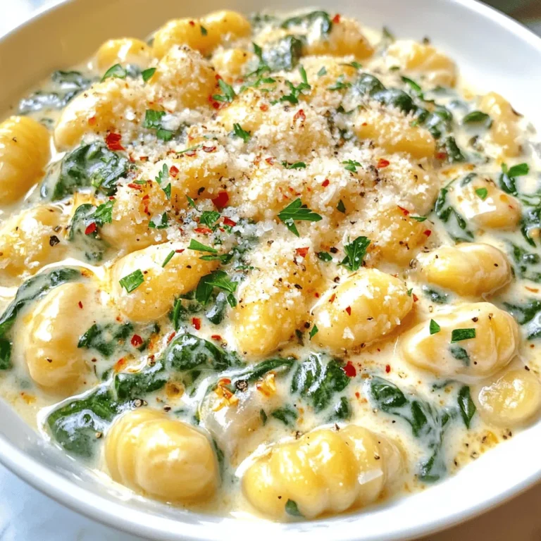 - 1 package (16 oz) gnocchi, store-bought or homemade - 2 tablespoons olive oil - 4 cloves garlic, minced - 4 cups fresh spinach, roughly chopped - 1 cup heavy cream - 1/2 cup grated Parmesan cheese - Salt and pepper to taste - 1/4 teaspoon red pepper flakes (optional) - Fresh parsley, chopped (for garnish) This dish needs simple yet fresh ingredients to create a rich flavor. You can start with gnocchi, which you can buy or make at home. I often choose store-bought for quick meals. Next, olive oil and garlic bring warmth to the dish. Fresh spinach adds a pop of color and nutrition. Heavy cream and Parmesan cheese create a smooth and creamy sauce. Remember to season with salt and pepper to enhance the taste. A sprinkle of red pepper flakes adds a hint of heat if you like. Finally, fresh parsley makes a lovely garnish and gives a fresh touch. Each ingredient plays a role in this easy, creamy delight. To cook the gnocchi, fill a large pot with water. Add a good amount of salt. Bring the water to a rolling boil. Carefully add the gnocchi to the pot. Watch for them to float to the top. This usually takes about 2 to 3 minutes. Once they float, they are done. Drain them well and set aside. Now, let’s move on to the sauce. Start by heating a large skillet over medium heat. Add two tablespoons of olive oil. When the oil is hot, add four cloves of minced garlic. Sauté the garlic for about one minute. You want it fragrant, not burnt. Next, add four cups of roughly chopped fresh spinach. Stir and cook the spinach for about 2 to 3 minutes until it wilts. It adds a lovely color and flavor to the sauce. Reduce the heat to low. Pour in one cup of heavy cream. Stir this into the garlic and spinach mix. Let it simmer for about 2 to 3 minutes. This helps the sauce thicken a bit. Once it’s slightly thickened, add half a cup of grated Parmesan cheese. Stir until the cheese melts and blends well. Season with salt, pepper, and a pinch of red pepper flakes if you like some heat. Now it’s time to bring it all together. Gently add the cooked gnocchi into the skillet. Toss them carefully to coat them in the creamy sauce. Heat everything through for another 1 to 2 minutes. Finally, remove from heat. Serve the gnocchi in shallow bowls. A sprinkle of fresh parsley on top looks great! You can also add more Parmesan and a drizzle of olive oil for extra flavor. To prevent overcooking, pay close attention while your gnocchi cooks. They usually float to the top after 2-3 minutes. Once they do, drain them quickly. This keeps them firm and tasty. For a creamy sauce, use low heat once you add the heavy cream. Stir gently to mix in garlic and spinach. Let it simmer for just a few minutes to thicken. This keeps the sauce rich without burning. When handling garlic, chop it finely to get the most flavor. Add it to hot oil for just a minute. This brings out its taste without burning. With spinach, wash and chop it roughly before cooking. Fresh spinach wilts quickly, so add it after the garlic. This way, it stays bright and fresh in the dish. For cheese, I recommend using freshly grated Parmesan. It melts better and adds a nice depth to the sauce. Pre-grated cheese often contains fillers that can affect texture. To plate the dish, use shallow bowls for a nice look. Place the gnocchi in the center, letting the cream sauce pool around them. For garnish, sprinkle fresh parsley on top. This adds color and freshness. A little extra Parmesan or a drizzle of olive oil on top also enhances flavor and makes the dish shine. {{image_2}} You can easily adapt this Minute Creamy Garlic Spinach Gnocchi to fit your diet. If you want a vegan or dairy-free version, swap the heavy cream for coconut cream or cashew cream. You can also use nutritional yeast instead of Parmesan cheese for that cheesy flavor. For gluten-free options, look for gluten-free gnocchi made from rice or potato. These alternatives keep the dish tasty while meeting your dietary needs. To make this dish even more delightful, consider adding proteins. Cooked chicken or shrimp can add a nice boost. Just toss them in right after the garlic. You can also mix in some cooked bacon or sausage for a heartier meal. For spice lovers, try adding herbs like basil or oregano. A pinch of crushed red pepper flakes can give it a nice kick. Adjust the flavors to suit your taste, and enjoy a unique spin on this creamy gnocchi dish! To keep your Minute Creamy Garlic Spinach Gnocchi fresh, follow these steps: - Best practices for refrigeration: Place leftovers in an airtight container. Store them in the fridge for up to 3 days. Make sure to let the dish cool before sealing to avoid condensation. - Freezing guidelines: If you want to keep it longer, freeze the gnocchi. Use a freezer-safe container or bag. It can last for up to 2 months. When ready to eat, thaw in the fridge overnight before reheating. Reheating your gnocchi properly keeps it tasty and creamy: - Best methods to maintain texture: Use a skillet over low heat. Add a splash of water or cream to help it heat evenly. Stir gently to avoid breaking the gnocchi. - Avoiding separation of sauce: Don’t rush the process. Reheat slowly. Stir often to keep the sauce creamy. If it starts to separate, add a little more cream and mix well. It takes about 15 minutes to make this dish. You will spend around 5 minutes prepping. The cooking part takes about 10 minutes. You can cook the gnocchi in just 2-3 minutes. The rest of the steps, like making the sauce, go quick too. Yes, you can use frozen gnocchi. Frozen gnocchi saves you time when you're busy. Simply boil them in salted water for 3-5 minutes until they float. Then, follow the same steps for the sauce. The flavor stays great, and they cook up nicely. You can add many things for extra flavor. Here are some ideas: - Cherry tomatoes for a fresh touch - Cooked chicken or shrimp for protein - Lemon zest for a bright flavor - Fresh herbs like basil or thyme for depth - Crushed nuts for a nice crunch Feel free to mix and match these options to make it your own! You learned how to make creamy garlic spinach gnocchi. We covered the key ingredients, easy steps, and helpful tips. This dish is rich, tasty, and quick to prepare. You can also adapt it to fit your diet. Remember to store leftovers properly for the best taste later. Cooking should be fun and rewarding. Enjoy sharing your tasty creation with friends and family!