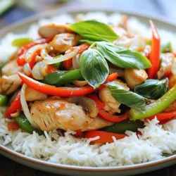 - 1 pound boneless, skinless chicken thighs, thinly sliced - 1 cup fresh Thai basil leaves, packed - 3 cloves garlic, minced - 1-2 Thai bird chilies, sliced The chicken thighs give this dish a juicy bite. They stay tender while cooking. Fresh Thai basil adds a sweet and spicy flavor. Garlic brings a rich aroma, and chilies give a nice kick. Adjust the chilies based on your spice level. - 2 tablespoons soy sauce - 1 tablespoon fish sauce - 1 tablespoon oyster sauce (optional) These sauces add depth to the stir fry. Soy sauce gives saltiness. Fish sauce adds a unique umami taste. You can skip the oyster sauce if you want a lighter dish. - 1 bell pepper (red or green), sliced - 1 onion, sliced Bell peppers add crunch and color. They pair well with onion, which becomes sweet when cooked. These veggies make the dish vibrant and healthy. Together, they make the stir fry colorful and full of flavor. - Slicing the Chicken and Vegetables Start by slicing 1 pound of boneless, skinless chicken thighs into thin pieces. Use a sharp knife for clean cuts. Next, slice 1 bell pepper and 1 onion. Keep the slices even for even cooking. - Gathering and Measuring Ingredients Gather all your ingredients before you start cooking. This includes 3 cloves of minced garlic, sliced Thai bird chilies, and 1 cup of fresh Thai basil leaves. Measure out 2 tablespoons of soy sauce, 1 tablespoon of oyster sauce (if using), and 1 teaspoon of fish sauce. Having everything ready makes cooking smooth. - Heating the Oil Heat 1 tablespoon of vegetable oil in a large skillet or wok. Use medium-high heat. Make sure the oil is hot before adding chicken. This helps the chicken sear nicely. - Step-by-step Stir-frying Techniques Add the sliced chicken to the hot oil. Stir-fry for about 5-7 minutes. Look for the chicken to turn brown and be cooked through. Next, add the minced garlic and sliced chilies. Stir-fry for 1 minute until you smell the garlic's aroma. Now, add the sliced onion and bell pepper. Stir-fry for 2-3 minutes. The veggies should be slightly soft but still crispy. Pour in the soy sauce, fish sauce, and oyster sauce. Stir well to coat all the ingredients. - Incorporating Thai Basil Remove the skillet from heat. Fold in the fresh Thai basil leaves. The heat will wilt the basil and release its lovely scent. This step adds a fresh burst of flavor to your dish. - Serving Suggestions with Jasmine Rice Serve the hot stir-fry over cooked jasmine rice. The rice soaks up the tasty sauce. For a nice touch, you can add more fresh basil on top. This dish looks great and tastes amazing! - Using Fresh Ingredients Fresh ingredients make a big difference. Use fresh chicken and herbs for the best taste. Fresh Thai basil adds a sweet, aromatic flavor. Look for vibrant, green leaves. The fresher the garlic and chilies, the better your dish will taste. - Adjusting Spice Levels with Chilies If you like heat, use more chilies. Thai bird chilies pack a punch. Start with one or two and taste as you go. You can always add more if you want it spicier. If you prefer mild, remove the seeds before adding them. - Time-saving Preparation Tips Prepare all your ingredients first. Slice the chicken, bell pepper, and onion. Mince the garlic and chilies. This will save you time when cooking. You can even do this ahead of time and store them in the fridge. - Efficient Stir-frying Methods Use a large skillet or wok for even cooking. Heat the oil until it shimmers. This helps to sear the chicken quickly. Stir-fry in small batches if necessary. This keeps the heat high and cooks everything evenly. - Serving Suggestions for Visual Appeal Serve your stir fry over a bed of fluffy jasmine rice. A white plate makes the colors pop. Place the chicken and veggies on top for a beautiful look. This adds a nice contrast to the dish. - Garnishing Ideas Add a sprinkle of fresh basil on top for color. Sliced chilies or lime wedges can add a fresh touch. A drizzle of soy sauce can also enhance the look. These small details make your meal more inviting. {{image_2}} You can make this dish your own by changing the protein. If you want a vegetarian option, use tofu instead of chicken. Just press the tofu to remove the water, then cut it into cubes. Stir-fry it until golden brown. For beef lovers, thinly sliced beef works well too. Use flank steak or sirloin for great flavor. Cook it just like the chicken until it’s browned. If you love seafood, shrimp is a fun option. Use peeled and deveined shrimp and cook them for about 3-5 minutes. They will turn pink when done. Adding more veggies can boost nutrition and color. Broccoli is a great choice. Cut it into small florets and add it when you add the bell pepper. It cooks quickly and stays crisp. Carrots are also a tasty option. Slice them thinly so they cook fast. You can even use a mix of colors for your bell peppers. Red, yellow, and green peppers add fun and flavor. You can customize the sauce to suit your taste. Want more heat? Add more chilies or some chili flakes. If you need a vegan option, skip the oyster sauce and use more soy sauce instead. You can also find vegan fish sauce made from mushrooms. For gluten-free diets, check your soy sauce. Use a gluten-free version to keep the flavor while avoiding gluten. To cool and store your Quick Thai Basil Chicken Stir Fry, let it sit at room temperature for no more than two hours. This helps prevent bacteria growth. Once cooled, place the stir fry in a container with a lid. I recommend using glass or BPA-free plastic containers. They keep food fresh and make reheating easy. To properly freeze stir fry, first, cool it completely. Then, divide it into portion-sized servings. Use freezer-safe bags or containers. Squeeze out as much air as you can to avoid freezer burn. When it's time to eat, thaw the stir fry in the fridge overnight. For reheating, you can use a microwave or a skillet over low heat. Your Thai Basil Chicken Stir Fry lasts about three to four days in the fridge. Always check for any off smells or changes in color. If it looks slimy or has an unusual odor, toss it out. Keeping track of these signs helps you enjoy your meals safely. If you cannot find Thai basil, there are some good choices. You can use regular basil. It has a sweet taste, but it lacks that distinct anise flavor. Another option is to use mint. Mint adds a fresh taste that works well in stir-fries. Cilantro is also a great choice. It gives a bright flavor that can lift your dish. Yes, you can prep this dish in advance. You can slice the chicken and veggies a day before. Store them in the fridge. When you are ready to cook, just heat the oil and stir-fry. If you want to cook the stir-fry ahead, store it in an airtight container. It will stay fresh for about three days. The heat level depends on the chilies you use. Thai bird chilies are quite spicy. If you like mild heat, use one chili instead of two. You can also remove the seeds for less heat. Taste the dish as you cook. Adjust the chilies to fit your liking. In this post, we explored making Thai Basil Chicken Stir Fry. We discussed key ingredients like chicken, fresh basil, and chilies. I shared step-by-step instructions for preparation and cooking. We also revealed tips to boost flavor and presentation. Finally, I provided variations and storage tips. Remember, fresh ingredients make a big difference. Don't hesitate to try your own variations. This dish brings a burst of flavor to your table. Happy cooking!