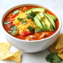 - 1 lb boneless, skinless chicken breasts - 1 can (15 oz) black beans, rinsed and drained - 1 can (15 oz) corn kernels, drained - 1 can (10 oz) red enchilada sauce - 1 can (14.5 oz) diced tomatoes with green chilies - 1 small onion, diced - 2 cloves garlic, minced - 1 teaspoon cumin - 1 teaspoon chili powder - Salt and pepper to taste - 2 cups chicken broth In this soup, chicken is the star. I use boneless, skinless chicken breasts. They cook well and shred easily. The black beans and corn add texture and sweetness. The red enchilada sauce gives the soup a rich flavor. The diced tomatoes with green chilies add a little heat. Onions and garlic bring depth to the soup. I like using a small onion, diced finely, so it blends in well. Cumin and chili powder add warm spice notes. Don't forget salt and pepper to taste. Finally, chicken broth forms the base of this comforting soup. - 1 cup shredded cheddar cheese (for topping) - Fresh cilantro, chopped (for garnish) - Avocado slices (for serving) Toppings take this soup to the next level. I love adding shredded cheddar cheese on top for creaminess. Fresh cilantro adds a pop of color and freshness. Sliced avocado provides a rich texture and balances the spices well. Each bite becomes a little more special with these garnishes. First, take 1 pound of boneless, skinless chicken breasts. Place them at the bottom of the slow cooker. This helps the chicken cook evenly. You want it tender and juicy when done. Next, grab a mixing bowl. Combine the following ingredients: - 1 can (15 oz) black beans, rinsed and drained - 1 can (15 oz) corn kernels, drained - 1 can (10 oz) red enchilada sauce - 1 can (14.5 oz) diced tomatoes with green chilies - 1 small onion, diced - 2 cloves garlic, minced - 1 teaspoon cumin - 1 teaspoon chili powder - Salt and pepper to taste Mix them well until everything is combined. This mixture adds great flavor to the soup. Pour your mixed ingredients over the chicken in the slow cooker. Then, add 2 cups of chicken broth on top. Make sure everything is covered with the broth. This keeps the soup moist and rich. Cover the slow cooker. Set it to cook on low for 6-8 hours or high for 4 hours. Check the chicken for doneness. It should be fully cooked and easy to shred. Once the chicken is cooked, remove it from the slow cooker. Use two forks to shred the chicken into bite-sized pieces. Return the shredded chicken to the slow cooker. Stir everything together well. Now, taste the soup. Adjust the seasoning if needed. You can add more salt, pepper, or spices to your liking. This is your chance to make it perfect! How to Achieve Perfectly Shredded Chicken To get great shredded chicken, cook it until it’s tender. After cooking, take the chicken out of the slow cooker. Use two forks to pull the chicken apart. It should fall apart easily. If it doesn’t, cook it a bit longer. Then, return the shredded chicken to the soup and mix it well. Best Practices for Slow Cooking Always layer your ingredients right. Place the chicken at the bottom. Add the beans, corn, and sauce on top. This helps the chicken cook evenly. Make sure to cover the slow cooker. This keeps the heat in and helps the soup blend flavors. Also, set the timer. Cooking on low for 6-8 hours gives the best texture and taste. Optional Add-Ins for Extra Flavor You can add extras to boost the flavor. Try adding diced bell peppers for crunch. You can also toss in some sliced jalapeños for heat. If you love cheese, mix in some cream cheese for a creamy texture. Fresh lime juice can brighten up the flavors too. Spice Level Adjustments To change the spice level, add more chili powder for heat. If you want a milder soup, use less chili powder. You can also use mild enchilada sauce. For those who like more heat, try adding hot sauce or crushed red pepper. Always taste as you go to find your perfect balance. {{image_2}} Alternative Proteins If you want to switch things up, try using turkey or pork. Both work great in this soup. You can also use shredded rotisserie chicken for a quick meal. Just add it in the last hour of cooking. Vegetarian Option For a meatless version, replace the chicken with more beans or lentils. You can use chickpeas or black beans for protein. This keeps the soup hearty and filling without meat. Different Sauces and Spices Want more kick? Try using green enchilada sauce or salsa verde. These add a bright flavor. You can also mix in hot sauce or cayenne pepper for extra heat. Experiment with different spices like smoked paprika or oregano for depth. Adding Vegetables Feel free to toss in more veggies. Bell peppers, zucchini, or spinach blend well in this soup. Just chop them small and add them in with the other ingredients. This way, you get more nutrients and color in your bowl. How long does the soup last in the fridge? Slow cooker chicken enchilada soup lasts about 3 to 4 days in the fridge. Store it in an airtight container to keep it fresh. Always let the soup cool before you put it in the fridge. What are the best practices for storing soup? To store soup well, use glass or plastic containers with tight lids. Label the container with the date to track freshness. When reheating, make sure the soup is hot all the way through. How do I freeze and reheat safely? To freeze the soup, let it cool first. Pour it into freezer bags or containers, leaving space for expansion. Seal tightly and label with the date. You can freeze it for up to 3 months. What are some thawing tips? To thaw the soup, move it to the fridge a day before you want to eat it. For quick thawing, place the sealed bag in cold water. Once thawed, reheat the soup on the stove or in the microwave until hot. Can I use frozen chicken? Yes, you can use frozen chicken. Just put it in the slow cooker without thawing. Cook for 8-10 hours on low or 6 hours on high. This will keep it safe and juicy. How can I make this recipe gluten-free? To make gluten-free enchilada soup, choose gluten-free enchilada sauce. Check the labels on beans and broth too. Most canned items are gluten-free, but it’s best to verify. What to serve with Chicken Enchilada Soup? Serve with tortilla chips for crunch. You can also add a side salad or cornbread. A dollop of sour cream or yogurt adds creaminess too. Can leftovers be reheated? Yes, leftovers can be reheated easily. Just warm them on the stove or in the microwave. Add a splash of broth if it gets too thick. Enjoy it warm for another cozy meal! This blog post covers making Chicken Enchilada Soup. We discussed the key ingredients, from chicken to tasty sauces. You learned step-by-step instructions for prep, cooking, and adding final touches. I shared tips for perfect shredding and flavor enhancements. We explored delicious variations and important storage info. For a satisfying meal, always experiment with flavors and textures. Enjoy your cooking journey and savor each bite!