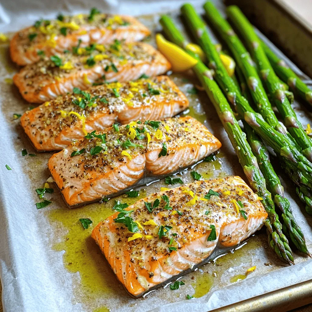 To make Garlic Herb Salmon & Asparagus, you will need: - 4 salmon fillets - 1 bunch of fresh asparagus, trimmed - 4 cloves garlic, minced - 2 tablespoons olive oil - 1 teaspoon dried oregano - 1 teaspoon dried thyme - 1 lemon, zested and juiced - Salt and pepper to taste - Fresh parsley, chopped, for garnish You can swap ingredients if needed. For salmon, try trout or chicken. Instead of olive oil, use avocado oil for a different taste. If you don’t have fresh asparagus, green beans work well too. You can use lemon juice from a bottle if you lack fresh lemons. Instead of dried herbs, fresh herbs can add great flavor. Just double the amount if you switch to fresh. When it comes to herbs, fresh and dried both have their perks. Fresh herbs offer bright, bold flavors. They work well when you add them at the end of cooking. Dried herbs are handy for their long shelf life. They pack a strong flavor punch, so use less than fresh. In this recipe, I use both types to balance taste and ease. First, gather all your ingredients. You need four salmon fillets, one bunch of fresh asparagus, four cloves of garlic, and two tablespoons of olive oil. You also need dried oregano, dried thyme, one lemon, salt, and pepper. Finally, get some fresh parsley for garnish. Next, preheat your oven to 400°F (200°C). This step is key for even cooking. Line a large baking sheet with parchment paper. This makes for easy cleanup later. Now, in a small bowl, mix the minced garlic, olive oil, oregano, thyme, lemon zest, lemon juice, salt, and pepper. This mixture is your herb glaze. Stir it well until all the ingredients blend nicely. Place the salmon fillets on one side of the prepared baking sheet. Make sure to leave space between each fillet. Brush half of the garlic herb mixture over each salmon fillet. This adds flavor and moisture. On the other side of the baking sheet, lay out the trimmed asparagus. Drizzle the rest of the garlic herb mixture over the asparagus. Sprinkle the asparagus with salt and pepper. This step enhances the taste. Next, bake everything in the preheated oven for 15 to 20 minutes. The salmon should flake easily with a fork when done. The asparagus should be tender but still crisp. To check if the salmon is done, use a fork. Gently press down on the thickest part of the fillet. If it flakes easily, it is cooked. For the asparagus, it should be bright green and slightly soft but not mushy. If the salmon is not done, return it to the oven for a few more minutes. Keep an eye on both the salmon and asparagus to avoid overcooking. Once cooked, remove everything from the oven. Let it cool for a couple of minutes before serving. Garnish with freshly chopped parsley for a pop of color. To make the herb glaze, you need a few simple steps. First, mix minced garlic with olive oil. Then add dried oregano, thyme, lemon zest, and lemon juice. Don’t forget to season with salt and pepper. This blend gives the salmon and asparagus a fresh taste. Make sure to brush the glaze on thick. It adds flavor and moisture. If you want more zing, try adding red pepper flakes for a kick. You will need some basic tools to make this dish. A large baking sheet is essential for roasting. Use parchment paper for easy cleanup. A small bowl helps mix the herb glaze. A brush will let you spread the glaze evenly on the salmon. A fork is handy to test if the salmon is done. If you have a meat thermometer, use it to check the internal temperature of the salmon. It should read 145°F for perfect doneness. Serve the salmon and asparagus right from the oven. This dish looks great on a plate. Garnish with fresh parsley for color. Pair with a side of rice or quinoa for a complete meal. A simple green salad also works well. You can even serve it with a slice of lemon for extra zest. If you have leftovers, store them in the fridge for a tasty lunch. Enjoy this dish with family and friends for a cozy dinner. {{image_2}} You can switch out salmon for other proteins. Chicken breasts work well and cook nicely. Try using shrimp for a quick option. Tofu is a great plant-based choice for a vegetarian meal. Adjust the cooking time for these proteins. Chicken may need a few extra minutes, while shrimp cooks faster. Asparagus shines in this dish, but you can mix it up. Broccoli or green beans add a nice crunch. Bell peppers bring color and sweetness. You can even add zucchini or cherry tomatoes for extra flavor. Just ensure all vegetables are cut to similar sizes for even cooking. To boost flavor, consider adding spices. Paprika or chili flakes can give your dish a kick. Fresh herbs like dill or basil can replace the dried ones. For a tangy twist, add a splash of balsamic vinegar. A sprinkle of feta cheese before serving makes everything richer. After enjoying your Garlic Herb Salmon & Asparagus, store any leftovers right away. Place the salmon and asparagus in an airtight container. Make sure to keep them separate if possible. This helps maintain their texture. Leftovers will last in the fridge for up to three days. When you want to eat them, make sure to check for freshness first. Reheating is easy. Preheat your oven to 350°F (175°C). Place the salmon and asparagus on a baking sheet. Cover with foil to keep them moist. Heat for about 10-15 minutes. You can also reheat in the microwave. Use medium heat for 1-2 minutes. Check to ensure they are warm throughout. The goal is to avoid overcooking. If you have more leftovers than you can eat, freezing is a great option. Wrap the salmon and asparagus tightly in plastic wrap. Then, place them in a freezer-safe bag. Try to squeeze out the air to prevent freezer burn. You can freeze them for up to three months. When you are ready to eat, let them thaw in the fridge overnight. Reheat as mentioned above, and enjoy! Yes, you can use frozen salmon. Just make sure to thaw it first. This will help it cook evenly. You can thaw it overnight in the fridge or place it under cold water for a quicker method. Once thawed, follow the same steps for the herb glaze and baking. This dish pairs well with many sides. Here are some great options: - Quinoa or rice - A fresh green salad - Garlic bread - Roasted potatoes - Steamed broccoli These sides will add flavor and texture to your meal. To check if your salmon is cooked, look for a few signs: - It should flake easily with a fork. - The color should change from bright pink to a light pink or opaque. - The internal temperature should reach 145°F (63°C). Using these tips will help you serve perfectly cooked salmon every time. This blog post covered key ingredients, step-by-step cooking instructions, and helpful tips. We explored how to make a great herb glaze and suggested ways to serve your dish. Variations showed different proteins, vegetables, and flavor boosts. I also shared storage tips and answered common questions. Remember, cooking is fun! Use these ideas and techniques to make your next meal special. Enjoy your time in the kitchen!