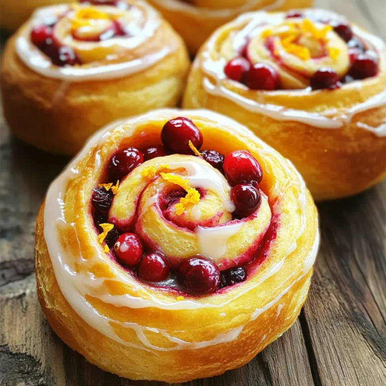 - 4 cups all-purpose flour - 1/4 cup granulated sugar - 1 packet (2 1/4 tsp) instant yeast - 1/2 teaspoon salt - 1/2 cup whole milk, warmed - 1/4 cup unsalted butter, melted These main ingredients create the base for your rolls. The all-purpose flour gives the dough strength. Sugar adds sweetness, while instant yeast makes it rise. Whole milk and butter ensure the rolls remain soft and rich. - Zest of 1 orange - 1 cup fresh cranberries, chopped (or dried cranberries) - 1 teaspoon cinnamon - 1/4 cup orange juice Flavor enhancers bring life to your rolls. The orange zest gives a bright taste. Fresh cranberries add tartness, while cinnamon warms the flavor. Orange juice ties it all together with more citrusy goodness. - 1 cup powdered sugar - 2-3 tablespoons orange juice - Zest of 1 orange The glaze is the finishing touch. It adds sweetness and a beautiful shine. Mixing powdered sugar with orange juice creates a smooth texture. The orange zest on top makes it pop visually and flavor-wise. - In a large bowl, mix 2 cups of flour, sugar, yeast, and salt. Stir well. - In another bowl, combine warmed milk, melted butter, eggs, and orange zest. Mix until smooth. - Pour the wet mix into the dry mix. Stir until combined. Gradually add the rest of the flour, one cup at a time, until the dough is slightly sticky but manageable. - Knead the dough on a floured surface for 5-7 minutes. It should be smooth and elastic. - Place the dough in a greased bowl. Cover it with a kitchen towel. Let it rise in a warm area for 1 hour, or until it doubles in size. - After rising, punch down the dough. Roll it out on a floured surface into a rectangle, about 12x18 inches. - In a small bowl, mix chopped cranberries, cinnamon, and orange juice. Spread this mix over the rolled dough. - Starting from one long side, roll the dough tightly into a log. Pinch the seams to seal it. - Cut the log into 12 equal pieces. Place them in a greased baking dish. Cover with a towel and let them rise again for 30 minutes. - Preheat your oven to 350°F (175°C). - Bake the rolls for 25-30 minutes. They should be golden brown when done. - While the rolls bake, mix powdered sugar, orange juice, and zest in a bowl until smooth. - Once the rolls cool slightly, drizzle the glaze over the top. Kneading the dough is key. It helps develop gluten, which makes rolls fluffy. Knead for 5-7 minutes until smooth. Check for stickiness by touching the dough. If it sticks to your fingers, add a little flour. The dough should feel soft but not clingy. If you can't find fresh cranberries, use dried ones. They work well and add sweetness. You can also mix in other fruits like blueberries or cherries. For added depth, sprinkle in spices like nutmeg or ginger. These give your rolls an extra flavor boost. Serve these rolls in a beautiful basket for a nice touch. You can also arrange them on a large plate, drizzled with glaze. Serve them warm for the best taste. If you have leftovers, warm them gently before serving. {{image_2}} You can change up these rolls in fun ways. - Adding nuts or chocolate: Try adding chopped walnuts or pecans for a nice crunch. You can also mix in chocolate chips for a sweet twist. - Using different fruits: Fresh blueberries or raspberries can replace cranberries. You can even use dried fruits like apricots or cherries for a unique flavor. Making these rolls fit your diet is easy. - Gluten-free options: Use a gluten-free flour blend that measures cup for cup with regular flour. This way, you can enjoy the same fluffy texture. - Vegan adaptations: Replace the eggs with flax eggs and use almond milk instead of whole milk. You can also use coconut oil instead of butter. Adding a special touch for holidays is a great idea. - Holiday-themed ingredients: Spice up your rolls with nutmeg and cloves for a warm, festive flavor. You can also add orange and lemon zest for freshness. - Special occasion decorations: Drizzle the glaze in fun patterns. You can even sprinkle on some edible glitter or colored sugar for extra flair. To keep your cranberry orange sweet rolls fresh, store them in an airtight container. This prevents them from drying out. Place them in the fridge if you plan to eat them in a few days. For longer storage, you can freeze the rolls. Wrap each roll in plastic wrap and place them in a freezer-safe bag. This way, you can enjoy them later. When you're ready to eat the rolls, reheating them is easy. Use the oven for the best results. Preheat your oven to 350°F (175°C). Place the rolls on a baking sheet and cover them with foil. Heat for about 10-15 minutes. This method keeps the rolls fluffy. You can also use a microwave. Heat them for 15-20 seconds, but be careful not to overdo it, or they'll get chewy. These sweet rolls stay fresh for about 3-4 days in the fridge. If you freeze them, they can last for up to 2-3 months. Look for signs of spoilage, like an off smell or mold. If the rolls feel hard or dry, they are past their prime. Always check before you enjoy your treats! You can use several fruits if you lack cranberries. Here are some options: - Chopped cherries - Raisins - Dried blueberries - Fresh or frozen raspberries These fruits add a sweet or tart touch. They keep the flavor bright. To check for doneness, look for these signs: - Golden brown tops - Rolls spring back when lightly pressed - An internal temperature of 190°F (88°C) If your rolls are golden and springy, they are ready! Yes, you can prep the dough ahead of time. Here’s how: - Make the dough and let it rise. - Punch it down and cover it. - Refrigerate for up to 24 hours. When ready, let it warm up before shaping. This saves time on baking day. If your dough does not rise, here are some tips: - Check your yeast: It must be fresh and active. - Ensure warmth: Place dough in a warm spot. - Avoid drafts: Cover with a towel to keep warm. If your dough does not rise, it may need more heat or fresh yeast. In summary, we covered a simple recipe for delicious rolls. You learned about the key ingredients, steps to prepare the dough, and tips for perfect flavor. We also explored variations for different tastes and dietary needs. Finally, proper storage and reheat methods ensure your rolls stay fresh. Enjoy making these tasty treats that suit any occasion!
