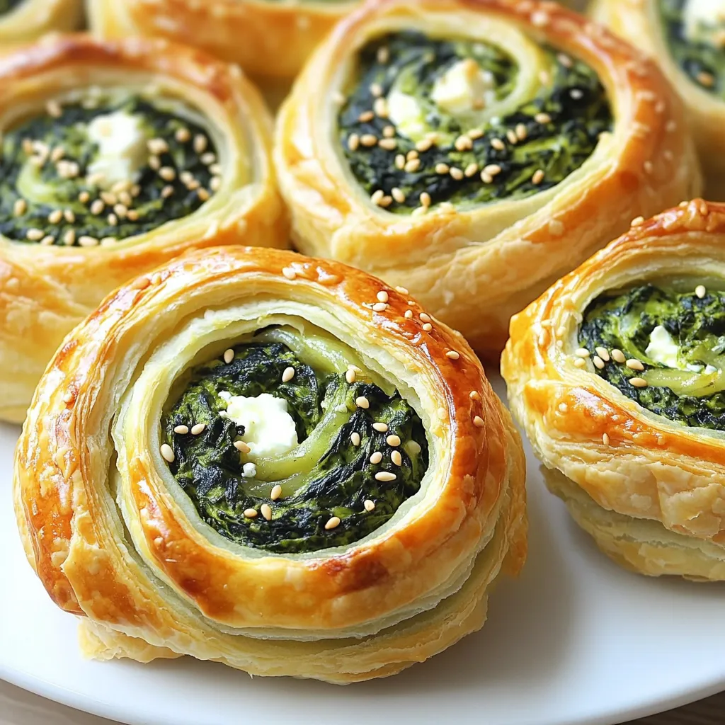 - 1 sheet of frozen puff pastry - 2 cups fresh spinach, chopped - 1 cup feta cheese, crumbled - 1/2 cup cream cheese, softened - 1 clove garlic, minced - 1/4 teaspoon black pepper - 1/4 teaspoon nutmeg - 1 beaten egg (for egg wash) - Sesame seeds or poppy seeds (optional) I love making spinach feta puff pastry pinwheels because they are simple and delicious. These ingredients come together to create a tasty treat. The puff pastry gives a flaky texture. The spinach adds a fresh taste. Feta cheese brings saltiness and creaminess. Cream cheese helps bind it all together. Garlic gives a nice kick. Black pepper and nutmeg add warmth and depth. You can find these ingredients at most grocery stores. Using fresh spinach is key for flavor. Crumbled feta is best for texture. If you want, you can mix in herbs or spices. Just be careful not to overdo it. This list makes it easy to gather what you need. Once you have everything, you can enjoy a fun cooking adventure. Plus, your kitchen will smell amazing as they bake! - Preheat the oven to 400°F (200°C). - Prepare the baking sheet with parchment paper. - In a bowl, combine: - 2 cups fresh spinach, chopped - 1 cup feta cheese, crumbled - 1/2 cup cream cheese, softened - 1 clove garlic, minced - 1/4 teaspoon black pepper - 1/4 teaspoon nutmeg Mix these ingredients well until creamy. - Roll out the thawed puff pastry on a floured surface into a rectangle. Make it about 1/4 inch thick. - Spread the spinach and feta filling evenly on the pastry. Leave a 1-inch border around the edges. - Starting from one end, roll the pastry tightly into a log shape. Keep the filling inside while rolling. - Use a sharp knife to slice the log into 1-inch thick pinwheels. Place them cut side up on the prepared baking sheet. - Brush the tops of each pinwheel with the beaten egg. - Sprinkle with sesame seeds or poppy seeds if you like. - Bake in the preheated oven for 15-20 minutes. Check for doneness when they turn golden brown and puffed. - Remove from the oven and let them cool slightly before serving. To make great pinwheels, start with thawed puff pastry. If it’s not fully thawed, it won’t roll out well. I let mine sit out for about 30 minutes. This makes it easy to handle. Use a sharp knife to cut the pinwheels. A dull knife can squish the filling out. Clean cuts help them look nice and neat. Feel free to spice things up! You can add herbs like dill or parsley for extra flavor. A pinch of red pepper flakes can give it a kick. If you want to switch up the cheese, try using goat cheese or mozzarella. Each option adds a unique taste to the pinwheels. Experiment with your favorite flavors! {{image_2}} You can switch out the spinach and feta for other tasty greens and cheeses. Try kale or Swiss chard for a different flavor. For cheese, goat cheese or ricotta work well. Mix and match to find your favorite combo. This keeps the dish fresh and fun. If you need gluten-free options, look for gluten-free puff pastry. Many brands offer this now. For those who avoid dairy, use dairy-free cheese. There are great options made from nuts or soy. These swaps keep the pinwheels delicious for everyone. To keep your leftover Spinach Feta Puff Pastry Pinwheels fresh, follow these steps: - Refrigerate: Place the pinwheels in an airtight container. They will last for 3-4 days in the fridge. - Freeze: For longer storage, wrap each pinwheel in plastic wrap. Then, place them in a freezer-safe bag. They can stay frozen for up to 2 months. When ready to eat, just thaw them in the fridge overnight before reheating. To reheat your pinwheels and keep them crispy, try these methods: - Oven: Preheat the oven to 350°F (175°C). Place the pinwheels on a baking sheet. Heat for about 10-12 minutes until warm and crispy. - Air Fryer: Set your air fryer to 350°F (175°C). Cook for 5-7 minutes for quick reheating without losing texture. - Skillet: Heat a non-stick skillet over medium heat. Add the pinwheels and cover. Cook for 3-4 minutes on each side until crispy. These methods keep your pinwheels tasty and crunchy, just like fresh out of the oven! Spinach Feta Puff Pastry Pinwheels last about 3 days in the fridge. Store them in an airtight container to keep them fresh. If you want to keep them longer, you can freeze them. They stay good in the freezer for up to 2 months. Just make sure to wrap them well in plastic wrap and foil. Yes, you can make these pinwheels ahead of time! You can prepare them, slice them, and then store them in the fridge for up to a day. If you want to bake them later, just cover them well. You can also freeze the unbaked pinwheels. Just bake them straight from the freezer, adding a few extra minutes to the baking time. These pinwheels are great on their own, but you can serve them with a few tasty sides. A fresh salad pairs well. You can also try a light dip, like tzatziki or hummus. They make a perfect snack for parties or gatherings. You’ll know the pinwheels are done when they turn golden brown and puff up nicely. Keep an eye on them in the oven. It usually takes about 15 to 20 minutes. If you see a nice golden color, they are ready to enjoy! These Spinach Feta Puff Pastry Pinwheels are easy to make and full of flavor. We covered the ingredients and gave clear steps for preparation, mixing, rolling, and baking. You can also explore variations and learn how to store leftovers properly. Try these tips for perfect pinwheels each time. Add your favorite herbs, or swap out ingredients for dietary needs. Enjoy your tasty creation with friends and family, making meals more special.