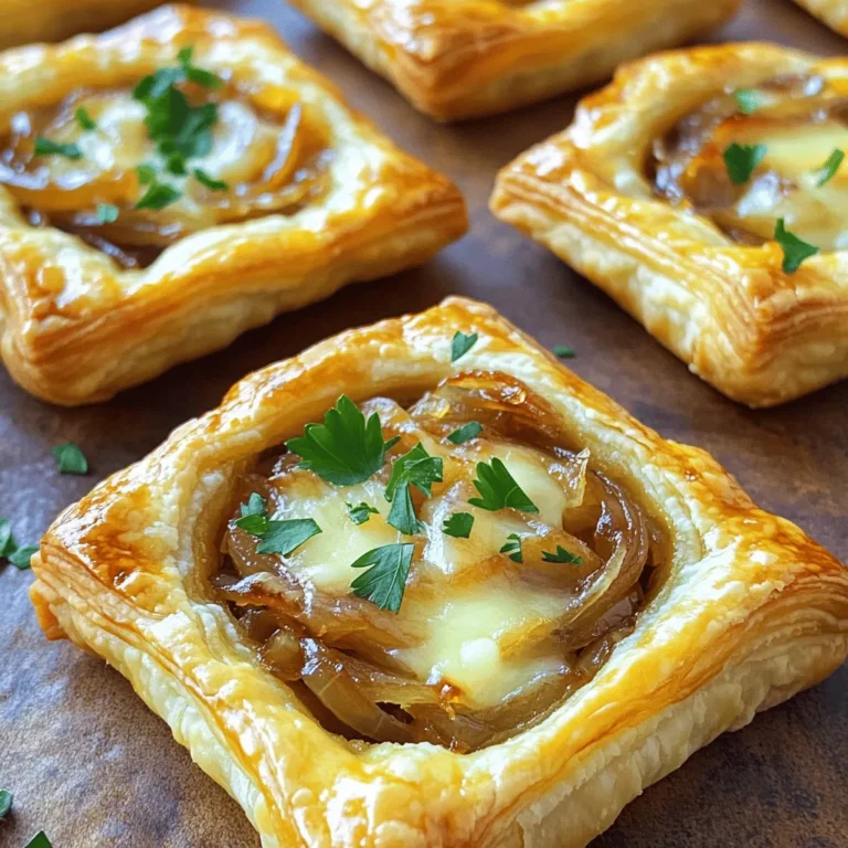 - 1 sheet of puff pastry, thawed - 2 large yellow onions, thinly sliced - 1 cup Gruyère cheese, grated - 1 tablespoon olive oil - 1 tablespoon unsalted butter - 1 teaspoon fresh thyme leaves - Salt and pepper to taste - 1 egg, beaten (for egg wash) - Fresh parsley, chopped (for garnish) These ingredients come together to create a delightful treat. The puff pastry forms a flaky base, while the onions bring sweetness and depth. Gruyère cheese adds a rich, nutty flavor that melts perfectly. Olive oil and butter help caramelize the onions, giving them a golden color. Fresh thyme adds a hint of earthiness, while salt and pepper enhance all the flavors. The egg wash gives the pastry a beautiful golden finish, and parsley adds a fresh touch. Each ingredient plays a role in making these tartlets a true delight. 1. First, preheat your oven to 400°F (200°C). This step gets your oven ready for the tartlets. 2. Next, heat 1 tablespoon of olive oil and 1 tablespoon of unsalted butter in a large skillet over medium heat. 3. Add 2 large yellow onions that you have sliced thinly. Sprinkle a pinch of salt on the onions. 4. Sauté the onions for about 15 to 20 minutes. Stir them occasionally. You want them to turn a lovely golden brown and caramelize well. 5. After they caramelize, stir in 1 teaspoon of fresh thyme leaves and season with pepper. Set the mixture aside to cool slightly. 1. While the onions cool, roll out 1 sheet of thawed puff pastry on a lightly floured surface. 2. Smooth out any creases in the pastry. Then, cut it into 3-inch squares. 3. Place the pastry squares on a parchment-lined baking sheet. 4. Pre-bake these squares for about 10 minutes. You want them to puff up a bit. After 10 minutes, take them out of the oven. 5. Make a small indent in the center of each puff pastry square using the back of a spoon. This creates a well for your filling. 1. Now, fill each pastry well with a spoonful of your caramelized onion mixture. 2. Top each one with a sprinkle of 1 cup of grated Gruyère cheese. 3. Brush the edges of the pastry with 1 beaten egg for a nice golden finish. 4. Return the tartlets to the oven and bake them for another 15 to 20 minutes. You want the cheese to melt and bubble, and the pastry to turn golden brown. 5. Once baked, garnish each tartlet with fresh chopped parsley before serving. To caramelize onions well, you need patience. Use medium heat to bring out their natural sweetness. Start with a tablespoon of olive oil and a tablespoon of butter. Add the sliced onions with a pinch of salt. Stir them every few minutes for about 15 to 20 minutes. This slow cooking keeps them from burning. If they start to brown too quickly, lower the heat. You want a rich, golden color, not charred bits. When working with puff pastry, roll it out on a floured surface. This helps prevent sticking. Cut the pastry into 3-inch squares. Make sure the edges are even. For the pastry to puff perfectly, pre-bake it for 10 minutes. This step ensures a nice rise when you add the filling. After pre-baking, make a small indent in each square. This creates a spot for your delicious filling. Caramelized onion Gruyère tartlets shine when served warm. Pair them with a fresh salad for a light meal. A simple green salad with a vinaigrette works great. For drinks, serve a crisp white wine or sparkling water. These flavors complement the rich cheese and sweet onions. Garnish the tartlets with chopped parsley for a pop of color. Enjoy your tasty treat with friends or family! {{image_2}} You can switch up the cheese in these tartlets. Gruyère is rich and nutty, but cheddar offers a sharp twist. Feta adds a tangy kick. Both options melt well and taste great. Try mixing cheeses for deeper flavors. Each cheese brings its own charm to your dish. Want to add more veggies? Mushrooms are perfect. They add earthiness and texture. Spinach also works well, giving a fresh taste. Sauté the mushrooms or spinach with the onions for extra flavor. You can make a hearty meal by adding these colorful veggies. For an extra punch, consider adding bacon. Its savory taste pairs nicely with sweet onions. Roasted garlic can also enhance the flavor. It adds a creamy, sweet touch. Use these boosters to make your tartlets even more special. Your guests will love the added depth! To keep your tartlets fresh, store them in an airtight container. Place parchment paper between layers to avoid sticking. They will stay fresh for about 3 days in the fridge. Make sure they cool completely before sealing. If they are still warm, they can create steam and make the pastry soggy. To reheat the tartlets and keep them crispy, preheat your oven to 350°F (175°C). Place the tartlets on a baking sheet and heat for about 10 minutes. This method helps the pastry regain its crunch. Avoid using the microwave, as it can make the pastry soft. You can freeze the tartlets either before or after baking. If freezing before baking, assemble them and place them on a baking sheet. Freeze until solid, then transfer to a freezer bag. When ready to bake, cook from frozen for an extra 5-10 minutes. If you freeze them after baking, let them cool first. They will keep well for about 2 months. To make these tartlets vegan, swap Gruyère cheese for a plant-based cheese. You can use vegan butter instead of regular butter. For the egg wash, use almond milk or aquafaba to brush the pastry. These changes keep your tartlets tasty and plant-friendly. Yes, you can use frozen puff pastry. Thaw it overnight in your fridge or for a few hours at room temperature. Roll it out on a floured surface to avoid sticking. Follow the recipe as usual after thawing. Gruyère cheese has a nutty and creamy flavor. It melts well, which makes it perfect for tartlets. If you can't find Gruyère, try Emmental or aged cheddar as substitutes. Both will give you a rich taste. These tartlets last about 3 days in the fridge. Store them in an airtight container. If you want them to last longer, freeze them. They can last up to 2 months when frozen. Reheat them in the oven for the best texture. This blog post covered making delicious onion Gruyère tartlets. We discussed key ingredients like puff pastry, onions, and cheese. You learned step-by-step instructions on preparation, assembling, and baking. I also shared tips for perfect caramelization and puff pastry techniques. Finally, don’t hesitate to explore variations, alternative cheeses, or add spinach and mushrooms. Proper storage and reheating help keep leftovers tasty. Enjoy creating these tartlets and impress your friends with your skills!