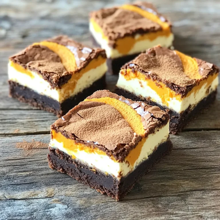 To make pumpkin cream cheese swirl brownies, gather these simple ingredients: - 1 cup unsalted butter, melted - 2 cups granulated sugar - 1 cup packed brown sugar - 4 large eggs - 2 teaspoons vanilla extract - 1 cup all-purpose flour - 3/4 cup unsweetened cocoa powder - 1 teaspoon baking powder - 1/2 teaspoon salt - 1 cup pumpkin puree - 8 oz cream cheese, softened - 1/2 cup powdered sugar - 1 teaspoon ground cinnamon - 1/2 teaspoon ground nutmeg Each component plays a key role in creating the perfect brownie. The butter adds richness, while sugars give sweetness. Eggs bind the mix, and vanilla brings depth. Flour and cocoa create a delightful texture. Baking powder makes the brownies rise, and salt enhances flavors. Pumpkin puree adds moisture and a cozy fall taste. Cream cheese gives a creamy swirl that balances sweetness. Powdered sugar, cinnamon, and nutmeg bring warmth and spice. Together, these ingredients make a delicious treat that you will love. Preheat your oven to 350°F (175°C). This temperature helps the brownies bake evenly. Prepare a 9x13 inch baking pan by greasing it. Line the pan with parchment paper. Make sure to leave some paper hanging over the edges. This makes it easy to lift the brownies out later. In a large bowl, mix the melted butter, granulated sugar, and brown sugar. Stir until it blends well. Add the eggs one by one. Mix well after each egg. Finally, stir in the vanilla extract. This gives your brownies a nice flavor. In another bowl, sift together the flour, cocoa powder, baking powder, and salt. Slowly add this dry mix to the wet ingredients. Stir gently until you see no more flour streaks. Be careful not to overmix. This keeps the brownies soft and fudgy. In a medium bowl, beat the softened cream cheese until it is smooth. Add the pumpkin puree, powdered sugar, cinnamon, and nutmeg. Mix these ingredients well until creamy. This mixture adds a tasty twist to your brownies. Pour about two-thirds of the brownie batter into the prepared pan. Spread it evenly across the bottom. Next, dollop the pumpkin cream cheese mixture over this layer. Use a spoon to swirl it gently into the brownie batter. Then, pour the remaining brownie batter on top. Swirl again for a marbled look. This gives the brownies a lovely design. Place the pan in your preheated oven. Bake for 35-40 minutes. To check if they are done, insert a toothpick into the center. If it comes out mostly clean with a few fudgy crumbs, they are ready. Once baked, allow the brownies to cool in the pan for at least 30 minutes. After cooling, lift them out using the parchment paper. Cut into squares and enjoy! To get that beautiful swirl, use a spoon or a knife. After layering the pumpkin cream cheese mixture, gently drag it through the brownie batter. Make sure you don't over-mix, or you’ll lose that nice marbled look. A few gentle swirls create a stunning design without blending the flavors too much. Baking time is key to fudgy brownies. Bake for 35 to 40 minutes at 350°F (175°C). Insert a toothpick into the center; if it comes out with a few moist crumbs, they’re done. If it’s wet with batter, give them more time. Always trust your eyes and the toothpick test for perfect results. Want to amp up the flavor? Try adding spices like ginger or cloves. A splash of vanilla extract can also boost the taste. You could even experiment with different nutmeg or cinnamon amounts. This gives your brownies a unique touch that makes them truly special. Don't hesitate to make it your own! {{image_2}} You can make your brownies even tastier by adding nuts. Chopped walnuts or pecans work well. They add a nice crunch. You can also mix in chocolate chips for extra sweetness. Just fold in about 1 cup of your choice into the brownie batter. This little change makes each bite delightful and rich. If you need a gluten-free version, you have choices. You can easily swap all-purpose flour for almond flour or coconut flour. Use the same amount, but if using coconut flour, cut it down to 1/4 cup. Add more eggs for moisture. This keeps your brownies soft and tasty. Want to cut down on sugar? You can reduce the sugar in the recipe by half. Try using honey or maple syrup as a sweetener. Just remember, these liquids add moisture. So, reduce the butter slightly, maybe by 2 tablespoons. This makes your brownies lighter but still yummy. To keep your pumpkin cream cheese swirl brownies fresh, use an airtight container. This helps prevent them from drying out. After cooling, place the brownies in the container. Store them in the fridge for the best taste. If you want to enjoy these brownies later, freezing is easy! Cut the brownies into squares. Wrap each square in plastic wrap. Then, place the wrapped brownies in a freezer bag. Make sure to squeeze out the air before sealing. They will stay fresh for up to three months in the freezer. When stored in the fridge, your brownies will last about a week. You can keep them at room temperature for up to three days. Just remember to store them in an airtight container to maintain their moisture and flavor. Enjoying them fresh will give you the best taste! Yes, you can use fresh pumpkin. To do this, first, choose a sugar pumpkin. Cut it in half, remove the seeds, and roast the halves until soft. This takes about 40-50 minutes at 350°F (175°C). Once cool, scoop the flesh out and mash it until smooth. Measure out one cup for your brownies. This method gives a fresh taste and can enhance the flavor. If you need a substitute, you can use Greek yogurt or mascarpone cheese. Both options provide a creamy texture. If you want a dairy-free option, try silken tofu. Blend it until smooth and add a bit of lemon juice for some tang. Each of these choices will still give you a nice swirl in your brownies. To check if your brownies are done, insert a toothpick into the center. If it comes out mostly clean with a few fudgy crumbs, they are ready. Avoid overbaking, as this can make them dry. The edges should look set, while the center may still look a little soft. Yes, you can make these brownies ahead of time. They keep well for up to three days at room temperature. For longer storage, wrap them tightly and place them in the fridge. You can also freeze them for up to three months. Just make sure to thaw them in the fridge before serving. This recipe combines rich chocolate and creamy pumpkin for a unique dessert. We explored each ingredient, from butter to sugar, and provided step-by-step instructions for easy baking. You now have tips and variations to customize your brownies. Remember, storing them well keeps them fresh longer. Enjoy baking and experimenting with flavors. The delicious results are worth your time and effort in the kitchen!