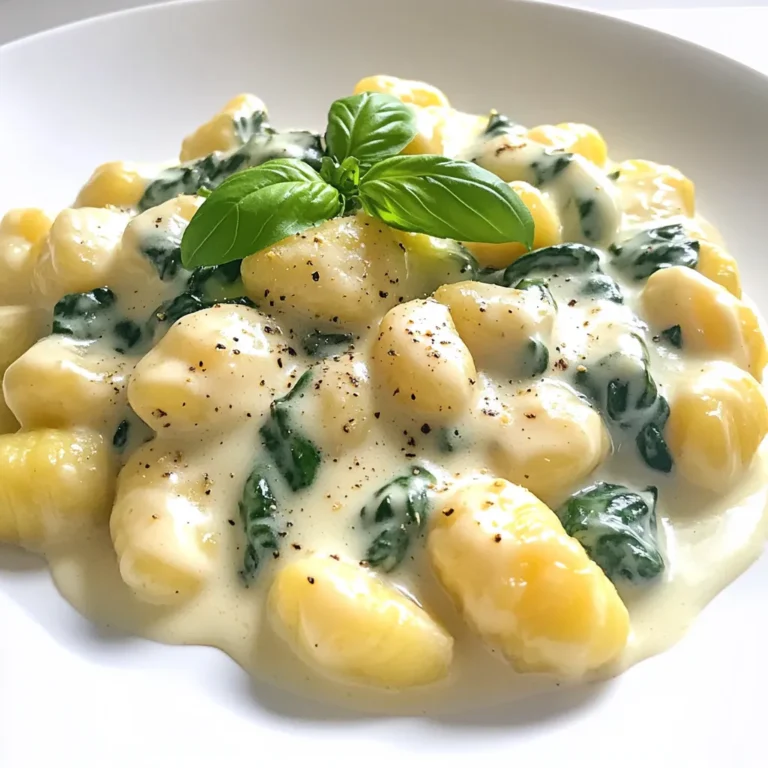 Here is what you need for Easy One-Pan Creamy Garlic Spinach Gnocchi: - 1 package (16 oz) potato gnocchi - 3 tablespoons unsalted butter - 4 cloves garlic, minced - 1 cup fresh spinach, roughly chopped - 1 cup heavy cream - 1/2 cup grated Parmesan cheese - 1/2 teaspoon crushed red pepper flakes (optional) - Salt and pepper to taste - Fresh basil or parsley for garnish Gather these items before you start cooking. Each ingredient plays a key role. The potato gnocchi gives this dish a nice texture. Butter adds richness, while garlic gives great flavor. Fresh spinach brings a pop of color and nutrients. Heavy cream makes the sauce smooth and creamy. Parmesan cheese adds a nice salty taste. Crushed red pepper flakes add a hint of spice, but you can skip them if you prefer. Salt and pepper enhance all the flavors. Finally, fresh basil or parsley adds a lovely touch on top. With these ingredients, you can create a dish that is both simple and delicious. The best part? You can find most of these ingredients at your local store. Let’s get cooking! - Boil Water and Prepare Gnocchi: Start by boiling a large pot of salted water. Once it bubbles, add the gnocchi. Cook them until they float. This takes about 2-3 minutes. - Drain and Set Aside: After they float, drain the gnocchi in a colander. Set them aside while you prepare the sauce. - Sautéing the Garlic: In a large skillet, melt 3 tablespoons of unsalted butter over medium heat. Add 4 minced garlic cloves. Sauté for about 1 minute. You want it fragrant but not browned. - Adding and Cooking Spinach: Next, stir in 1 cup of roughly chopped fresh spinach. Cook for 2-3 minutes, or until the spinach wilts down nicely. - Incorporating Heavy Cream: Pour in 1 cup of heavy cream into the skillet. Stir well to mix it with the garlic and spinach. Let it simmer for 2 minutes to thicken slightly. - Adding Parmesan Cheese: Now, add 1/2 cup of grated Parmesan cheese. Stir until it melts and creates a creamy sauce. - Tossing in the Gnocchi: Add the cooked gnocchi back into the skillet. Gently toss them until they are well-coated with the creamy sauce. Cook for another 2-3 minutes until warmed through. - Final Seasoning and Garnish: Taste your dish. Add salt and pepper as needed. You can also sprinkle in crushed red pepper flakes for a kick. Finally, serve the gnocchi on plates and garnish with fresh basil or parsley. Signs of Doneness To know when gnocchi is done, watch for them to float. They usually rise after 2-3 minutes in boiling water. If they stay at the bottom, give them a little more time. A quick test is to taste one. It should be soft and tender. Avoiding Overcooking Overcooking gnocchi makes them mushy. So, be quick! Once they float, remove them right away. Drain them gently and avoid letting them sit in hot water. This helps keep them firm. Additional Herbs and Spices Add more flavor with fresh herbs! Basil, thyme, or oregano work well. You can also add a pinch of garlic powder or onion powder for an extra kick. Just sprinkle them in when you add the cream. Alternative Cheese Options Swap Parmesan for other cheeses if you like. For a creamier touch, try mozzarella or cream cheese. They melt well and offer a different taste. Just remember to adjust the salt, as some cheeses are saltier than others. Protein Additions Want to make this a full meal? Add protein! Grilled chicken, sautéed shrimp, or even cooked sausage mix nicely with gnocchi. Just cook the protein separately and toss it in before serving. Side Dish Suggestions Pair your gnocchi with a fresh salad or roasted veggies. A simple arugula salad with lemon dressing adds a nice crunch. Roasted broccoli or green beans also complement this dish well. This creates a balanced plate with flavors and textures. {{image_2}} - Gluten-Free Substitution: If you want a gluten-free option, use gluten-free gnocchi. Many brands offer this now. Just check the package for cooking instructions. - Dairy-Free Alternatives: For a dairy-free dish, swap heavy cream with coconut cream or almond milk. Nutritional yeast can replace Parmesan cheese for that cheesy flavor. - Adding Other Vegetables: You can add veggies like mushrooms, bell peppers, or zucchini. Just sauté them with the garlic before adding spinach. These additions enhance the taste and nutrition. - Different Sauces to Try: Try adding pesto or a tomato sauce instead of creamy sauce. These changes can give your dish a new twist and keep it exciting. - Using Seasonal Ingredients: In spring, use fresh peas or asparagus. In fall, add roasted butternut squash. Seasonal ingredients boost flavor and make your meal fresh. - Incorporating Holiday Flavors: During holidays, add spices like nutmeg or cinnamon for a festive touch. Adding cranberries can also bring a sweet and tart balance to the dish. - Best Practices for Refrigeration: Place any leftover gnocchi in an airtight container. This helps keep them fresh. Store in the fridge for up to three days. Make sure to cool the dish before sealing it. - Freezing Instructions: If you want to save some for later, freeze it! Use a freezer-safe container or bag. Gnocchi can last up to two months in the freezer. For best results, freeze it before adding the cream sauce. - Best Methods for Retaining Creaminess: To keep the cream sauce smooth, use a stovetop pan. Heat the gnocchi over low heat. Stir in a splash of water or milk to help loosen the sauce. - Recommended Heating Times: Reheat for about 5-7 minutes. Stir often to ensure even heating. If using a microwave, heat in short bursts of one minute. Stir after each burst to avoid hot spots. Yes, you can use frozen gnocchi. Frozen gnocchi cooks quickly and is easy to find. Just drop it straight into boiling water without thawing. It will float when done, just like fresh gnocchi. The main difference is texture. Frozen gnocchi may be slightly softer, but it still tastes great in this dish. You can store creamy gnocchi in the fridge for up to three days. Keep it in an airtight container to keep it fresh. The sauce may thicken in the fridge. If it does, just add a splash of milk or cream when reheating to bring it back to life. Yes, you can make this dish ahead. Cook the gnocchi and sauce separately. Store them in the fridge until you're ready to eat. When ready, combine and heat everything together. This method keeps the gnocchi from getting too mushy. If you want a lighter sauce, try using half-and-half or whole milk. For dairy-free options, coconut milk works well too. It adds a nice creaminess. You can also use a mixture of broth and cashew cream for a nutty flavor. Yes, this recipe is great for meal prep. You can easily double the batch. Store it in separate containers for easy lunches. Just remember to reheat gently to keep the sauce creamy. This recipe guides you through making creamy potato gnocchi. You learned about key ingredients, including garlic, spinach, and Parmesan. I provided step-by-step cooking instructions and tips for perfecting your dish. You can try different variations based on dietary needs or seasonal ingredients. Store leftovers properly, and remember to reheat gently to keep the sauce creamy. Take these tips to create a flavorful meal that's easy to enjoy. Happy cooking!