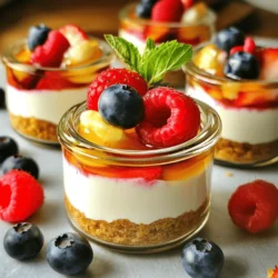 To make Greek yogurt cheesecake cups, gather these key ingredients: - 2 cups Greek yogurt (choose non-fat or full-fat) - 1/2 cup cream cheese, softened - 1/2 cup honey or maple syrup (adjust sweetness as you like) - 1 teaspoon vanilla extract - 1 teaspoon lemon zest - 1 tablespoon lemon juice - 1 cup digestive biscuits or graham cracker crumbs - 3 tablespoons unsalted butter, melted These ingredients create a creamy, tangy filling and a tasty crust. You can add fun toppings to make your cheesecake cups even better: - Fresh berries (strawberries, blueberries, raspberries) - Mint leaves for a fresh touch - A drizzle of honey for extra sweetness These toppings not only add flavor but also make your dessert look lovely. If you have dietary needs, here are some swaps: - Use dairy-free cream cheese for a vegan option. - Substitute honey with agave syrup for a vegan-friendly sweetener. - Choose gluten-free biscuits for a gluten-free crust. These substitutions help everyone enjoy this delicious dessert! To start, gather your ingredients. In a mixing bowl, add 2 cups of Greek yogurt. You can choose non-fat or full-fat yogurt based on what you like. Next, add 1/2 cup of softened cream cheese. This gives the cups a nice creamy feel. Then, include 1/2 cup of honey or maple syrup. Adjust this amount based on how sweet you want it. Add 1 teaspoon of vanilla extract, 1 teaspoon of lemon zest, and 1 tablespoon of lemon juice. These flavors bring out the freshness. Mix all these ingredients with a hand mixer or whisk until everything is smooth and well blended. Now let’s make the crust. In another bowl, combine 1 cup of digestive biscuit crumbs or graham cracker crumbs with 3 tablespoons of melted unsalted butter. This will help the crumbs stick together. Mix well until the crumbs are coated and look like wet sand. This step is key for a tasty base. Take small cups or mason jars for serving. Start by adding about 2 tablespoons of the crumb mixture to each cup. Press it down gently to create a firm crust. Next, spoon the Greek yogurt mixture over the crust. Fill the cups until they are about three-quarters full. If needed, smooth the tops with a spatula. Finally, place the cups in the fridge for at least 2 hours. This helps the flavors blend and the texture firm up. Before serving, top each cup with fresh berries and a mint leaf for a pop of color. Enjoy your delightful dessert! To get the best texture, use fresh Greek yogurt. This will make your cheesecake creamy. Softened cream cheese is key, too. Mix both until they are smooth. If you want a lighter feel, use non-fat yogurt. For a richer taste, full-fat yogurt works well. Be sure to chill the cups for at least two hours. This helps them set and firm up nicely. For extra flavor, try adding more lemon zest or juice. A splash of almond extract can give a nice twist. You can also mix in some vanilla bean for a richer taste. If you want it sweeter, adjust the honey or maple syrup. Try adding some cocoa powder for a chocolate version. Fresh herbs like basil can add a fun twist, too. For the best look, use clear cups or mason jars. This way, the layers show off their colors. Top each cup with fresh berries for a pop of color. A drizzle of honey over the berries adds shine. You can also sprinkle some extra crumbs on top for texture. Adding a mint leaf gives a fresh touch and makes it look fancy. Serve these on a colorful platter to impress your guests. {{image_2}} You can easily change the flavor of your Greek yogurt cheesecake cups. Try adding melted chocolate to the yogurt mix for a rich chocolate cheesecake. Just melt about 1/2 cup of dark chocolate and mix it in. For berry-infused cups, blend fresh or frozen berries into the yogurt mix. Strawberries, blueberries, and raspberries work well. This gives a fruity twist that is both tasty and colorful. If you want a healthier option, you can use sugar-free sweeteners like stevia or erythritol instead of honey. This keeps the dessert lower in sugar. You can also swap out cream cheese for a lighter option like ricotta cheese. This change gives a nice texture while cutting calories. Use low-fat Greek yogurt for a lighter version, too. It still tastes great without the extra fat. Seasonal flavors make these cheesecake cups even more fun! For fall, add pumpkin puree and spices like cinnamon and nutmeg. This makes a creamy pumpkin spice cheesecake. In winter, try crushed peppermint candies mixed into the yogurt for a minty treat. You can also top with crushed candy canes for a festive look. Each season brings new ideas for these cheesecake cups! To keep your Greek yogurt cheesecake cups fresh, store them in the fridge. Use airtight containers or cover the cups tightly with plastic wrap. This helps to lock in moisture and flavor. Avoid stacking the cups to prevent them from getting squished. These cheesecake cups will stay fresh for about 3 to 5 days in the fridge. Make sure to check for any signs of spoilage, like off smells or changes in texture. If you see anything unusual, it’s best to toss them. You can freeze these cheesecake cups if you want to save some for later. Just make sure they are in airtight containers. They will last up to 2 months in the freezer. When you’re ready to enjoy them, thaw them in the fridge overnight. This keeps the texture smooth and creamy. Just remember, toppings like berries should be added fresh after thawing. Yes, you can use low-fat Greek yogurt. It will make the cheesecake lighter. The taste stays great, and it still holds its creamy texture. If you prefer a richer flavor, full-fat yogurt works too. Both options are tasty and healthy. I recommend refrigerating the cups for at least 2 hours. This time helps the flavors blend well. It also helps the cheesecake set properly. If you can wait longer, even better! A chill of up to 4 hours gives a firmer texture. You can use mascarpone cheese as a substitute. It offers a creamy texture and a rich taste. Another option is Greek yogurt mixed with a bit of cornstarch. This mix gives a similar creamy feel without the added fat. Choose what fits your taste best! This blog post covered making delicious cheesecake cups. We discussed key ingredients, including main items and toppings. I provided step-by-step instructions for easy preparation. We explored tips for great texture and flavor. You learned about fun variations and storage methods to keep your treats fresh. In closing, these cheesecake cups are simple treats to enjoy. Try them with your favorite flavors for a personal twist.