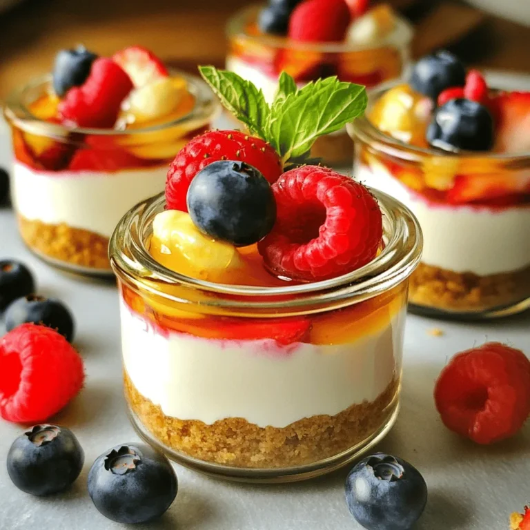 To make Greek yogurt cheesecake cups, gather these key ingredients: - 2 cups Greek yogurt (choose non-fat or full-fat) - 1/2 cup cream cheese, softened - 1/2 cup honey or maple syrup (adjust sweetness as you like) - 1 teaspoon vanilla extract - 1 teaspoon lemon zest - 1 tablespoon lemon juice - 1 cup digestive biscuits or graham cracker crumbs - 3 tablespoons unsalted butter, melted These ingredients create a creamy, tangy filling and a tasty crust. You can add fun toppings to make your cheesecake cups even better: - Fresh berries (strawberries, blueberries, raspberries) - Mint leaves for a fresh touch - A drizzle of honey for extra sweetness These toppings not only add flavor but also make your dessert look lovely. If you have dietary needs, here are some swaps: - Use dairy-free cream cheese for a vegan option. - Substitute honey with agave syrup for a vegan-friendly sweetener. - Choose gluten-free biscuits for a gluten-free crust. These substitutions help everyone enjoy this delicious dessert! To start, gather your ingredients. In a mixing bowl, add 2 cups of Greek yogurt. You can choose non-fat or full-fat yogurt based on what you like. Next, add 1/2 cup of softened cream cheese. This gives the cups a nice creamy feel. Then, include 1/2 cup of honey or maple syrup. Adjust this amount based on how sweet you want it. Add 1 teaspoon of vanilla extract, 1 teaspoon of lemon zest, and 1 tablespoon of lemon juice. These flavors bring out the freshness. Mix all these ingredients with a hand mixer or whisk until everything is smooth and well blended. Now let’s make the crust. In another bowl, combine 1 cup of digestive biscuit crumbs or graham cracker crumbs with 3 tablespoons of melted unsalted butter. This will help the crumbs stick together. Mix well until the crumbs are coated and look like wet sand. This step is key for a tasty base. Take small cups or mason jars for serving. Start by adding about 2 tablespoons of the crumb mixture to each cup. Press it down gently to create a firm crust. Next, spoon the Greek yogurt mixture over the crust. Fill the cups until they are about three-quarters full. If needed, smooth the tops with a spatula. Finally, place the cups in the fridge for at least 2 hours. This helps the flavors blend and the texture firm up. Before serving, top each cup with fresh berries and a mint leaf for a pop of color. Enjoy your delightful dessert! To get the best texture, use fresh Greek yogurt. This will make your cheesecake creamy. Softened cream cheese is key, too. Mix both until they are smooth. If you want a lighter feel, use non-fat yogurt. For a richer taste, full-fat yogurt works well. Be sure to chill the cups for at least two hours. This helps them set and firm up nicely. For extra flavor, try adding more lemon zest or juice. A splash of almond extract can give a nice twist. You can also mix in some vanilla bean for a richer taste. If you want it sweeter, adjust the honey or maple syrup. Try adding some cocoa powder for a chocolate version. Fresh herbs like basil can add a fun twist, too. For the best look, use clear cups or mason jars. This way, the layers show off their colors. Top each cup with fresh berries for a pop of color. A drizzle of honey over the berries adds shine. You can also sprinkle some extra crumbs on top for texture. Adding a mint leaf gives a fresh touch and makes it look fancy. Serve these on a colorful platter to impress your guests. {{image_2}} You can easily change the flavor of your Greek yogurt cheesecake cups. Try adding melted chocolate to the yogurt mix for a rich chocolate cheesecake. Just melt about 1/2 cup of dark chocolate and mix it in. For berry-infused cups, blend fresh or frozen berries into the yogurt mix. Strawberries, blueberries, and raspberries work well. This gives a fruity twist that is both tasty and colorful. If you want a healthier option, you can use sugar-free sweeteners like stevia or erythritol instead of honey. This keeps the dessert lower in sugar. You can also swap out cream cheese for a lighter option like ricotta cheese. This change gives a nice texture while cutting calories. Use low-fat Greek yogurt for a lighter version, too. It still tastes great without the extra fat. Seasonal flavors make these cheesecake cups even more fun! For fall, add pumpkin puree and spices like cinnamon and nutmeg. This makes a creamy pumpkin spice cheesecake. In winter, try crushed peppermint candies mixed into the yogurt for a minty treat. You can also top with crushed candy canes for a festive look. Each season brings new ideas for these cheesecake cups! To keep your Greek yogurt cheesecake cups fresh, store them in the fridge. Use airtight containers or cover the cups tightly with plastic wrap. This helps to lock in moisture and flavor. Avoid stacking the cups to prevent them from getting squished. These cheesecake cups will stay fresh for about 3 to 5 days in the fridge. Make sure to check for any signs of spoilage, like off smells or changes in texture. If you see anything unusual, it’s best to toss them. You can freeze these cheesecake cups if you want to save some for later. Just make sure they are in airtight containers. They will last up to 2 months in the freezer. When you’re ready to enjoy them, thaw them in the fridge overnight. This keeps the texture smooth and creamy. Just remember, toppings like berries should be added fresh after thawing. Yes, you can use low-fat Greek yogurt. It will make the cheesecake lighter. The taste stays great, and it still holds its creamy texture. If you prefer a richer flavor, full-fat yogurt works too. Both options are tasty and healthy. I recommend refrigerating the cups for at least 2 hours. This time helps the flavors blend well. It also helps the cheesecake set properly. If you can wait longer, even better! A chill of up to 4 hours gives a firmer texture. You can use mascarpone cheese as a substitute. It offers a creamy texture and a rich taste. Another option is Greek yogurt mixed with a bit of cornstarch. This mix gives a similar creamy feel without the added fat. Choose what fits your taste best! This blog post covered making delicious cheesecake cups. We discussed key ingredients, including main items and toppings. I provided step-by-step instructions for easy preparation. We explored tips for great texture and flavor. You learned about fun variations and storage methods to keep your treats fresh. In closing, these cheesecake cups are simple treats to enjoy. Try them with your favorite flavors for a personal twist.