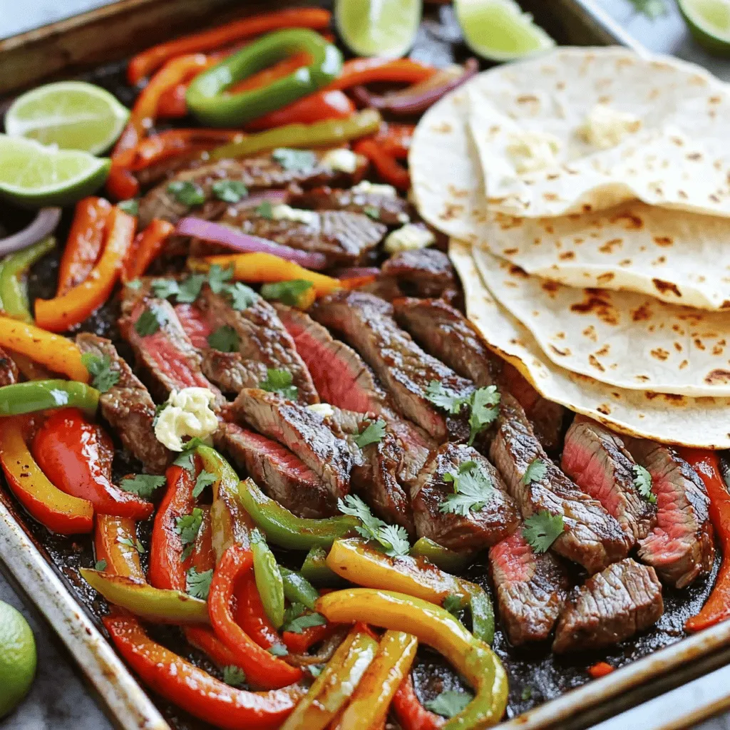 To make Sheet Pan Garlic Butter Steak Fajitas, you need fresh and simple ingredients. Here’s what you’ll need: - 1 pound flank steak, thinly sliced - 2 bell peppers (one red, one green), sliced - 1 medium red onion, sliced - 4 cloves garlic, minced - 1/4 cup unsalted butter - 2 tablespoons olive oil - 2 teaspoons chili powder - 1 teaspoon cumin - 1 teaspoon smoked paprika - Salt and pepper to taste - Fresh cilantro, chopped (for garnish) - Lime wedges (for serving) - Tortillas (for serving) These ingredients come together to create a delicious dish. Flank steak gives a nice flavor and tenderness when cooked right. The bell peppers add sweetness and color. The red onion brings a bit of sharpness. Garlic in the butter makes everything taste better. Using spices like chili powder, cumin, and smoked paprika adds depth. They enhance the steak and veggies. Don’t forget the fresh cilantro; it adds brightness. Lime wedges bring a zesty kick when you squeeze them on top. You can find these ingredients in most grocery stores. Freshness is key for the best taste. Now you're ready to whip up a tasty meal! First, set your oven to 400°F (200°C). This high heat helps cook the steak and veggies evenly. Preheating is key for great fajitas. In a big bowl, mix the sliced flank steak, bell peppers, and red onion. Make sure they are cut into even pieces. This way, they will cook at the same speed. In a small pan, melt the unsalted butter over medium heat. Add the minced garlic and cook until you smell it, about 1-2 minutes. Then, take it off the heat. Stir in chili powder, cumin, smoked paprika, salt, and pepper. This mix packs a lot of flavor! Drizzle the garlic butter mix over the steak and vegetables. Add the olive oil too. Toss everything well. You want every piece to be coated in that tasty garlic butter. Spread the steak and veggie mix on a large sheet pan. Keep everything in a single layer. Don’t overcrowd the pan. This helps them roast nicely without steaming. Place the pan in your preheated oven. Roast for 15-20 minutes. Check that the steak is cooked to your liking and the veggies are tender. Once done, take the pan out and let it rest for a few minutes. Serve the fajitas on warm tortillas. Top with fresh cilantro and lime wedges. Squeeze lime juice for an extra zing! Use flank steak for this dish. It is tender and flavorful. Slice it thin for quick cooking. Sirloin or skirt steak also works well. Choose grass-fed beef for better taste. The quality of the meat matters. Fresh meat makes a big difference. Cut your bell peppers and onions into similar sizes. This helps them cook evenly. Spread them out on the pan. Avoid crowding the pan to let steam escape. When veggies have space, they get nice and caramelized. This adds extra flavor to your fajitas. Get creative with your spices! Add more chili powder for heat. Try different peppers for a unique taste. You can also add a pinch of cayenne for extra kick. Want a smoky flavor? Use more smoked paprika. Fresh lime juice brightens everything up. Experiment until you find your favorite blend! {{image_2}} You can swap the flank steak for portobello mushrooms. These mushrooms are thick and meaty. Slice them like steak and add them to your sheet pan. They soak up the garlic butter flavor well. This option is perfect for a filling vegetarian meal. The spices still work great, giving you that fajita taste without meat. Feel free to mix up the vegetables. You can use zucchini, corn, or even carrots. Just cut them into similar sizes. This way, they cook evenly with the steak or mushrooms. Each veggie adds its own flavor. Try adding some cherry tomatoes for sweetness or jalapeños for heat! If you want a different protein, chicken or shrimp work well. For chicken, use thinly sliced breasts or thighs. Marinate them in the garlic butter mix for extra flavor. For shrimp, choose large, peeled, and deveined shrimp. They cook fast, so watch them closely in the oven. Both options will give you tasty fajitas that everyone will love. To store leftovers, let the fajitas cool first. Place them in an airtight container. Keep them in the fridge for up to three days. This helps keep the flavors fresh. When ready to eat, you can reheat the fajitas. Use a microwave for quick heating. Heat on medium power for one to two minutes. Stir halfway to heat evenly. You can also use a skillet. Heat on medium for about five minutes. This helps keep the steak tender. To freeze the fajitas, pack them tightly in a freezer-safe bag. Remove as much air as possible. They can last for about three months in the freezer. When you are ready to eat, thaw them in the fridge overnight. Reheat as mentioned above for the best taste. The fajitas will stay fresh in your fridge for about 3 days. Store them in an airtight container. If you want to keep them longer, consider freezing them. Yes, you can use other cuts like sirloin or ribeye. Just slice them thinly. The cooking time may change, so watch closely as they roast. You can serve fajitas with several tasty sides. Try rice, beans, or a fresh salad. Guacamole and salsa are great for dipping too. Absolutely! You can prep the steak and veggies a day before. Just store them in the fridge. When you're ready, follow the cooking steps. Corn tortillas work well for a classic taste. Flour tortillas are soft and easy to wrap. Choose what you enjoy most for your fajitas! In this article, we explored how to make delicious steak fajitas using simple ingredients. We discussed step-by-step instructions to prepare and cook the dish. I shared tips for choosing the right steak and customizing flavors. You can also try vegetarian options or different proteins. Lastly, I provided storage tips to keep your leftovers fresh. Now, get cooking and enjoy a tasty meal!