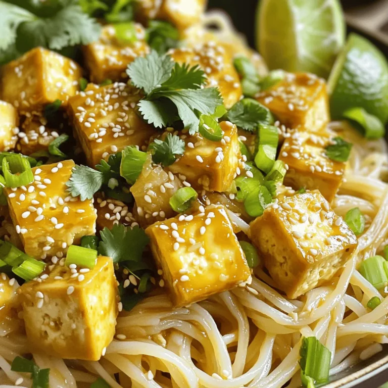 - 200g rice noodles - 200g firm tofu, cubed - 3 tablespoons sesame oil - 3 cloves garlic, minced - 2 tablespoons soy sauce - Sesame seeds - Green onions - Fresh cilantro - Lime wedges - Salt and pepper - Additional sauces (hoisin, etc.) Gathering the right ingredients sets the stage for your meal. First, rice noodles are the heart of this dish. They soak up flavor well and cook quickly. Firm tofu adds protein and a nice texture. Next, sesame oil brings a rich, nutty taste. Minced garlic adds a punch of flavor that makes your dish sing. Soy sauce ties everything together with its salty depth. You can also dress your noodles up with garnishes. Sesame seeds add crunch, while sliced green onions bring freshness. Fresh cilantro adds a burst of color and zest. Lime wedges finish it off with a tangy kick. Don’t forget about seasonings. A little salt and pepper can enhance the flavor. If you want more sweetness or depth, add hoisin sauce. This mix of ingredients will help you create a quick and easy meal that tastes amazing. To start, cook the rice noodles. You will soak them in hot water. This usually takes about 5-7 minutes. When they are soft, drain the noodles and set them aside. Next, it’s time to sauté the tofu. Heat 1 tablespoon of sesame oil in a large skillet over medium-high heat. Once the oil is hot, add the cubed tofu. Cook the tofu for about 5-7 minutes. You want it to turn golden brown on all sides. This gives it a nice texture. When it’s ready, remove the tofu from the pan and set it aside. Now, use the same skillet. Add the remaining sesame oil and the minced garlic. Sauté the garlic for about 30 seconds. You want it fragrant but not burnt. Then, add the cooked rice noodles to the skillet. Pour in the soy sauce and hoisin sauce. Toss everything well and cook for an additional 2-3 minutes. Finally, gently fold in the sautéed tofu, sesame seeds, and sliced green onions. Stir until everything is evenly mixed and heated. Add salt and pepper to taste. Remove from heat and serve right away. Garnish with fresh cilantro and lime wedges for a zesty finish. Tofu can be tricky at first, but I have some easy tips. - How to achieve the best texture: Use firm tofu. Press it before cooking to remove extra water. This step helps the tofu get crispy when sautéed. - Choosing the right tofu: Stick with firm or extra-firm tofu. They hold up better when cooked. Silken tofu works well in smoothies but falls apart in stir-fries. Boost the taste of your dish with simple tricks. - Suggested spices and seasonings: Try adding ginger, chili flakes, or sesame seeds. Each adds a unique flavor profile. - How to adjust sweetness or heat: If you want more sweetness, add a bit of honey or sugar. For heat, sprinkle in chili paste or hot sauce. Meal prep can save you time. - Preparation and reheating tips: Cook the rice noodles and tofu ahead of time. Store them in separate containers in the fridge. When you’re ready to eat, just heat them in a pan. Add the sauces and toss everything together for a quick meal. {{image_2}} You can swap soy sauce for tamari or coconut aminos. These options taste great and are gluten-free. Both add a nice umami flavor to the dish. To boost nutrition, add colorful veggies. Think bell peppers, carrots, or snap peas. These not only add vitamins but also make your dish look vibrant. Want to switch up the protein? Tempeh is a fantastic choice. It has a nutty flavor and is packed with protein. Chicken works well too. Just cut it into small pieces. When using chicken or tempeh, adjust the cooking time. Cook chicken until it reaches 165°F. For tempeh, sauté until it's golden brown, about 5-7 minutes. You can try different noodles for a twist. Soba noodles are tasty and made from buckwheat. Udon noodles are thicker and chewier, giving a different texture. If you choose a new noodle type, adjust the cooking time. Soba typically cooks in about 4-5 minutes. Udon takes about 8-10 minutes. Always check the package for exact times. To store leftovers of Minute Sesame Garlic Tofu Noodles, place them in an airtight container. Make sure to cool the noodles first. This stops the steam from making them soggy. You can keep them in the fridge for about three days. After that, their taste and texture may decline. You can reheat the noodles in a few ways. The microwave is quick and easy. Just place the noodles in a bowl and cover them with a damp paper towel. Heat for one to two minutes. Stir halfway through for even warming. If you prefer the stove, heat a little sesame oil in a skillet. Add the noodles and stir them over medium heat. This method helps keep the flavor and texture intact. Add a splash of soy sauce if they seem dry. Yes, you can freeze Minute Sesame Garlic Tofu Noodles. To freeze, place the cooled noodles in a freezer-safe bag. Squeeze out as much air as possible. They can last in the freezer for up to three months. When you're ready to eat, take them out and thaw in the fridge overnight. For quick defrosting, you can place the bag in cold water for about an hour. Once thawed, reheat them using the stove or microwave as mentioned above for the best taste. This dish is a quick meal. It takes about 10 minutes to prep. The cooking time is around 10 minutes. So, you can have it ready in just 20 minutes. Perfect for a busy day! Yes, you can easily make this dish gluten-free. Simply swap the soy sauce for tamari. Tamari is a gluten-free soy sauce. Make sure to check the hoisin sauce too. Some brands offer gluten-free options. Absolutely! Adding more veggies boosts flavor and nutrients. Great options include bell peppers, carrots, or broccoli. Cook these for about 3-5 minutes with the garlic. This will keep them crisp and tasty. Enjoy your colorful and healthy meal! To make these tasty Sesame Garlic Tofu Noodles, remember the key steps. Start with quality ingredients like rice noodles and firm tofu. Follow the instructions to soak, sauté, and combine. Don't forget the tips for perfect tofu texture and variations for added nutrition. With proper storage and reheating methods, enjoy delicious meals all week. Experiment with flavors to find your favorite twist. Cooking can be fun and easy with the right approach. Dive into your kitchen and make this dish your own!