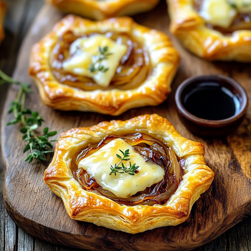 To make caramelized onion Gruyere tartlets, gather these items: - 1 sheet of puff pastry, thawed - 2 large onions, thinly sliced - 1 tablespoon olive oil - 1 tablespoon butter - 1 teaspoon sugar - 1 teaspoon fresh thyme leaves (or ½ teaspoon dried thyme) - 1 cup Gruyere cheese, grated - 1 egg, beaten (for egg wash) - Salt and pepper to taste You can swap out some ingredients if needed. Try these: - Use any cheese like cheddar or mozzarella instead of Gruyere. - Substitute vegetable oil for olive oil. - Use shallots for a sweeter flavor in place of onions. - You can omit butter and use more oil for a dairy-free option. - For a vegan version, skip the egg wash and use a plant-based cheese. To make this recipe, you will need: - A large skillet for cooking the onions - A sharp knife for slicing and scoring - A rolling pin to flatten the puff pastry - A baking sheet lined with parchment paper - A mixing bowl for the egg wash - A spoon for filling the tartlets These tools make the process easier and more fun. Enjoy your cooking adventure! Start by heating your skillet on medium heat. Add one tablespoon of olive oil and one tablespoon of butter. Once the butter melts, add two large, thinly sliced onions. Cook the onions for about 10 minutes. Stir them often. They should turn soft and clear. Next, sprinkle one teaspoon of sugar over the onions. Keep cooking for about 15 more minutes. Stir frequently until the onions turn a deep brown color. This caramelization adds a sweet and rich flavor. Season with salt, pepper, and one teaspoon of fresh thyme leaves. Remove the skillet from heat and let the mixture cool a bit. While your onions cool, prepare the puff pastry. On a lightly floured surface, roll out one sheet of thawed puff pastry. Smooth out any creases. Cut the pastry into small squares, about 3 to 4 inches each. Place these squares on a lined baking sheet. Next, use a sharp knife to score a smaller square inside each piece. Be careful not to cut all the way through. This will create a nice border for the filling. Spoon a good amount of the cooled caramelized onion mixture into the center of each pastry. Then, sprinkle with one cup of grated Gruyere cheese. Now, it’s time to bake! Preheat your oven to 400°F (200°C). Brush the edges of the puff pastry with one beaten egg. This gives a lovely golden finish. Bake the tartlets in the oven for 20 to 25 minutes. Watch for them to puff up and turn golden brown. Once they are ready, take them out of the oven. Let them cool for a few minutes before serving. Enjoy these warm and savory treats! To get the best caramelized onions, slice them thin. This helps them cook evenly. Use medium heat and stir them often. After about ten minutes, they will become soft and clear. Sprinkle a teaspoon of sugar to boost the sweetness. Cook them for another fifteen minutes until they turn deep brown. This caramelization gives the tartlets a rich taste. Season with salt, pepper, and thyme for added flavor. Flaky pastry starts with cold ingredients. Make sure your puff pastry is well-chilled before rolling. If it warms up, it will lose its flakiness. Roll it out gently on a floured surface. Cut it into squares, and score a smaller square inside. This creates a border that helps the pastry puff up while baking. Brush the edges with an egg wash for a beautiful golden finish. Serve the tartlets warm for the best taste. Arrange them on a nice platter and garnish with thyme leaves. This adds color and freshness. For extra flavor, include a small bowl of balsamic reduction on the side. Drizzle it over the tartlets for a sweet and tangy kick. These tartlets make great appetizers for any gathering or special meal. Enjoy the savory goodness! {{image_2}} If you want to switch up the cheese, there are many options. Try using sharp cheddar for a bolder taste. Feta adds a nice tang. Mozzarella gives a creamy stretch that melts well. You can also mix cheeses for a unique blend. Just keep the flavors balanced. You can add more flavor by including veggies or meats. Spinach works well and adds color. Mushrooms bring a rich, earthy taste. For meat lovers, crispy bacon or diced ham can make it hearty. Just sauté any added ingredients before mixing them in. This helps enhance their flavors. To make these tartlets vegan, use plant-based cheese. Olive oil can replace butter in the onion mix. For a gluten-free option, use gluten-free puff pastry. This way, everyone can enjoy the tartlets. Always check labels to ensure your ingredients fit your diet. To keep your caramelized onion Gruyere tartlets fresh, let them cool first. Place them in an airtight container. You can store them in the fridge for up to three days. If you want to keep them longer, consider freezing them. For the best taste, reheat your tartlets in the oven. Preheat the oven to 350°F (175°C). Place the tartlets on a baking sheet and heat for about 10-15 minutes. This method keeps the pastry crispy. You can also use a microwave, but it may make the pastry soft. You can freeze the tartlets after baking. Let them cool completely, then wrap each one in plastic wrap. Place them in a freezer bag or container. They will last up to three months in the freezer. When ready to eat, thaw in the fridge overnight and reheat in the oven. To make caramelized onions, slice two large onions thinly. Heat one tablespoon of olive oil and one tablespoon of butter in a skillet over medium heat. Add the onions and stir them often. Cook for about ten minutes until they are soft and clear. Then, sprinkle one teaspoon of sugar over the onions. Keep cooking for another fifteen minutes. Stir frequently until the onions turn a deep, rich brown. Add salt, pepper, and thyme for flavor. This process brings out their natural sweetness and adds depth to your tartlets. Yes, you can use other cheeses! While Gruyere adds a nutty flavor, you might try cheddar, goat cheese, or mozzarella. Each cheese gives a unique taste and texture. If you want a sharp flavor, go for aged cheddar. For creaminess, goat cheese works well. If you prefer a milder taste, mozzarella is a great option. Mix and match to find your favorite combination. Baking the tartlets takes about twenty to twenty-five minutes. Preheat your oven to 400°F (200°C) first. Once you place the tartlets on the baking sheet, watch for the puff pastry to rise and turn a golden brown. This is when they are ready. Let them cool for a few minutes before serving. Enjoy the crispy, flaky goodness with the rich onion filling! We covered all you need to make delicious tartlets. First, we discussed the ingredients required and offered simple swaps. Next, I guided you through the step-by-step instructions, from prepping onions to baking. I shared tips for the best flavor and texture. You can also find fun variations to suit different diets. Lastly, I provided storage and reheating tips. With this knowledge, you can enjoy your tartlets any time! Now, get cooking and enjoy your tasty creations.