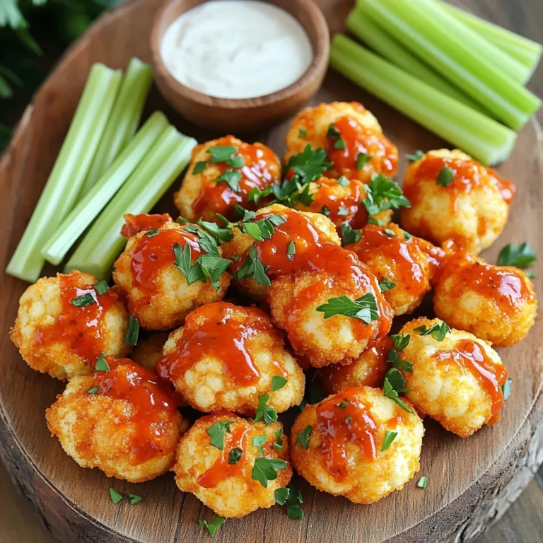 To make Air Fryer Buffalo Cauliflower Bites, you need a few key ingredients. Here’s what you’ll need: - 1 medium head of cauliflower, cut into bite-sized florets - 1 cup all-purpose flour (or gluten-free flour) - 1 cup almond milk (or any plant-based milk) - 1 teaspoon garlic powder - 1 teaspoon onion powder - 1 teaspoon smoked paprika - 1/2 teaspoon cayenne pepper (adjust to taste) - Salt and pepper to taste - 1 cup buffalo sauce (store-bought or homemade) - 2 tablespoons olive oil - Fresh parsley, chopped (for garnish) These ingredients work together to create a crispy, spicy treat that’s hard to resist. If you have dietary needs or preferences, you can easily swap some ingredients. Here are a few ideas: - Use gluten-free flour instead of all-purpose flour for a gluten-free option. - Almond milk can be replaced with any plant-based milk, like oat or soy milk. - For a milder flavor, reduce the cayenne pepper or leave it out entirely. - Olive oil can be swapped for avocado oil or melted coconut oil. These substitutions keep the dish tasty while catering to your needs. Choosing fresh cauliflower is key for this recipe. Here’s how to pick the best head: - Look for a head that is firm and heavy for its size. - The florets should be tightly packed and white. Any brown spots are signs of age. - Check the leaves; they should be green and fresh-looking, not wilted. - Avoid cauliflower with an off smell. Fresh cauliflower has a mild, clean scent. Using fresh cauliflower ensures your bites will be crisp and flavorful. Start by cutting one medium head of cauliflower into bite-sized florets. This size helps them cook evenly. Rinse the florets under cold water to remove any dirt. Then, pat them dry with a clean towel. Dry florets will absorb the batter better. In a mixing bowl, combine one cup of all-purpose flour, one teaspoon of garlic powder, one teaspoon of onion powder, one teaspoon of smoked paprika, and half a teaspoon of cayenne pepper. Add salt and pepper to taste. Whisk these dry ingredients together. Slowly pour in one cup of almond milk. Keep whisking until the batter is smooth. It should be thick enough to coat the cauliflower. Preheat your air fryer to 400°F (200°C). Spray the air fryer basket lightly with cooking spray. This helps the cauliflower not stick. Dip each cauliflower floret in the batter, making sure to coat it evenly. Place the battered florets in a single layer in the basket. Avoid overcrowding. This allows hot air to flow around them. Air fry for 10 to 12 minutes, shaking the basket halfway through. This ensures even cooking and crispiness. While the cauliflower cooks, mix one cup of buffalo sauce and two tablespoons of olive oil in a large bowl. Once the cauliflower is golden and crispy, transfer it to the bowl with the buffalo sauce. Toss gently to coat each piece well. Return the coated cauliflower to the air fryer basket and cook for another 5 minutes. This step makes the bites extra flavorful. Finally, garnish with chopped fresh parsley before serving. Enjoy your tasty Air Fryer Buffalo Cauliflower Bites! To get that crispy texture, use a light batter. Make sure to coat each floret evenly. If your batter is too thick, it won't crisp well. I recommend using almond milk for a light and airy feel. Always preheat your air fryer to 400°F (200°C). This helps to achieve that perfect crunch. Avoid overcrowding the air fryer basket. If you pack in too many florets, they won't cook evenly. This can lead to soggy bites instead of crispy ones. Also, don’t forget to shake the basket halfway through cooking. This ensures all sides get nice and golden. Lastly, watch the cooking time closely to prevent burning. Use fresh spices for the best flavor. Garlic powder, onion powder, and smoked paprika add depth. Adjust the cayenne pepper to control the heat. After air frying, toss the cauliflower in buffalo sauce mixed with olive oil. This step boosts flavor and keeps the bites juicy. Garnish with fresh parsley for a bright finish. {{image_2}} You can spice up your buffalo cauliflower bites in many ways. Try using different sauces for a kick. Sriracha, spicy BBQ, or even mango habanero sauce can add unique flavors. Mix these sauces with olive oil to coat the cauliflower more evenly. You can adjust the heat level by adding more or less sauce. If you need a gluten-free option, you can easily swap out regular flour. Use almond flour or a gluten-free flour blend. Both work well and keep the crispy texture. Just make sure to double-check that your buffalo sauce is also gluten-free. This way, everyone can enjoy these bites without worry. Serving matters! Present your buffalo cauliflower bites on a big platter. You can add celery sticks for crunch and freshness. Pair them with dips like ranch or blue cheese for extra flavor. You can also sprinkle fresh parsley on top for color. Other great garnishes include sliced green onions or sesame seeds. These add a fun look and enhance the taste. After you enjoy your Air Fryer Buffalo Cauliflower Bites, store leftovers properly. Place them in an airtight container. Make sure they cool down first. This helps keep them fresh. You can store them in the fridge for about 3 to 4 days. If you want to enjoy them later, proper storage is key. Reheating your cauliflower bites can be tricky. You want them crispy, not soggy. The best way to reheat is in the air fryer. Set it to 350°F (175°C). Heat them for about 5 to 7 minutes. This method revives their crunch and flavor. Avoid the microwave, as it can make them soft and mushy. If you want to save your bites for later, freezing is a great option. First, let them cool completely. Then, place them in a single layer on a baking sheet. Freeze them for about an hour. Once frozen, transfer to a freezer-safe bag. They can last up to 3 months in the freezer. When ready to eat, cook directly from frozen in the air fryer for about 10 to 12 minutes. This makes for a quick and tasty snack! Yes, you can use frozen cauliflower. Just thaw it first and pat it dry. This helps keep the batter from getting too soggy. Frozen cauliflower might need a bit more time in the air fryer to get crispy. To cut down the heat, use less cayenne pepper in the batter. You can also try a milder buffalo sauce. Another option is to mix in extra almond milk to tone down the spice. Buffalo cauliflower bites go great with ranch or blue cheese dressing. You can also try a creamy garlic sauce or even a sweet chili sauce. The coolness of these dips balances the heat nicely. Yes, you can bake these bites! Preheat your oven to 425°F (220°C). Spread the cauliflower on a baking sheet in a single layer. Bake for about 25-30 minutes, flipping halfway through. This will give you a nice crispy texture, too. This post covered everything you need to make Air Fryer Buffalo Cauliflower Bites. You learned about key ingredients, how to prepare them, and tips for a crispy finish. We also shared variations, storage tips, and answers to common questions. Remember, choosing fresh cauliflower is key for flavor. Experiment with sauces to find your favorite. Enjoy your cooking adventure and share these bites with family and friends!