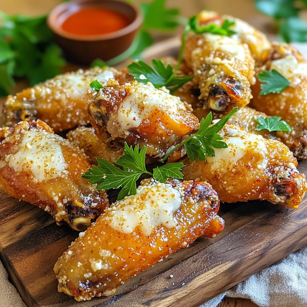 To make these Air Fryer Garlic Parmesan Wings, gather these key items: - 2 lbs chicken wings - 3 tablespoons olive oil - 4 cloves garlic, minced - 1 teaspoon garlic powder - 1 teaspoon onion powder - 1 teaspoon paprika - Salt and pepper to taste - 1/2 cup grated Parmesan cheese - 2 tablespoons fresh parsley, chopped (for garnish) - Optional: Hot sauce for serving Each ingredient plays a big role in the taste and texture of the wings. The chicken wings provide a rich base, while olive oil helps them crisp up nicely in the air fryer. Garlic, both minced and in powder form, adds a bold flavor. Onion powder and paprika give depth, while salt and pepper bring balance. Parmesan cheese adds a savory kick and a satisfying crunch. Fresh parsley not only brightens the dish but gives it a pop of color. If you like heat, consider adding hot sauce on the side for dipping. This combination of ingredients guarantees a delicious treat that everyone will love. First, preheat your air fryer to 400°F (200°C). This step is key for crispy wings. While the fryer warms up, grab a large mixing bowl. In the bowl, add the chicken wings. Pour in 3 tablespoons of olive oil. Then, add 4 cloves of minced garlic, 1 teaspoon of garlic powder, 1 teaspoon of onion powder, and 1 teaspoon of paprika. Season with salt and pepper to taste. Mix everything well until the wings are coated. You want every inch to have flavor. Next, sprinkle half of the grated Parmesan cheese over the wings and toss again. This extra cheese adds a tasty kick. It's time to cook! Place the wings in the air fryer basket. Make sure they are in a single layer. Avoid overcrowding them, as this helps them cook evenly. If needed, cook in batches. Set the timer for 25-30 minutes. Halfway through, flip the wings. This helps them get golden brown on both sides. The air fryer does a great job at making wings crispy without frying them in oil. Once they finish cooking, take the wings out carefully. They will be hot! Now, sprinkle the remaining Parmesan cheese on top. Return the wings to the air fryer for 3-5 more minutes. This melts the cheese and adds to the flavor. After that, remove the wings again. Garnish them with chopped parsley for a fresh touch. Serve hot with optional hot sauce on the side. Enjoy your crispy, savory treat! To get the best crispiness from your air fryer garlic parmesan wings, follow these tips: - Best air fryer settings: Set your air fryer to 400°F (200°C). This high heat cooks the wings fast and crisps them up nicely. - Cooking in batches: Do not overcrowd the basket. If you have a lot of wings, cook them in batches. This way, they can cook evenly and get crispy all around. To make your wings even better, try these flavor enhancements: - Additional spices and sauces: You can add a dash of cayenne for heat, or a sprinkle of smoked paprika for a deeper flavor. You can also toss the wings in your favorite hot sauce after cooking for an extra kick. - Pairing options for serving: Serve your wings with ranch or blue cheese dressing for dipping. Fresh celery sticks also pair well, adding a nice crunch to your meal. {{image_2}} You can switch up your garlic parmesan wings in fun ways. One great option is buffalo-style garlic parmesan wings. Just mix in some hot sauce with your marinade. This adds a spicy kick that makes the wings pop. You can also adjust the heat by adding more or less hot sauce. Another fun twist is using herb-infused flavors. Try adding fresh herbs like rosemary or thyme to your mix. These herbs give a fresh taste that pairs well with garlic and cheese. You can even use dried Italian herbs for a quick option. Both flavors add a new layer to your wings while keeping that savory base. If you don’t have an air fryer, you can still enjoy these wings. Oven-baking is a great method. Preheat your oven to 400°F (200°C). Spread the wings on a baking sheet lined with parchment paper. Bake for about 40-45 minutes. Flip them halfway to ensure they cook evenly. This method gives you crispy wings without an air fryer. Grilling is another tasty choice. Preheat your grill to medium-high heat. Place the wings directly on the grill grates. Cook them for about 20-25 minutes, turning often. This method adds a smoky flavor that is hard to beat. You can also brush on some extra garlic butter while grilling for more flavor. Enjoy experimenting with these variations! To keep your air fryer garlic Parmesan wings fresh, follow these tips: - Let the wings cool down to room temperature before storing. - Place them in an airtight container or wrap them tightly with plastic wrap. - Store the wings in the fridge for up to three days. When you want to reheat the wings, use your air fryer for the best results. Set it to 350°F (175°C) and heat for about 10 minutes. This helps restore their crispiness. Freezing is a great way to save extra wings. Here’s how to freeze them properly: - Allow the wings to cool completely before freezing. - Place them in a freezer-safe bag or container, removing as much air as possible. - Label the bag with the date and store in the freezer for up to three months. To thaw the wings, move them to the fridge a day before you plan to eat them. This method keeps them safe and tasty. If you're in a hurry, you can thaw them in cold water for about an hour. You can store air fryer garlic parmesan wings in the fridge for up to 3 days. Place them in an airtight container. For longer storage, freeze them. They can last up to 3 months in the freezer. Make sure to wrap them well to avoid freezer burn. Yes, you can use frozen chicken wings. However, you will need to adjust the cooking time. Cook them for an extra 5-10 minutes. Check that the internal temperature reaches 165°F (74°C) before serving. This ensures they are safe to eat. Garlic parmesan wings taste great with many dips. Here are some options: - Ranch dressing - Blue cheese dressing - Marinara sauce - Hot sauce for a spicy kick These dips can enhance the savory flavors of the wings and make your meal even better. Air fryer garlic parmesan wings are a tasty treat you can make easily. We covered the key ingredients, prep steps, and cooking tips to ensure crispiness. You can explore fun flavor variations and storage tips to enjoy your wings later. Remember to experiment with your favorite spices, and don’t shy away from pairing them with dips. Make these wings a regular dish; they’re a hit for any occasion. Enjoy your cooking and the delicious results!