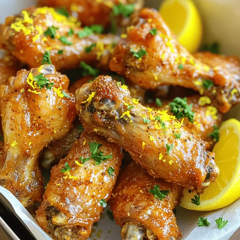 To make tasty air fryer lemon pepper wings, you need some simple and fresh ingredients. Here’s the list: - 2 lbs chicken wings - 2 tablespoons olive oil - 2 teaspoons lemon pepper seasoning - 1 teaspoon garlic powder - 1 teaspoon onion powder - 1 teaspoon smoked paprika - 1/2 teaspoon salt - 1/4 teaspoon black pepper - Zest of 1 lemon - Fresh parsley, chopped (for garnish) - Lemon wedges (for serving) Each of these ingredients plays a key role in creating that crispy and flavorful snack. The chicken wings are the star here, and using fresh wings helps them cook evenly. Olive oil adds moisture and helps the spices stick. Lemon pepper seasoning brings a zesty kick. The garlic and onion powders add depth to the flavor. Smoked paprika gives a slight smokiness that enhances the dish. Salt and black pepper balance the flavors perfectly. Adding lemon zest brightens the wings and gives them a fresh taste. Don’t forget the parsley! It adds a pop of color and a fresh touch when you serve the wings. Lemon wedges on the side are essential for an extra burst of flavor when you bite in. Enjoy your cooking! First, you need to dry the chicken wings. Use paper towels to pat them dry. This step is key for crispiness. Moisture on the wings can make them soggy. The drier they are, the better they will crisp up in the air fryer. Next, let’s mix the spices. In a large bowl, combine 2 tablespoons of olive oil and the spices. Use 2 teaspoons of lemon pepper seasoning, 1 teaspoon of garlic powder, 1 teaspoon of onion powder, 1 teaspoon of smoked paprika, 1/2 teaspoon of salt, and 1/4 teaspoon of black pepper. Don’t forget the zest of 1 lemon! Mix it well until you have a smooth blend. Now, it’s time to coat the wings. Add the dried wings to the bowl. Toss them in the seasoning mix until they are evenly coated. Make sure every wing gets some flavor! Before cooking, preheat your air fryer to 380°F (190°C) for about 5 minutes. This step ensures even cooking. Once preheated, place the seasoned wings in a single layer in the basket. Avoid overcrowding; this helps them crisp. Cook the wings for 25-30 minutes. Halfway through, shake the basket gently. This helps with even cooking. When done, the wings should be golden brown and crispy. Enjoy your tasty air fryer lemon pepper wings! To get crispy air fryer wings, start by drying them well. Pat the wings with paper towels. This step removes moisture and helps crisp the skin. Next, season the wings generously. Use a mix of olive oil, lemon pepper seasoning, garlic powder, onion powder, smoked paprika, salt, and black pepper. This blend adds flavor and aids in crisping. Cook the wings at 380°F (190°C). This temperature is perfect for getting that golden brown color. Remember to shake the basket halfway through cooking. This ensures all wings cook evenly and become crispy. Garnishes make your wings pop. Fresh parsley adds a nice touch and color. You can also serve lemon wedges. The zesty flavor pairs well and enhances the dish. Pair your wings with dipping sauces for extra flavor. Classic choices include ranch and blue cheese. You can also try garlic aioli or spicy sriracha for a twist. If your wings are not crispy enough, check a few things. Ensure you dried the wings thoroughly. Also, don’t overcrowd the air fryer basket. This can trap steam and prevent crisping. For wings that are overcooked or unevenly cooked, adjust your cooking time. Use a meat thermometer to check doneness. Wings should reach an internal temperature of 165°F (74°C). If they are unevenly cooked, try shaking the basket more often. This helps distribute heat better during cooking. {{image_2}} You can switch up the flavors of your wings easily. If you're not a fan of lemon pepper, consider these alternatives: - Garlic Parmesan: Use garlic powder and grated Parmesan cheese. - Buffalo Sauce: Toss wings in spicy buffalo sauce after cooking. - Barbecue: Brush wings with your favorite barbecue sauce for a sweet taste. Feel free to get creative! You can mix spices like cumin, cayenne, or even a hint of curry powder. Each change brings a new twist to the dish. Chicken wings are great, but you can try other proteins too. Here are some options: - Chicken Thighs: They stay juicy and cook well. Adjust the cooking time to 30-35 minutes. - Turkey Wings: They are larger, so cook for about 35-40 minutes at the same temperature. - Cauliflower Wings: For a vegetarian option, use cauliflower florets. Air fry for 15-20 minutes. Each protein has its own unique taste and texture, making your meal fun and varied. You can easily adapt this recipe to fit your diet. Here are some ideas: - Gluten-Free: Most spices are gluten-free. Just ensure your seasoning mix is safe. - Low-Sodium: Use less salt or find salt-free seasoning blends. Eating well doesn't mean giving up taste. You can enjoy these wings and still meet your dietary needs. To store leftover wings, first let them cool down. Once cool, place them in an airtight container. Keep the container in your fridge. This way, the wings stay fresh for up to three days. For best results, separate layers with parchment paper. This will help keep them crispy. To reheat wings, the air fryer is your best friend. Preheat it to 375°F (190°C). Place the wings in the fryer basket in a single layer. Heat them for about 5-7 minutes, shaking halfway through. This method revives their crispiness. If you don’t have an air fryer, you can use an oven. Preheat it to 350°F (175°C). Spread the wings on a baking sheet and cover with foil. Heat for 10-15 minutes. Remove the foil for the last few minutes to crisp them up. Enjoy your tasty wings again! Cook air fryer lemon pepper wings for 25-30 minutes at 380°F (190°C). This time gives you a crispy texture. I suggest shaking the basket halfway through cooking. This ensures even cooking and crisping for all the wings. Yes, you can use frozen chicken wings. Increase the cooking time to 30-35 minutes. Keep the temperature at 380°F (190°C). You may need to check them for doneness. Make sure they reach a safe internal temperature of 165°F (74°C). Lemon pepper wings taste great with several dipping sauces. Here are some popular options: - Ranch dressing - Blue cheese dressing - Honey mustard - Spicy buffalo sauce - Garlic aioli These sauces add a nice contrast to the zesty flavor of the wings. Enjoy experimenting with different dips! To make crispy lemon pepper chicken wings, you need the right ingredients and steps. Start by drying the wings and evenly coating them with seasoning. The air fryer cooks them perfectly when preheated and shaken during cooking. Remember to try different spices or proteins to mix it up. Store leftovers safely, and use the air fryer for easy reheating. Enjoy your wings with your favorite dips. With these tips, you can make tasty wings easily, impressing your friends and family. Happy cooking!