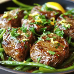 - 1 lb sirloin steak, cut into bite-sized pieces - 3 tablespoons unsalted butter - 4 cloves garlic, minced - 2 cups fresh green beans, trimmed - 1 tablespoon olive oil - Salt, pepper, and smoked paprika - Zest of 1 lemon - Fresh parsley, chopped (for garnish) For this recipe, I choose sirloin steak for its rich flavor and tenderness. Cutting it into bite-sized pieces makes it easy to cook and eat. The unsalted butter and olive oil help create a delicious, rich sauce. Fresh green beans add a nice crunch and color to the dish. Seasoning is key. I use salt, pepper, and smoked paprika to give the steak a smoky flavor. The minced garlic adds a tasty aroma. The lemon zest brightens the dish and balances the richness of the butter. Finally, fresh parsley adds a pop of color and freshness as a garnish. Using these ingredients together creates a delightful dish that is quick to prepare and full of flavor. First, you need to prepare the steak bites. Pat them dry with paper towels. This step helps get a good sear. Then, season the steak with salt, pepper, and smoked paprika. The spices add great flavor and a lovely color. Next, grab a large skillet and heat olive oil over medium-high heat. Add the trimmed green beans to the pan. Sauté them for about five minutes. You want them bright green and tender-crisp. Once done, take them out and set them aside. In the same skillet, add unsalted butter and let it melt. Once the butter is foamy, add the seasoned steak bites in a single layer. If you have a lot, cook them in batches. Sear them for about two to three minutes on each side. This creates a nice crust. When the steak bites are almost cooked to your liking, it’s time for garlic. Add the minced garlic to the skillet. Stir it around for about one minute. You want the garlic to smell good but not burn. This boosts the flavor of your dish. Now, return the sautéed green beans to the skillet. Toss everything together gently. Add in the lemon zest for a fresh touch. Taste and adjust with more salt and pepper if needed. Cook for one more minute to blend the flavors well. Finally, remove the skillet from heat. Garnish the dish with chopped parsley for a pop of color. Serve the steak bites and green beans hot. You can plate them together for a beautiful presentation. Enjoy your meal! For bite-sized cooking, I recommend using sirloin steak. It has a nice balance of flavor and tenderness. Look for cuts with a bit of marbling; this adds juiciness. Other great options are ribeye or tenderloin. These cuts also work well, but sirloin is often more budget-friendly. To get a great crust on your steak bites, start with a hot skillet. Use medium-high heat and make sure your pan is dry. Pat the steak dry with paper towels. This step removes moisture and helps form a nice crust. Add the butter once the pan is hot, and let it melt. Sear the steak in a single layer and avoid crowding the pan. This keeps the temperature high and ensures a good sear. After cooking, let the steak bites cool down. Place them in an airtight container. They can last up to three days in the fridge. To reheat, use a skillet over low heat. This method keeps the steak tender and juicy. You can also microwave them, but be careful not to overdo it. This can make the meat tough. Enjoy your leftovers by adding them to salads or wraps! {{image_2}} You can mix in other veggies to make this dish even better. Try adding bell peppers for a sweet crunch or mushrooms for an earthy flavor. Zucchini is also a great choice; it cooks quickly and adds a nice texture. Broccoli florets can work too, giving you a pop of color. Don’t hesitate to use what you have on hand. Just remember to cut your veggies so they cook evenly. Want a different taste? Change the spices! You can use garlic powder or onion powder for a different flavor. If you like heat, add red pepper flakes or cayenne pepper. A dash of cumin can bring a warm, smoky touch. For an Asian twist, try soy sauce or ginger. Mix and match to find your favorite blend! If you're not in the mood for steak, chicken and shrimp are great swaps. For chicken, use boneless thighs or breasts. Cut them into bite-sized pieces just like the steak. For shrimp, choose large, peeled shrimp. Cook them for about 2-3 minutes until they turn pink. Adjust cooking times as needed. Each option gives a unique taste and keeps the dish exciting! To keep your garlic butter steak bites fresh, store them in airtight containers. Let the dish cool to room temperature before sealing. This helps prevent moisture buildup inside the container. Place the steak bites and green beans together or separate them if you prefer. They will stay good for up to three days in the fridge. If you want to save the dish for later, freezing is a great option. First, let the leftovers cool completely. Then, transfer them to freezer-safe bags or containers. Squeeze out any air to avoid freezer burn. Label the bags with the date. You can freeze the steak bites and green beans for up to three months. When you're ready to eat, thaw them in the fridge overnight. To enjoy your steak bites again, reheating properly is key. The best way is to use a skillet. Heat it over medium-low heat, add a little butter, and then warm the steak and green beans. This method keeps the flavors intact. You can also use the microwave if you're short on time. Just cover the dish with a damp paper towel to keep it moist. Reheat in short intervals until hot. Garlic Butter Steak Bites can last for about 3 to 4 days in the fridge. To keep them fresh, store your steak bites in an airtight container. This helps maintain their flavor and texture. When you reheat them, do it gently on low heat. This will help avoid overcooking the steak. Yes, you can prepare some parts ahead of time. Season your steak bites and trim your green beans the day before. Store them separately in the fridge. This way, you save time and can cook quickly when you’re ready to eat. For a balanced meal, pair your steak bites with rice or mashed potatoes. A fresh salad with a light dressing also works well. If you want more veggies, add some roasted carrots or a mix of sautéed bell peppers. You can use frozen green beans, but they may need more cooking time. Thaw them first and pat them dry. This helps remove excess water. Fresh green beans are crisper, but frozen beans are still tasty and convenient. This recipe combines sirloin steak and green beans for a simple, tasty dish. We covered how to prepare ingredients, cook the green beans, and sear the steak. You learned the importance of seasoning and garnishing for flavor. Try different proteins and veggies to keep things fun. Storing leftovers well can help you enjoy this meal later. Use these tips to impress your family and friends. Enjoy cooking and flavoring your meals!